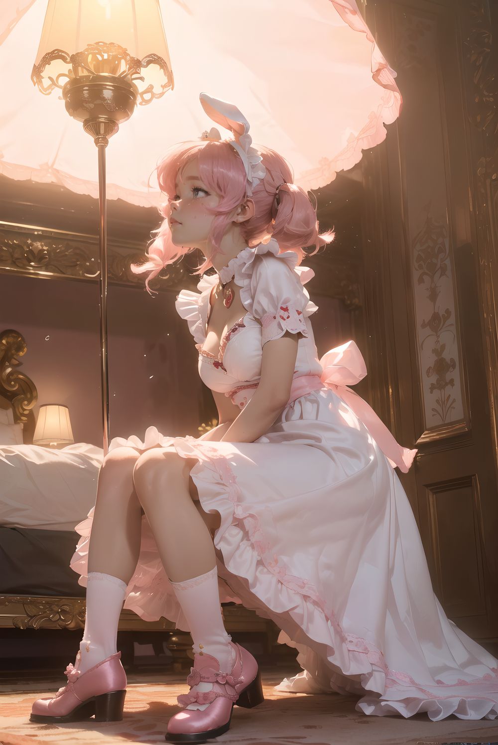 (((((
sweet junior bunny maid anxiously awaiting master?s return, silky pink twintails with glossy fluffy curls bouncing with each breath, large heart-shaped lavender eyes with long lashes reflecting pink lamp and subtle glassy tears, 145cm chubby soft figure trembling slightly, small perky bust rising under frilly maid dress, thick thighs pressed together on carpet, milky skin glowing with warmth and faint goosebumps, wearing delicate pink-white maid dress with heart-shaped chest cutout revealing subtle cleavage shadow, strawberry-embroidered apron with lace trim, floppy white bunny ears with pink satin lining drooping cutely, silver bell collar and cuffs tinkling softly, fluffy tail swaying, knee-high socks with heart embroidery folded slightly, glossy pink enamel shoes with heart buckles, sitting on thick plush carpet hugging giant worn teddy bear with one ear flopped, looking up with needy pout and quivering lower lip, luxurious bedroom with ornate four-poster canopy bed swathed in layered pink silk and buried under mountain of stuffed animals, strawberry milk glass lamp casting soft conical pink light creating rim glow on hair and dress, gentle lens flare, shallow depth of field with creamy bokeh of plush pile, masterpiece, best quality, ultra-detailed, sharp focus, (8k resolution:1.1), cinematic lighting, depth of field
)))))