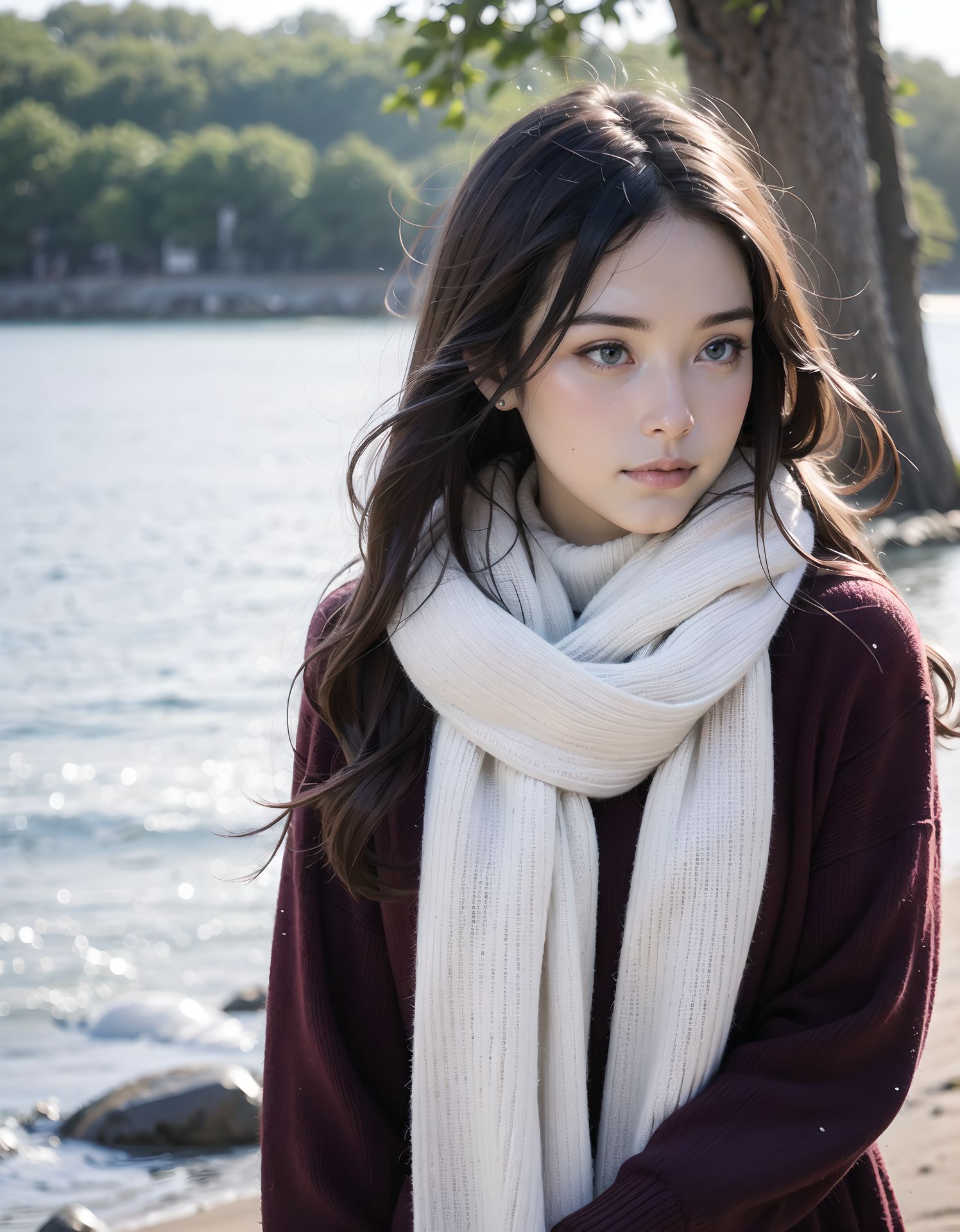 ?Scene / Environment?
seaside grassy hill in cold breeze,
clear chilly air, crisp morning brightness, gentle seaside winter silence,
?Outfit / Clothing?
black slim turtleneck + long wool skirt + knit cardigan,
soft layers, warm textures, winter modest elegance,
?Pose / Body?
adjusting scarf,
gentle movements blending shyness and small confidence,
?Expression / Gaze?
warm breath gaze,
?Camera Angle / Framing?
50mm natural portrait, cowboy shot framing, airy outdoor depth,
?Lighting / Mood?
seaside winter sparkle,
clean bright winter gravure tone,
?Skin / Texture / Detail?
soft fair skin with winter glow, knit and coat fibers detailed, breath visible in cold air,
?Story Snippet?
when the winter breeze lifts her coat hem, she adjusts her scarf with that familiar shy?bold habit, letting the lens see just enough warmth,
BLAKE
semi-long black wavy hair, vivid expressive eyes, adult 20+, winter tree shade pale sun, cream turtleneck knit + pleated skirt + tights, weight shift checking skirt, shy upward glance in scarf, 50mm natural portrait, seaside sparkle, clean winter gravure mood, masterpiece, best quality,