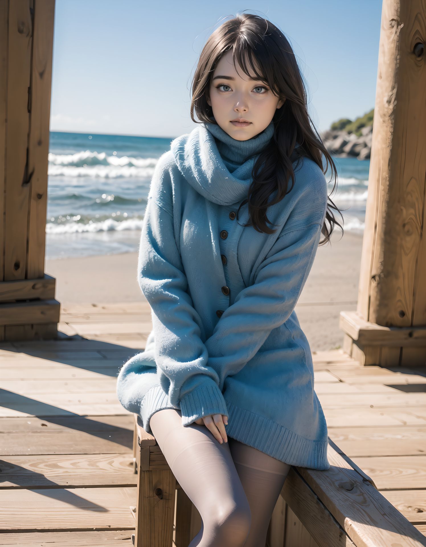 ?Scene / Environment?
wooden deck by cold ocean wind,
clear chilly air, crisp morning brightness, gentle seaside winter silence,

?Outfit / Clothing?
cream turtleneck knit + pleated skirt + warm tights,
soft layers, warm textures, winter modest elegance,

?Pose / Body?
weight shift checking skirt,
gentle movements blending shyness and small confidence,

?Expression / Gaze?
shy upward glance in scarf,

?Camera Angle / Framing?
50mm natural portrait, no wearing shot framing, airy outdoor depth,
?Lighting / Mood?
dappled winter shade,
clean bright winter gravure tone,

?Skin / Texture / Detail?
soft fair skin with winter glow, knit and coat fibers detailed, breath visible in cold air,

?Story Snippet?
when the winter breeze lifts her coat hem, she adjusts her scarf with that familiar shy?bold habit, letting the lens see just enough warmth,

BLAKE

semi-long black wavy hair, vivid expressive eyes, adult 20+, wooden deck cold ocean wind, cream turtleneck knit + pleated skirt + tights, adjusting scarf, ?look but not all? teasing eyes, 50mm natural portrait, seaside sparkle, clean winter gravure mood, masterpiece, best quality,