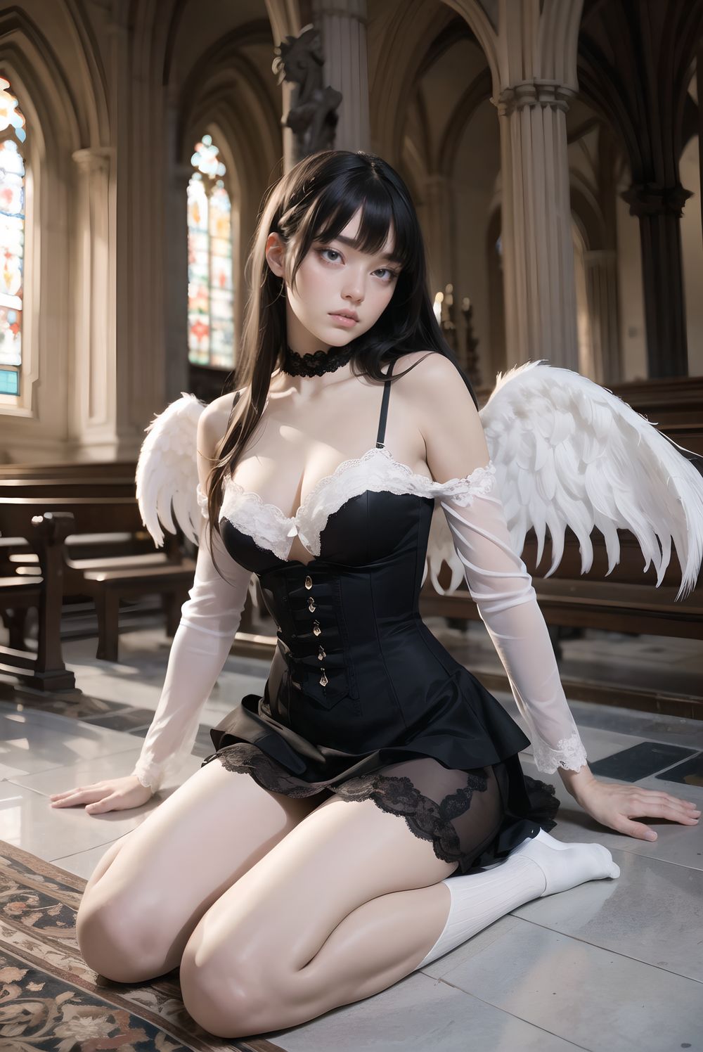 1girl, solo, masterpiece, best quality, photorealistic 8k raw photo, 
beautiful 18-year-old Japanese girl with silver-white short hair, straight bangs, one eye hidden, 
large dark blue-green eyes glistening with silent tears and quiet reverence, soft lips parted in awe, cheeks pale with faint blush,

wearing only delicate pure white lace lingerie with modest gothic elegance:
long-sleeve white lace camisole with high neck and subtle frills covering shoulders to wrists,
high-waist white lace bloomers with soft layered ruffles reaching mid-thigh,
white lace choker with tiny cross pendant, pristine and angelic against pale skin,

abandoned gothic cathedral nave at golden hour,
pews buried under avalanche of 30 classmates? elegant black gothic lolita uniforms:
black velvet jackets with silver crosses draped over pews,
long black skirts with white lace petticoats collapsed like fallen angels,
black bonnets and veils hanging from crucifixes,
black corset vests half-unbuttoned revealing white blouses beneath,
black stockings and mary janes scattered across marble floor,

collapsed stained glass windows spilling fractured sunset rays in crimson, gold and violet,
single dramatic beam piercing from broken rose window directly onto her pure white figure at the altar,
long god-ray cutting through swirling dust and floating lace threads,
absolute sacred silence, overwhelming blasphemy and sanctity,

(extreme desecrated cathedral taboo:2.0), 
(pure white lace angel in sea of black fallen uniforms:2.0), 
(single divine sunset beam spotlight:1.9), 
(no savior will come:1.9),