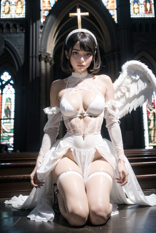 1girl, solo, masterpiece, best quality, photorealistic 8k raw photo, 
beautiful 18-year-old Japanese girl with silver-white short hair, straight bangs, one eye hidden, 
large dark blue-green eyes glistening with silent tears and quiet reverence, soft lips parted in awe, cheeks pale with faint blush,

wearing only delicate pure white lace lingerie with modest gothic elegance:
long-sleeve white lace camisole with high neck and subtle frills covering shoulders to wrists,
high-waist white lace bloomers with soft layered ruffles reaching mid-thigh,
white lace choker with tiny cross pendant, pristine and angelic against pale skin,

abandoned gothic cathedral nave at golden hour,
pews buried under avalanche of 30 classmates? elegant black gothic lolita uniforms:
black velvet jackets with silver crosses draped over pews,
long black skirts with white lace petticoats collapsed like fallen angels,
black bonnets and veils hanging from crucifixes,
black corset vests half-unbuttoned revealing white blouses beneath,
black stockings and mary janes scattered across marble floor,

collapsed stained glass windows spilling fractured sunset rays in crimson, gold and violet,
single dramatic beam piercing from broken rose window directly onto her pure white figure at the altar,
long god-ray cutting through swirling dust and floating lace threads,
absolute sacred silence, overwhelming blasphemy and sanctity,

(extreme desecrated cathedral taboo:2.0), 
(pure white lace angel in sea of black fallen uniforms:2.0), 
(single divine sunset beam spotlight:1.9), 
(no savior will come:1.9),