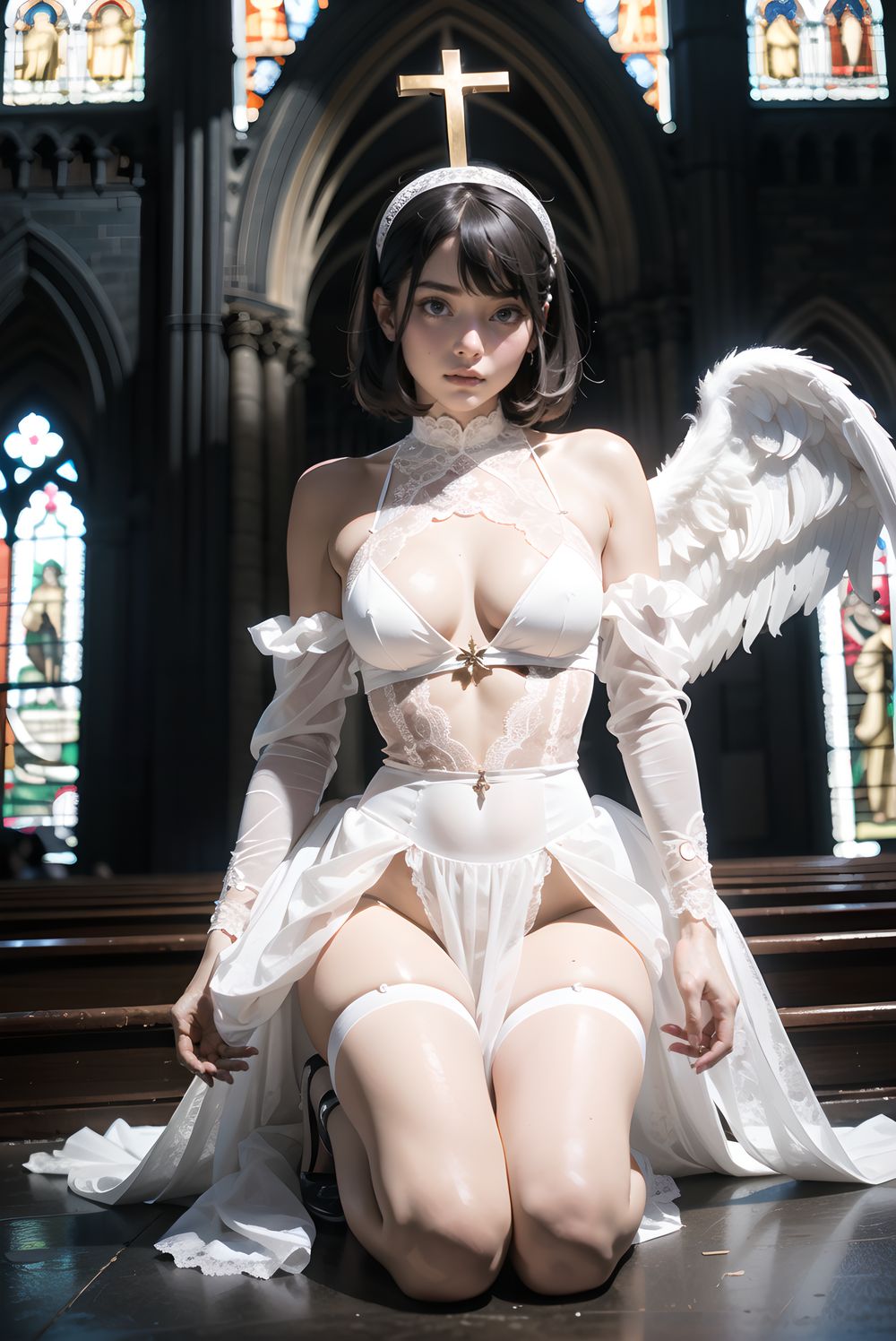 1girl, solo, masterpiece, best quality, photorealistic 8k raw photo, 
beautiful 18-year-old Japanese girl with silver-white short hair, straight bangs, one eye hidden, 
large dark blue-green eyes glistening with silent tears and quiet reverence, soft lips parted in awe, cheeks pale with faint blush,

wearing only delicate pure white lace lingerie with modest gothic elegance:
long-sleeve white lace camisole with high neck and subtle frills covering shoulders to wrists,
high-waist white lace bloomers with soft layered ruffles reaching mid-thigh,
white lace choker with tiny cross pendant, pristine and angelic against pale skin,

abandoned gothic cathedral nave at golden hour,
pews buried under avalanche of 30 classmates? elegant black gothic lolita uniforms:
black velvet jackets with silver crosses draped over pews,
long black skirts with white lace petticoats collapsed like fallen angels,
black bonnets and veils hanging from crucifixes,
black corset vests half-unbuttoned revealing white blouses beneath,
black stockings and mary janes scattered across marble floor,

collapsed stained glass windows spilling fractured sunset rays in crimson, gold and violet,
single dramatic beam piercing from broken rose window directly onto her pure white figure at the altar,
long god-ray cutting through swirling dust and floating lace threads,
absolute sacred silence, overwhelming blasphemy and sanctity,

(extreme desecrated cathedral taboo:2.0), 
(pure white lace angel in sea of black fallen uniforms:2.0), 
(single divine sunset beam spotlight:1.9), 
(no savior will come:1.9),