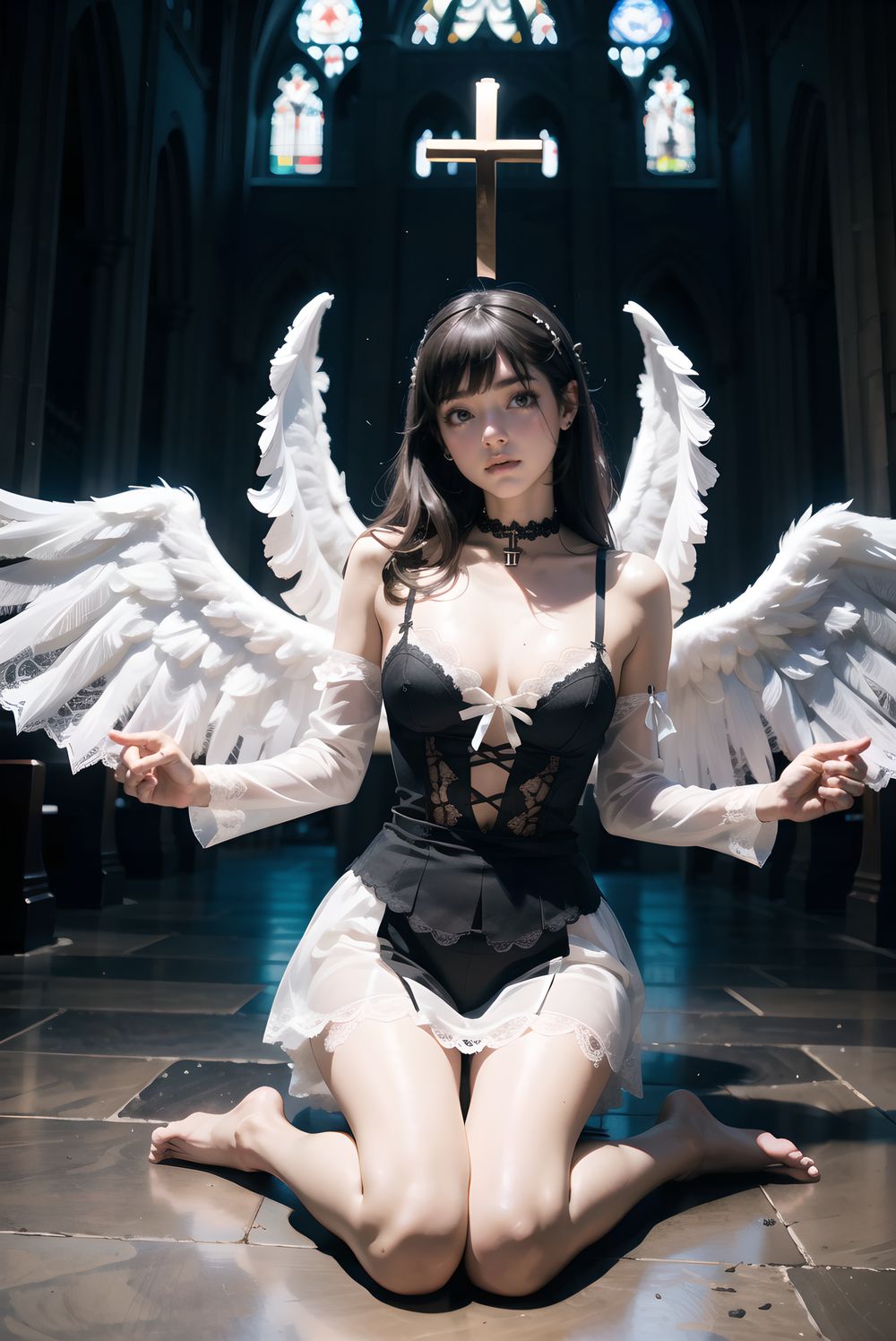 1girl, solo, masterpiece, best quality, photorealistic 8k raw photo, 
beautiful 18-year-old Japanese girl with silver-white short hair, straight bangs, one eye hidden, 
large dark blue-green eyes glistening with silent tears and quiet reverence, soft lips parted in awe, cheeks pale with faint blush,

wearing only delicate pure white lace lingerie with modest gothic elegance:
long-sleeve white lace camisole with high neck and subtle frills covering shoulders to wrists,
high-waist white lace bloomers with soft layered ruffles reaching mid-thigh,
white lace choker with tiny cross pendant, pristine and angelic against pale skin,

abandoned gothic cathedral nave at golden hour,
pews buried under avalanche of 30 classmates? elegant black gothic lolita uniforms:
black velvet jackets with silver crosses draped over pews,
long black skirts with white lace petticoats collapsed like fallen angels,
black bonnets and veils hanging from crucifixes,
black corset vests half-unbuttoned revealing white blouses beneath,
black stockings and mary janes scattered across marble floor,

collapsed stained glass windows spilling fractured sunset rays in crimson, gold and violet,
single dramatic beam piercing from broken rose window directly onto her pure white figure at the altar,
long god-ray cutting through swirling dust and floating lace threads,
absolute sacred silence, overwhelming blasphemy and sanctity,

(extreme desecrated cathedral taboo:2.0), 
(pure white lace angel in sea of black fallen uniforms:2.0), 
(single divine sunset beam spotlight:1.9), 
(no savior will come:1.9),