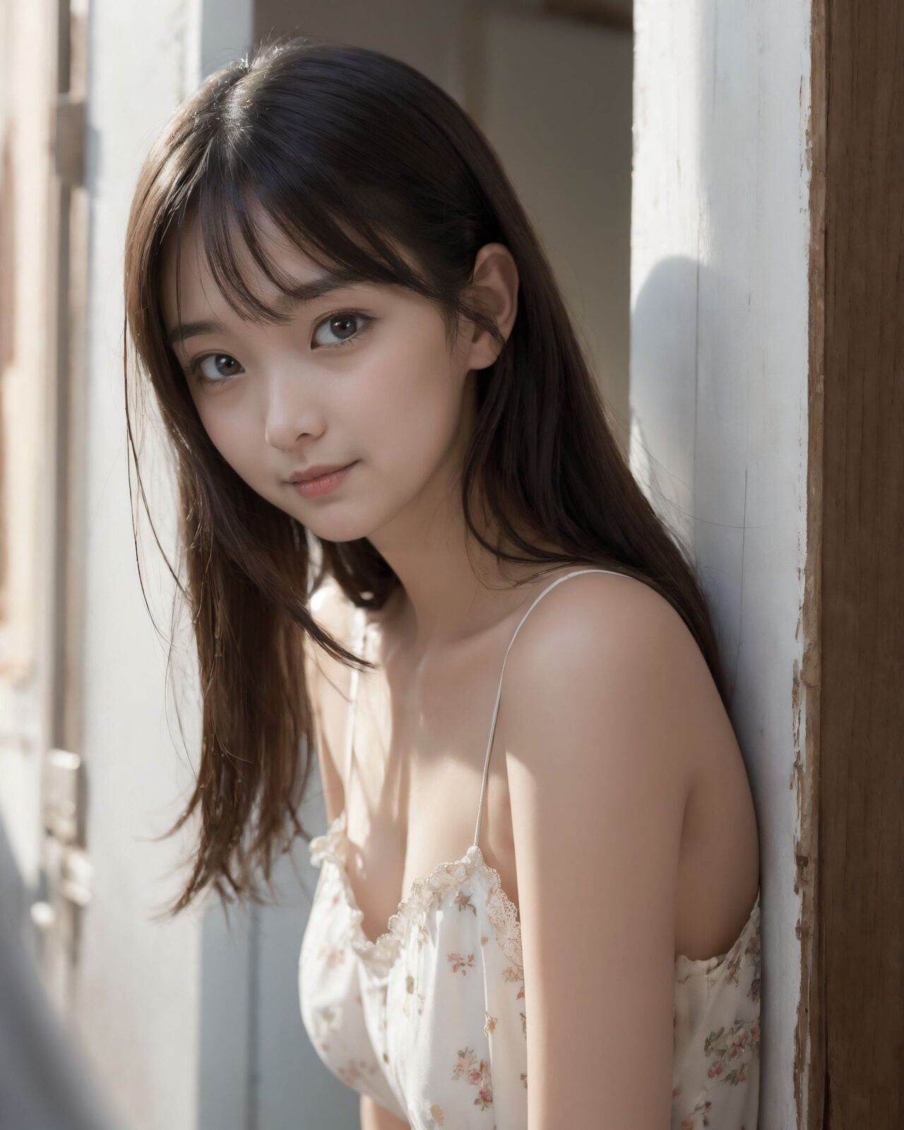 A 16-year-old fairy girl with an innocent and pure charm,(Gymnastics Centers),
her innocent expression, gentle smile, shyness,

shy idol-like smile,

dark, deep blue-green eyes that radiate a pure brilliance,
silver hair, stylish short haircut, delicate hair flow,


a look into the camera, a look that meets the eye, embodying the wonder of a child,

close-up shots,
soft, natural poses, youthful and elegant shots,


a mischievous look, an ideal fusion of innocence and charm,
embodying the popular kawaii girl,
elements of Lolita fashion, fresh and pure poses, exuding natural charm,


emphasizing her cuteness from a low angle and bringing out the delicate texture of her hair and clothes.
Soft natural light casts a soft shadow, bringing out the contours of her youthful face.


making her stand out clearly.
The shallow depth of field of the 50mm f/1.2 lens creates beautiful depth of field blur with her face in focus.
High resolution, detailed graphics,
vibrant colors, professional quality,


ultra-high resolution, every detail is reproduced clearly, from the individual strands of hair to the intricate weave of the costume.
The vivid contrast of the professional-quality image brings the vivid colors to life.

(EasyNegativeV2: -1.5), (Worst Quality, Low Quality: -1.2),
(Mole: -1.1), (Skin Spot: -1.2), (Freckle: -1.3)
(Poor Hand: -5: -1.2), (Negative Hand: -1.1),

BLAKE

A high detail illustration of a young Japanese girl with a **shy yet curious expression**. 
Her expression should convey a sense of hesitant curiosity, as if she is trying to understand her own emotions of nervousness and excitement. Her cheeks should be flushed lightly, and her eyes should have a gentle sparkle, hinting at both her hesitation and her playful desire to show herself.

She wears a revealing summer dress with **lace details** that peek out, adding an element of innocent allure. Her hands should be placed near her neckline, **gently pulling the fabric aside as if to reveal more of her chest**, but with a sense of hesitation that conveys her mixed feelings. Her pose should be slightly twisted, suggesting vulnerability while also giving a hint of confidence as if she is trying to overcome her shyness.

The focus should be on her **facial expressions?soft, sparkling eyes, flushed cheeks, and a tiny, nervous smile** that shows her internal conflict between wanting to be daring and feeling hesitant. Her posture should feel both reserved and exploratory, making it appear that she is testing her own boundaries.

The illustration should be rendered in a **2.5D anime-inspired art style**, with bright and vibrant colors. The emphasis should be on capturing the moment of emotional conflict, balancing innocence with a daring, yet unsure charm. The setting should be simple, allowing the focus to remain on her actions and expressions, and ensuring that the sense of charm and playfulness is at the forefront.

BLAKE

(A girl with her large breasts),
(from front),
dynamic angle,(leaning forward),
moderately normal perky breasts, happiness, depth of field, bed, girl's room,

 
The room in the background is decorated in soft, girlish colors. The room has been enchanted, and a gentle light illuminates the many items in the room.
The girl is wearing a confident smile.
The whole screen is a scene where fantasy elements and her erotic-kawaii charm fuse together.

BLAKE

A high detail illustration of a young Japanese girl with a shy yet funy expression, She should look as if she is caught in an emotional mix of nervousness and excitement, her cheeks flushed deeply, and her eyes wide with a hint of tears welling up, reflecting her vulnerability and hesitation. reflecting her playful desire to show herself, but now with an added layer of innocence and reluctance.

She has long black hair that falls past her shoulders and wears a slightly revealing summer dress. Her hands should be positioned near her chest, as if holding her dress up to cover herself, creating a sense of both self-consciousness and wanting to reveal. She should also be lifting the hem of her dress just enough , adding to the tension between innocence and boldness. Her body language should emphasize a mix of defensiveness and thrill, similar to someone caught between wanting to hide and wanting to be seen.

The illustration should focus on her **facial expressions?wide eyes with tears, flushed cheeks, and a slightly trembling, unsure smile**, capturing the tension between her desires and her hesitation. The anime-inspired art style should use bright, vibrant tones, bringing out her emotional conflict while keeping the overall atmosphere charming and a bit playful.