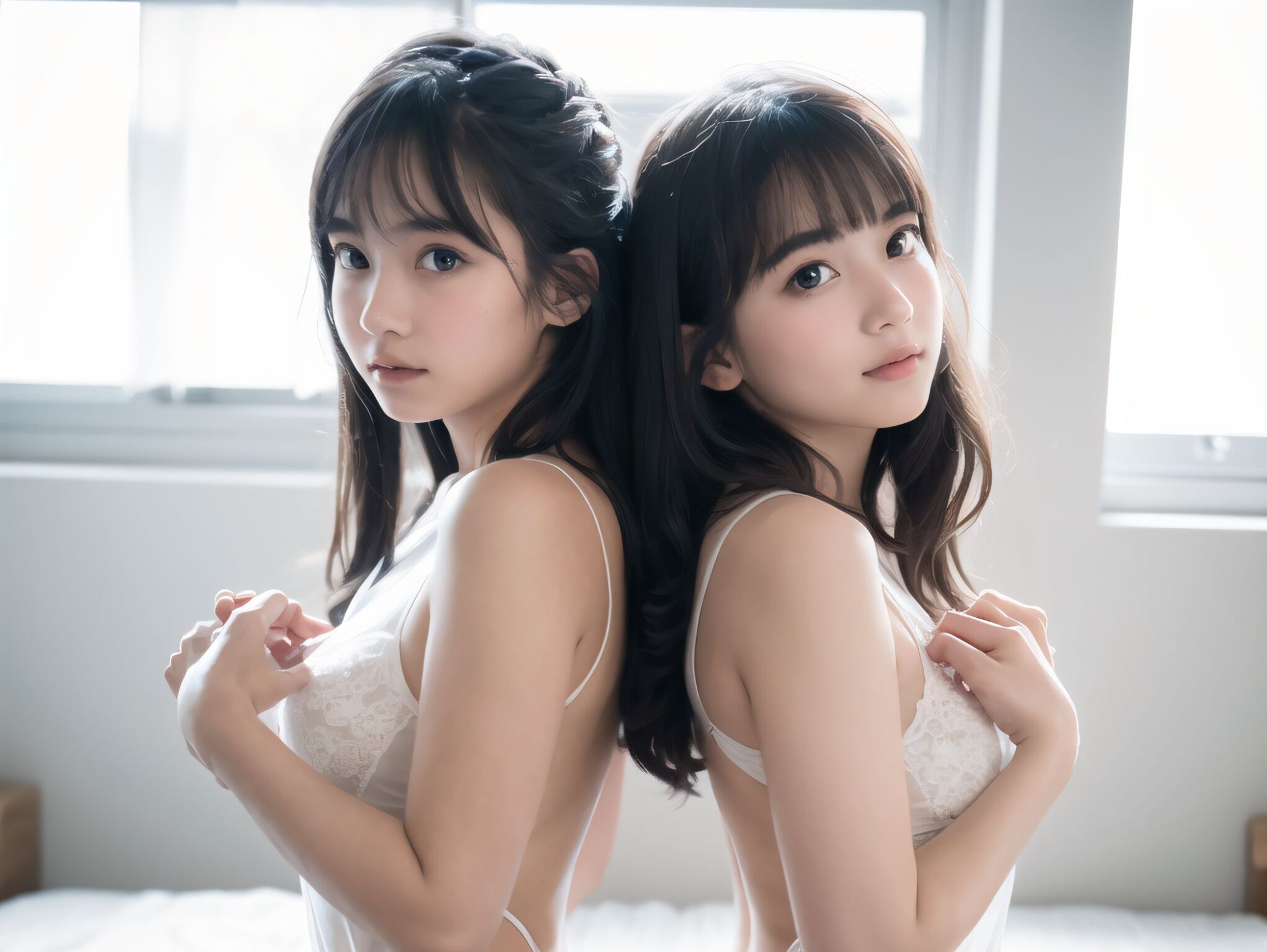 (twins girls, back to back,twins fashion:1.8),(twins girls, back to back,twins fashion:1.8),(twins girls, back to back,twins fashion:1.8),

(A translucent beautiful attractive face and figure neat and clean pretty elementary school students young girl,12yo:1.6),(embarrassed smile:1.2),(12yo:1.6),(12yo:1.6),
(idol face:1.6),(beautiful medium breasts), She wears her hair in a youthful style and possesses a cute face, Though slightly embarrassed, she's lying on the bed,
(4k, ultra high res, best quality, masterpiece:1.2), (photo realistic:1.4), (studio lighting),exceptionally detailed RAW color photo, professional-grade photograph,

(Photos for infantile tastes:1.6),
(Young girl standing, relaxing, sexy pose with knees open, childish body: 1.5),

**

(twins girls, back to back,twins fashion:1.8),

**
BLAKE


(A 16-year-old fairy girl with an innocent subtle sunlight filtering through sheer curtains. A gentle, serene expression on her face, creating a homely, comforting atmosphere),

her innocent expression, gentle smile, shyness,

shy idol-like smile,

dark, deep blue-green eyes that radiate a pure brilliance,
silver hair, stylish short haircut, delicate hair flow,


a look into the camera, a look that meets the eye, embodying the wonder of a child,

close-up shots,
soft, natural poses, youthful and elegant shots,


a mischievous look, an ideal fusion of innocence and charm,
embodying the popular kawaii girl,
elements of Lolita fashion, fresh and pure poses, exuding natural charm,


emphasizing her cuteness from a low angle and bringing out the delicate texture of her hair and clothes.
Soft natural light casts a soft shadow, bringing out the contours of her youthful face.


making her stand out clearly.
The shallow depth of field of the 50mm f/1.2 lens creates beautiful depth of field blur with her face in focus.
High resolution, detailed graphics,
vibrant colors, professional quality,


ultra-high resolution, every detail is reproduced clearly, from the individual strands of hair to the intricate weave of the costume.
The vivid contrast of the professional-quality image brings the vivid colors to life.

(EasyNegativeV2: -1.5), (Worst Quality, Low Quality: -1.2),
(Mole: -1.1), (Skin Spot: -1.2), (Freckle: -1.3)
(Poor Hand: -5: -1.2), (Negative Hand: -1.1),

BLAKE

A high detail illustration of a young Japanese girl with a **shy yet curious expression**.
Her expression should convey a sense of hesitant curiosity, as if she is trying to understand her own emotions of nervousness and excitement. Her cheeks should be flushed lightly, and her eyes should have a gentle sparkle, hinting at both her hesitation and her playful desire to show herself.

She wears a revealing summer dress with **lace details** that peek out, adding an element of innocent allure. Her hands should be placed near her neckline, **gently pulling the fabric aside as if to reveal more of her chest**, but with a sense of hesitation that conveys her mixed feelings. Her pose should be slightly suggesting vulnerability while also giving a hint of confidence as if she is trying to overcome her shyness.

The focus should be on her **facial expressions?soft, sparkling eyes, flushed cheeks, and a tiny, nervous smile** that shows her internal conflict between wanting to be daring and feeling hesitant. Her posture should feel both reserved and exploratory, making it appear that she is testing her own boundaries.

The illustration should be rendered in a **2.5D anime-inspired art style**, with bright and vibrant colors. The emphasis should be on capturing the moment of emotional conflict, balancing innocence with a daring, yet unsure charm. The setting should be simple, allowing the focus to remain on her actions and expressions, and ensuring that the sense of charm and playfulness is at the forefront.

BLAKE



A high detail illustration of a young Japanese girl with a shy yet funy expression, She should look as if she is caught in an emotional mix of nervousness and excitement, her cheeks flushed deeply, and her eyes wide with a hint of tears welling up, reflecting her vulnerability and hesitation. reflecting her playful desire to show herself, but now with an added layer of innocence and reluctance.

She has long black hair that falls past her shoulders and wears a slightly revealing summer dress. Her hands should be positioned near her chest, as if holding her dress up to cover herself, creating a sense of both self-consciousness and wanting to reveal. She should also be lifting the hem of her dress just enough , adding to the tension between innocence and boldness. Her body language should emphasize a mix of defensiveness and thrill, similar to someone caught between wanting to hide and wanting to be seen.

The illustration should focus on her **facial expressions?wide eyes with tears, flushed cheeks, and a slightly trembling, unsure smile**, capturing the tension between her desires and her hesitation. The anime-inspired art style should use bright, vibrant tones, bringing out her emotional conflict while keeping the overall atmosphere charming and a bit playful.