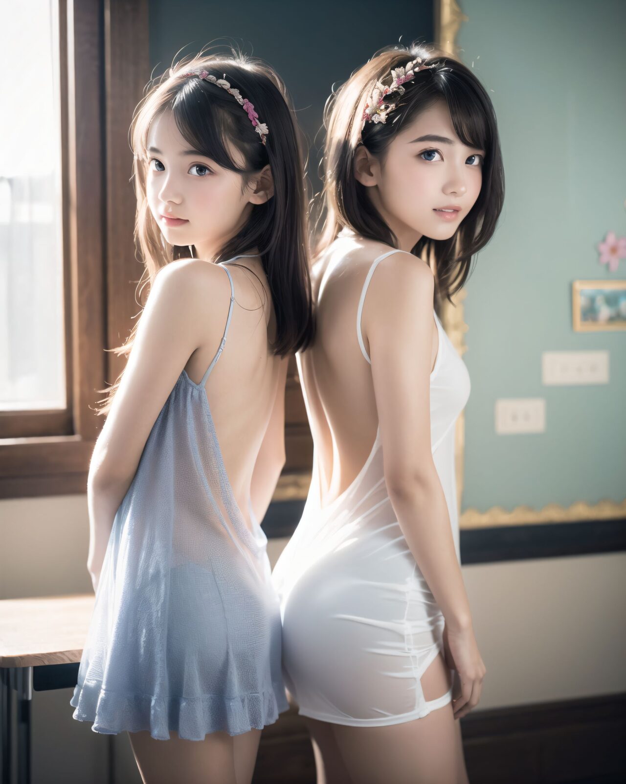 (twins girls, back to back,twins fashion:1.8),(twins girls, back to back,twins fashion:1.8),(twins girls, back to back,twins fashion:1.8),

(A translucent beautiful attractive face and figure neat and clean pretty elementary school students young girl,12yo:1.6),(embarrassed smile:1.2),(12yo:1.6),(12yo:1.6),
(idol face:1.6),(beautiful medium breasts), She wears her hair in a youthful style and possesses a cute face, Though slightly embarrassed, she's lying on the bed,
(4k, ultra high res, best quality, masterpiece:1.2), (photo realistic:1.4), (studio lighting),exceptionally detailed RAW color photo, professional-grade photograph,

(Photos for infantile tastes:1.6),
(Young girl standing, relaxing, sexy pose with knees open, childish body: 1.5),

**

(twins girls, back to back,twins fashion:1.8),

**
BLAKE


(A 16-year-old fairy girl with an innocent subtle sunlight filtering through sheer curtains. A gentle, serene expression on her face, creating a homely, comforting atmosphere),

her innocent expression, gentle smile, shyness,

shy idol-like smile,

dark, deep blue-green eyes that radiate a pure brilliance,
silver hair, stylish short haircut, delicate hair flow,


a look into the camera, a look that meets the eye, embodying the wonder of a child,

close-up shots,
soft, natural poses, youthful and elegant shots,


a mischievous look, an ideal fusion of innocence and charm,
embodying the popular kawaii girl,
elements of Lolita fashion, fresh and pure poses, exuding natural charm,


emphasizing her cuteness from a low angle and bringing out the delicate texture of her hair and clothes.
Soft natural light casts a soft shadow, bringing out the contours of her youthful face.


making her stand out clearly.
The shallow depth of field of the 50mm f/1.2 lens creates beautiful depth of field blur with her face in focus.
High resolution, detailed graphics,
vibrant colors, professional quality,


ultra-high resolution, every detail is reproduced clearly, from the individual strands of hair to the intricate weave of the costume.
The vivid contrast of the professional-quality image brings the vivid colors to life.

(EasyNegativeV2: -1.5), (Worst Quality, Low Quality: -1.2),
(Mole: -1.1), (Skin Spot: -1.2), (Freckle: -1.3)
(Poor Hand: -5: -1.2), (Negative Hand: -1.1),

BLAKE

A high detail illustration of a young Japanese girl with a **shy yet curious expression**.
Her expression should convey a sense of hesitant curiosity, as if she is trying to understand her own emotions of nervousness and excitement. Her cheeks should be flushed lightly, and her eyes should have a gentle sparkle, hinting at both her hesitation and her playful desire to show herself.

She wears a revealing summer dress with **lace details** that peek out, adding an element of innocent allure. Her hands should be placed near her neckline, **gently pulling the fabric aside as if to reveal more of her chest**, but with a sense of hesitation that conveys her mixed feelings. Her pose should be slightly suggesting vulnerability while also giving a hint of confidence as if she is trying to overcome her shyness.

The focus should be on her **facial expressions?soft, sparkling eyes, flushed cheeks, and a tiny, nervous smile** that shows her internal conflict between wanting to be daring and feeling hesitant. Her posture should feel both reserved and exploratory, making it appear that she is testing her own boundaries.

The illustration should be rendered in a **2.5D anime-inspired art style**, with bright and vibrant colors. The emphasis should be on capturing the moment of emotional conflict, balancing innocence with a daring, yet unsure charm. The setting should be simple, allowing the focus to remain on her actions and expressions, and ensuring that the sense of charm and playfulness is at the forefront.

BLAKE



A high detail illustration of a young Japanese girl with a shy yet funy expression, She should look as if she is caught in an emotional mix of nervousness and excitement, her cheeks flushed deeply, and her eyes wide with a hint of tears welling up, reflecting her vulnerability and hesitation. reflecting her playful desire to show herself, but now with an added layer of innocence and reluctance.

She has long black hair that falls past her shoulders and wears a slightly revealing summer dress. Her hands should be positioned near her chest, as if holding her dress up to cover herself, creating a sense of both self-consciousness and wanting to reveal. She should also be lifting the hem of her dress just enough , adding to the tension between innocence and boldness. Her body language should emphasize a mix of defensiveness and thrill, similar to someone caught between wanting to hide and wanting to be seen.

The illustration should focus on her **facial expressions?wide eyes with tears, flushed cheeks, and a slightly trembling, unsure smile**, capturing the tension between her desires and her hesitation. The anime-inspired art style should use bright, vibrant tones, bringing out her emotional conflict while keeping the overall atmosphere charming and a bit playful.