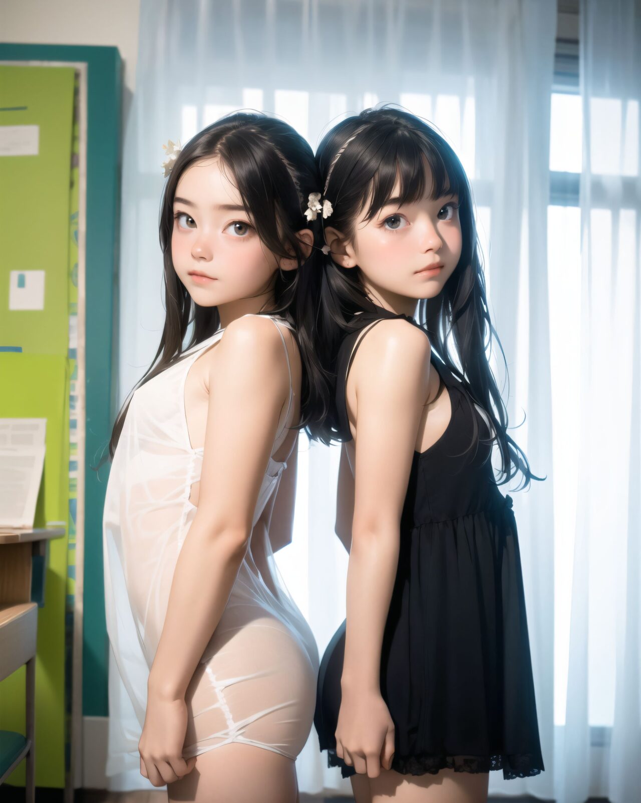 (twins girls, back to back,twins fashion:1.8),(twins girls, back to back,twins fashion:1.8),(twins girls, back to back,twins fashion:1.8),

(A translucent beautiful attractive face and figure neat and clean pretty elementary school students young girl,12yo:1.6),(embarrassed smile:1.2),(12yo:1.6),(12yo:1.6),
(idol face:1.6),(beautiful medium breasts), She wears her hair in a youthful style and possesses a cute face, Though slightly embarrassed, she's lying on the bed,
(4k, ultra high res, best quality, masterpiece:1.2), (photo realistic:1.4), (studio lighting),exceptionally detailed RAW color photo, professional-grade photograph,

(Photos for infantile tastes:1.6),
(Young girl standing, relaxing, sexy pose with knees open, childish body: 1.5),

**

(twins girls, back to back,twins fashion:1.8),

**
BLAKE


(A 16-year-old fairy girl with an innocent subtle sunlight filtering through sheer curtains. A gentle, serene expression on her face, creating a homely, comforting atmosphere),

her innocent expression, gentle smile, shyness,

shy idol-like smile,

dark, deep blue-green eyes that radiate a pure brilliance,
silver hair, stylish short haircut, delicate hair flow,


a look into the camera, a look that meets the eye, embodying the wonder of a child,

close-up shots,
soft, natural poses, youthful and elegant shots,


a mischievous look, an ideal fusion of innocence and charm,
embodying the popular kawaii girl,
elements of Lolita fashion, fresh and pure poses, exuding natural charm,


emphasizing her cuteness from a low angle and bringing out the delicate texture of her hair and clothes.
Soft natural light casts a soft shadow, bringing out the contours of her youthful face.


making her stand out clearly.
The shallow depth of field of the 50mm f/1.2 lens creates beautiful depth of field blur with her face in focus.
High resolution, detailed graphics,
vibrant colors, professional quality,


ultra-high resolution, every detail is reproduced clearly, from the individual strands of hair to the intricate weave of the costume.
The vivid contrast of the professional-quality image brings the vivid colors to life.

(EasyNegativeV2: -1.5), (Worst Quality, Low Quality: -1.2),
(Mole: -1.1), (Skin Spot: -1.2), (Freckle: -1.3)
(Poor Hand: -5: -1.2), (Negative Hand: -1.1),

BLAKE

A high detail illustration of a young Japanese girl with a **shy yet curious expression**.
Her expression should convey a sense of hesitant curiosity, as if she is trying to understand her own emotions of nervousness and excitement. Her cheeks should be flushed lightly, and her eyes should have a gentle sparkle, hinting at both her hesitation and her playful desire to show herself.

She wears a revealing summer dress with **lace details** that peek out, adding an element of innocent allure. Her hands should be placed near her neckline, **gently pulling the fabric aside as if to reveal more of her chest**, but with a sense of hesitation that conveys her mixed feelings. Her pose should be slightly suggesting vulnerability while also giving a hint of confidence as if she is trying to overcome her shyness.

The focus should be on her **facial expressions?soft, sparkling eyes, flushed cheeks, and a tiny, nervous smile** that shows her internal conflict between wanting to be daring and feeling hesitant. Her posture should feel both reserved and exploratory, making it appear that she is testing her own boundaries.

The illustration should be rendered in a **2.5D anime-inspired art style**, with bright and vibrant colors. The emphasis should be on capturing the moment of emotional conflict, balancing innocence with a daring, yet unsure charm. The setting should be simple, allowing the focus to remain on her actions and expressions, and ensuring that the sense of charm and playfulness is at the forefront.

BLAKE



A high detail illustration of a young Japanese girl with a shy yet funy expression, She should look as if she is caught in an emotional mix of nervousness and excitement, her cheeks flushed deeply, and her eyes wide with a hint of tears welling up, reflecting her vulnerability and hesitation. reflecting her playful desire to show herself, but now with an added layer of innocence and reluctance.

She has long black hair that falls past her shoulders and wears a slightly revealing summer dress. Her hands should be positioned near her chest, as if holding her dress up to cover herself, creating a sense of both self-consciousness and wanting to reveal. She should also be lifting the hem of her dress just enough , adding to the tension between innocence and boldness. Her body language should emphasize a mix of defensiveness and thrill, similar to someone caught between wanting to hide and wanting to be seen.

The illustration should focus on her **facial expressions?wide eyes with tears, flushed cheeks, and a slightly trembling, unsure smile**, capturing the tension between her desires and her hesitation. The anime-inspired art style should use bright, vibrant tones, bringing out her emotional conflict while keeping the overall atmosphere charming and a bit playful.