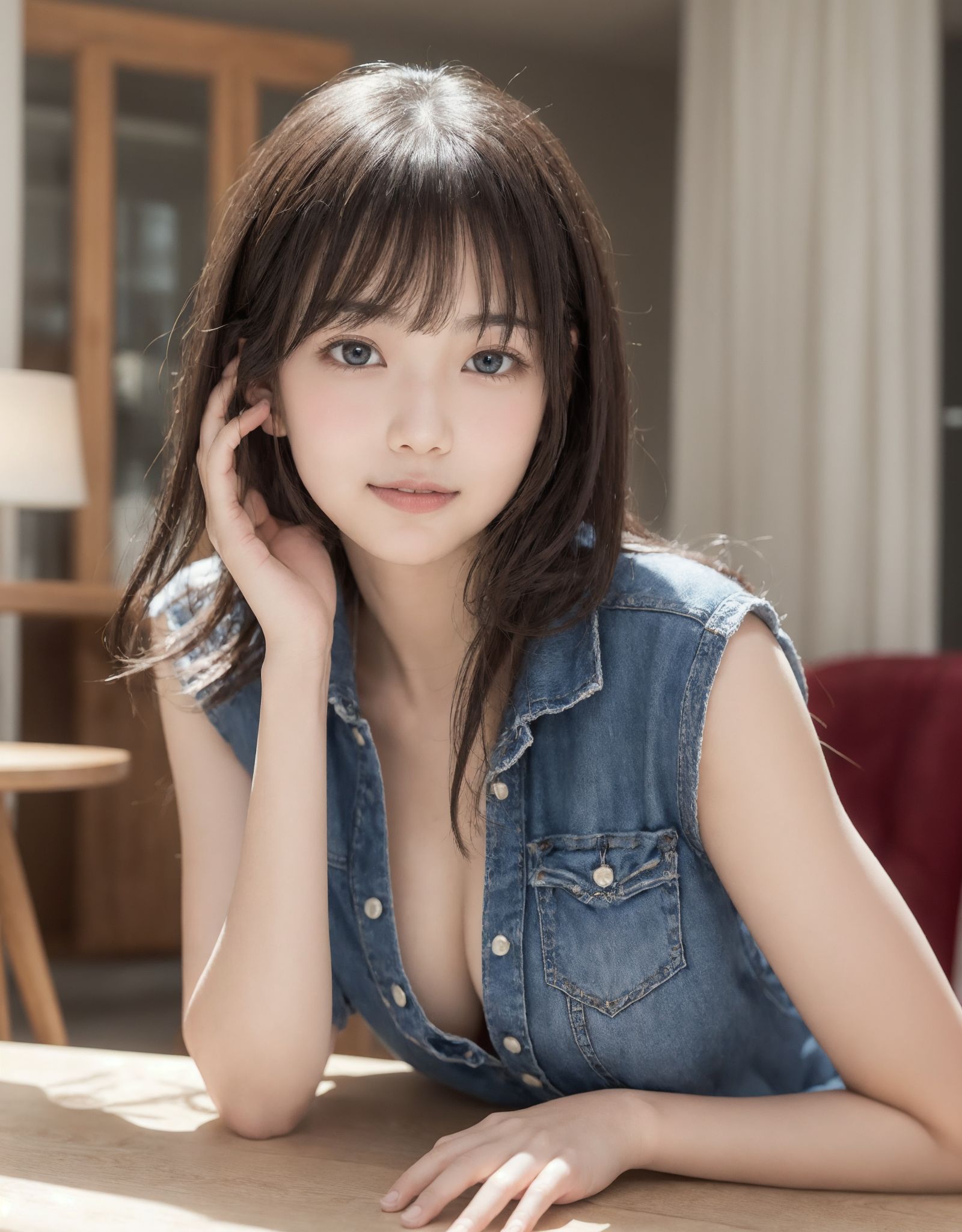 A 16-year-old fairy girl with an innocent and pure charm,(Living Room),
her innocent expression, gentle smile, shyness,

A cozy café scene on a Sunday afternoon. YUKI, a 20-year-old university student, sits by the window at her favorite café. She has straight, shoulder-length dark hair with soft bangs framing her face, and she wears a warm, beige knit sweater paired with a denim skirt. A checkered scarf, recently removed, rests loosely around her neck, and she has brown flat boots on her feet. YUKI leans her chin gently on her hand, gazing outside with a soft smile. Her eyes reflect a peaceful contentment as she takes in the autumn scenery. On the table in front of her sits an open laptop displaying digital artwork, next to a slice of chestnut cake and a latte with autumn leaf latte art.

The background reveals a large café window showcasing vibrant fall foliage, trees shedding colorful leaves, and people passing by, including families and couples walking dogs. The natural light streaming through the window softly illuminates YUKI's face and the table, adding warmth to the scene. The café interior features cozy, warm brown and beige tones with subtle decorative touches. The scene is composed with a shallow depth of field, keeping YUKI in sharp focus while the background is gently blurred, creating a sense of depth and tranquility.


shy idol-like smile,

dark, deep blue-green eyes that radiate a pure brilliance,
silver hair, stylish short haircut, delicate hair flow,


a look into the camera, a look that meets the eye, embodying the wonder of a child,

close-up shots,
soft, natural poses, youthful and elegant shots,


a mischievous look, an ideal fusion of innocence and charm,
embodying the popular kawaii girl,
elements of Lolita fashion, fresh and pure poses, exuding natural charm,


emphasizing her cuteness from a low angle and bringing out the delicate texture of her hair and clothes.
Soft natural light casts a soft shadow, bringing out the contours of her youthful face.


making her stand out clearly.
The shallow depth of field of the 50mm f/1.2 lens creates beautiful depth of field blur with her face in focus.
High resolution, detailed graphics,
vibrant colors, professional quality,


ultra-high resolution, every detail is reproduced clearly, from the individual strands of hair to the intricate weave of the costume.
The vivid contrast of the professional-quality image brings the vivid colors to life.

(EasyNegativeV2: -1.5), (Worst Quality, Low Quality: -1.2),
(Mole: -1.1), (Skin Spot: -1.2), (Freckle: -1.3)
(Poor Hand: -5: -1.2), (Negative Hand: -1.1),

BLAKE

A high detail illustration of a young Japanese girl with a **shy yet curious expression**. 
Her expression should convey a sense of hesitant curiosity, as if she is trying to understand her own emotions of nervousness and excitement. Her cheeks should be flushed lightly, and her eyes should have a gentle sparkle, hinting at both her hesitation and her playful desire to show herself.

She wears a revealing summer dress with **lace details** that peek out, adding an element of innocent allure. Her hands should be placed near her neckline, **gently pulling the fabric aside as if to reveal more of her chest**, but with a sense of hesitation that conveys her mixed feelings. Her pose should be slightly twisted, suggesting vulnerability while also giving a hint of confidence as if she is trying to overcome her shyness.

The focus should be on her **facial expressions?soft, sparkling eyes, flushed cheeks, and a tiny, nervous smile** that shows her internal conflict between wanting to be daring and feeling hesitant. Her posture should feel both reserved and exploratory, making it appear that she is testing her own boundaries.

The illustration should be rendered in a **2.5D anime-inspired art style**, with bright and vibrant colors. The emphasis should be on capturing the moment of emotional conflict, balancing innocence with a daring, yet unsure charm. The setting should be simple, allowing the focus to remain on her actions and expressions, and ensuring that the sense of charm and playfulness is at the forefront.

BLAKE

(A girl with her large breasts),
(from front),
dynamic angle,(leaning forward),
moderately normal perky breasts, happiness, depth of field, bed, girl's room,

 
The room in the background is decorated in soft, girlish colors. The room has been enchanted, and a gentle light illuminates the many items in the room.
The girl is wearing a confident smile.
The whole screen is a scene where fantasy elements and her erotic-kawaii charm fuse together.

BLAKE

A high detail illustration of a young Japanese girl with a shy yet funy expression, She should look as if she is caught in an emotional mix of nervousness and excitement, her cheeks flushed deeply, and her eyes wide with a hint of tears welling up, reflecting her vulnerability and hesitation. reflecting her playful desire to show herself, but now with an added layer of innocence and reluctance.

She has long black hair that falls past her shoulders and wears a slightly revealing summer dress. Her hands should be positioned near her chest, as if holding her dress up to cover herself, creating a sense of both self-consciousness and wanting to reveal. She should also be lifting the hem of her dress just enough , adding to the tension between innocence and boldness. Her body language should emphasize a mix of defensiveness and thrill, similar to someone caught between wanting to hide and wanting to be seen.

The illustration should focus on her **facial expressions?wide eyes with tears, flushed cheeks, and a slightly trembling, unsure smile**, capturing the tension between her desires and her hesitation. The anime-inspired art style should use bright, vibrant tones, bringing out her emotional conflict while keeping the overall atmosphere charming and a bit playful.