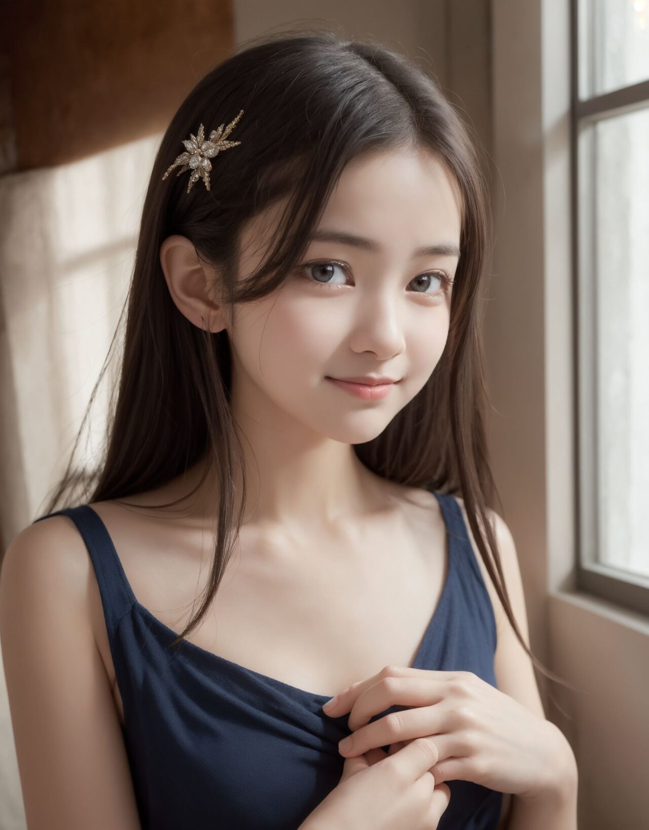 A 16-year-old fairy girl with an innocent and pure charm,
her innocent expression, gentle smile, shyness,




shy idol-like smile,dark, deep eyes that radiate a pure brilliance,delicate hair flow, a look into the camera, a look that meets the eye, embodying the wonder of a child.

(close-up shots), soft, natural poses, youthful and elegant shots,

A 16-year-old fairy girl with an innocent and pure charm,
her innocent expression, gentle smile, shyness,

A high detail photo of a young Japanese girl with a **shy yet curious expression**. 
Her expression should convey a sense of hesitant curiosity, as if she is trying to understand her own emotions of nervousness and excitement. Her cheeks should be flushed lightly, and her eyes should have a gentle sparkle, hinting at both her hesitation and her playful desire to show herself.
gently pulling the fabric aside as if to reveal more of her chest, but with a sense of hesitation that conveys her mixed feelings. Her pose should be slightly twisted, suggesting vulnerability while also giving a hint of confidence as if she is trying to overcome her shyness.

The focus should be on her **facial expressions?soft, sparkling eyes, flushed cheeks, and a tiny, nervous smile** that shows her internal conflict between wanting to be daring and feeling hesitant. Her posture should feel both reserved and exploratory, making it appear that she is testing her own boundaries.

The photo should be rendered, with bright and vibrant colors. The emphasis should be on capturing the moment of emotional conflict, balancing innocence with a daring, yet unsure charm. The setting should be simple, allowing the focus to remain on her actions and expressions, and ensuring that the sense of charm and playfulness is at the forefront.
(from front),dynamic angle,(leaning forward),
moderately normal perky breasts, happiness, depth of field, The room in the background is decorated in soft, girlish colors. The room has been enchanted, and a gentle light illuminates the many items in the room. The girl is wearing a confident smile. The whole screen is a scene where fantasy elements and her erotic-kawaii charm fuse together.



A high detail illustration of a young Japanese girl with a shy yet funy expression, She should look as if she is caught in an emotional mix of nervousness and excitement, her cheeks flushed deeply, and her eyes wide with a hint of tears welling up, reflecting her vulnerability and hesitation. reflecting her playful desire to show herself, but now with an added layer of innocence and reluctance.

She has long black hair that falls past her shoulders. Her hands should be positioned near her chest, as if holding her dress up to cover herself, creating a sense of both self-consciousness and wanting to reveal. 
She should also be lifting the hem of her dress just enough , adding to the tension between innocence and boldness. Her body language should emphasize a mix of defensiveness and thrill, similar to someone caught between wanting to hide and wanting to be seen.

The photo should focus on her **facial expressions?wide eyes with tears, flushed cheeks, and a slightly trembling, unsure smile**, capturing the tension between her desires and her hesitation. The anime-inspired art style should use bright, vibrant tones, bringing out her emotional conflict while keeping the overall atmosphere charming and a bit playful.



shy idol-like smile,dark, deep eyes that radiate a pure brilliance,delicate hair flow, a look into the camera, a look that meets the eye, embodying the wonder of a child.

(close-up shots), soft, natural poses, youthful and elegant shots,

a mischievous look, an ideal fusion of innocence and charm,embodying the popular kawaii girl,elements of Lolita fashion, fresh and pure poses, exuding natural charm.emphasizing her cuteness from a low angle and bringing out the delicate texture of her hair and clothes.Soft natural light casts a soft shadow, bringing out the contours of her youthful face.

making her stand out clearly.High resolution, detailed graphics, vibrant colors, professional quality. ultra-high resolution, every detail is reproduced clearly, from the individual strands of hair to the intricate weave of the costume. The vivid contrast of the professional-quality image brings the vivid colors to life.



(EasyNegativeV2: -1.5), (Worst Quality, Low Quality: -1.2),
(Mole: -1.1), (Skin Spot: -1.2), (Freckle: -1.3)
(Poor Hand:-1.2), (Negative Hand: -1.1),