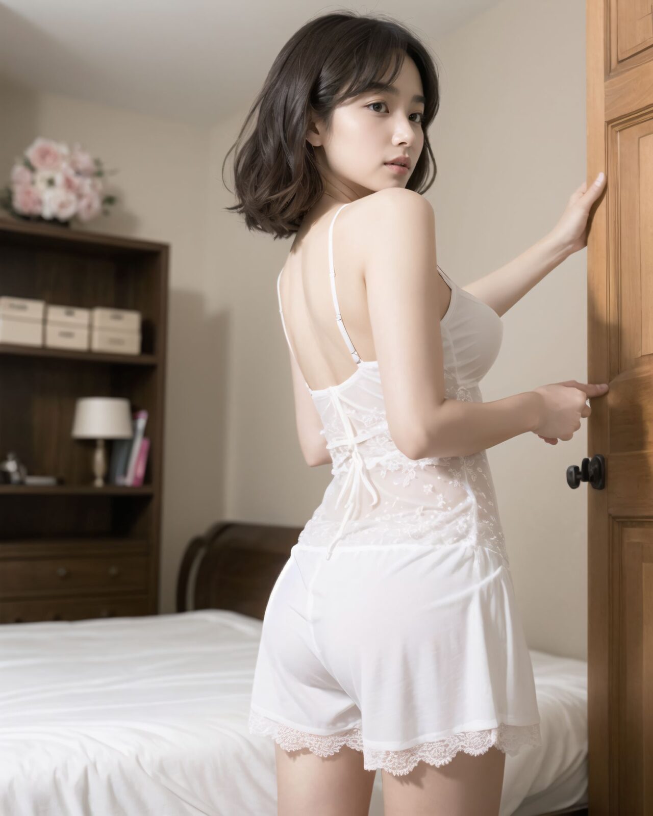 (masterpiece:1.9), (best quality of face:1.8), (super impressive beauty:1.5), (drawing everything in great detail:1.5), (extremely detailed skin:1.5), high-resolution, Raw Photo, 4k, 8k, charm of a young girl, Her name is YUKI, she has a fairy-like atmosphere, (a beautiful, attractive, clear-skinned, cute 20-year-old girl:1.65), (healing:1.37), an innocent expression, a gentle smile, shyness, an embarrassed smile like an idol, embodying the wonder of childhood, a quiet personality, cute. Shy, natural charm, (gentle expression:1.35), (child-like face:1.8), (embarrassed smile:1.2), (face like a Japanese idol:1.66), (straight nose:1.22), (high nose:1.25), looking into the camera, eye contact, the ideal fusion of innocence and charm, a cute girl popular with boys, Her facial expression is one that makes you feel like she is trying to understand her own feelings of tension and excitement, and it gives off a sense of hesitant curiosity. Her soft, shining eyes, her flushed cheeks, and her small, nervous smile, which shows that she is struggling between the desire to be bold and the hesitation to do so, are all worth noting. Her posture is modest, but it also gives the impression of being inquisitive, and it seems as if she is testing her own limits. Her cheeks are slightly red, her eyes shine gently, she is hesitant, playful and curious, and wants to show herself, Her hair is neat and tidy, her eyes are a deep grey that radiate a pure light, she has black hair, stylish short hair, and delicate hair movement, (see-through clothing:1.74), (clothing that opens at the chest and shows cleavage:1.79), elements of Lolita fashion, (beautiful breasts:1.75), (big breasts), (standing posture of a young girl:1.57), (childlike body:1.54), Soft, natural pose, youthful and elegant, fresh and pure pose, (relaxed:1.56), (sexy pose with knees open:1.55), her hands are near her cleavage, pose that shows more of her breasts by pulling them together, She is wearing a see-through material, sheer clothing, lace, thin fabric, and a revealing summer dress with detailed details, adding an element of innocent charm. There is a sense of hesitation in her pose, which conveys her complex emotions. Her pose is slightly twisted, suggesting weakness, but also showing signs of confidence as if she is trying to overcome her shyness, (4K:1.26), (Ultra High Resolution:1.28), (Studio Lighting:1.17), very detailed RAW color photo, professional-quality photo, (Toddler's Hobby Photo:1.58), (At-Home Atmosphere Screen:1.15), emphasize cuteness from a low angle, bring out the delicate texture of the hair and clothes Focus on her face, depth of field blur, shallow depth of field, Soft natural light for soft shadows, highlighting the youthful contours of her face. Illuminate her face to make it stand out clearly, dark background, High resolution, detailed graphics, vivid colors, professional quality, ultra-high resolution, clearly depicts every detail, surreal, reality, live-action, bright and vibrant colors, the emphasis should be on capturing the moment of emotional conflict, with a balance of bold but unsure charm and innocence. The focus should be on her actions and facial expressions, with a priority on conveying charm and playfulness.her room, in YUKI?s cozy and softly lit bedroom, a private space filled with gentle pastel colors and natural light. The room features a low, fluffy bed with frilled bedding and plush animal cushions, a small wooden desk with scattered notebooks and colorful gel pens, a laptop with anime stickers, and a neatly organized bookshelf with romance manga and photo albums. The vanity table is adorned with lace doilies, a floral mirror, and a few cosmetics left slightly open. On the wall, there are fairy lights, photos with friends, and an anime tapestry. A soft rug covers the wooden floor, and a light scent of shampoo and sweetness lingers in the air. A round window lets in warm sunlight, casting a dreamy glow across the space,(back view:1.8),peeking out from behind doorframe, gasping in sudden surprise, simple white camisole and shorts, looking for snack in fridge, light halo effect around hair, underwear peeking from shorts, curve of inner thigh, gripping hem tightly, headband pushed back, (corner with makeup pouch:1.95), (masterpiece:1.3), (best quality:1.2), photorealistic, shallow depth of field, soft lighting,(room_base:1.85),(Half-dressed in front of open closet, unaware someone's watching:1.95),(Changing shirt, innerwear tangled and shoulder revealed:1.75),?????