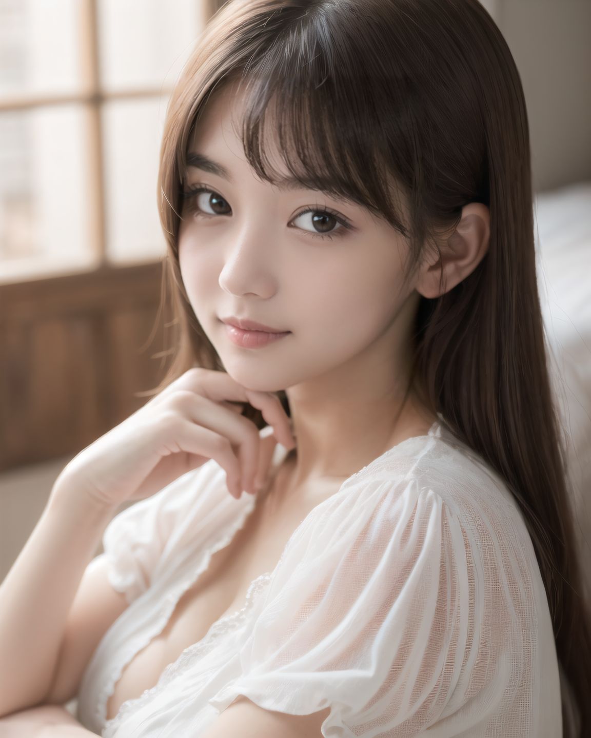A 16-year-old fairy girl with an innocent and pure charm,
her innocent expression, gentle smile, shyness,
shy idol-like smile,
dark, deep blue-green eyes that radiate a pure brilliance,
silver hair, stylish short haircut, delicate hair flow,
a look into the camera, a look that meets the eye, embodying the wonder of a child,
close-up shots,
soft, natural poses, youthful and elegant shots,
a mischievous look, an ideal fusion of innocence and charm,
embodying the popular kawaii girl,
elements of Lolita fashion, fresh and pure poses, exuding natural charm,
emphasizing her cuteness from a low angle and bringing out the delicate texture of her hair and clothes.
Soft natural light casts a soft shadow, bringing out the contours of her youthful face.
making her stand out clearly.
The shallow depth of field of the 50mm f/1.2 lens creates beautiful depth of field blur with her face in focus.
High resolution, detailed graphics,
vibrant colors, professional quality,
ultra-high resolution, every detail is reproduced clearly, from the individual strands of hair to the intricate weave of the costume.
The vivid contrast of the professional-quality image brings the vivid colors to life.
BLAKE
A high detail illustration of a young Japanese girl with a **shy yet curious expression**.
Her expression should convey a sense of hesitant curiosity, as if she is trying to understand her own emotions of nervousness and excitement. Her cheeks should be flushed lightly, and her eyes should have a gentle sparkle, hinting at both her hesitation and her playful desire to show herself.
She wears a revealing summer dress with **lace details** that peek out, adding an element of innocent allure. Her hands should be placed near her neckline, **gently pulling the fabric aside as if to reveal more of her chest**, but with a sense of hesitation that conveys her mixed feelings. Her pose should be slightly twisted, suggesting vulnerability while also giving a hint of confidence as if she is trying to overcome her shyness.
The focus should be on her **facial expressions?soft, sparkling eyes, flushed cheeks, and a tiny, nervous smile** that shows her internal conflict between wanting to be daring and feeling hesitant. Her posture should feel both reserved and exploratory, making it appear that she is testing her own boundaries.
The illustration should be rendered in a **2.5D anime-inspired art style**, with bright and vibrant colors. The emphasis should be on capturing the moment of emotional conflict, balancing innocence with a daring, yet unsure charm. The setting should be simple, allowing the focus to remain on her actions and expressions, and ensuring that the sense of charm and playfulness is at the forefront.
BLAKE
(A girl with her large breasts),
(from front),
dynamic angle,(leaning forward),
moderately normal perky breasts, happiness, depth of field, bed, girl's room,
The room in the background is decorated in soft, girlish colors. The room has been enchanted, and a gentle light illuminates the many items in the room.
The girl is wearing a confident smile.
The whole screen is a scene where fantasy elements and her erotic-kawaii charm fuse together.
BLAKE
A high detail illustration of a young Japanese girl with a shy yet funy expression, She should look as if she is caught in an emotional mix of nervousness and excitement, her cheeks flushed deeply, and her eyes wide with a hint of tears welling up, reflecting her vulnerability and hesitation. reflecting her playful desire to show herself, but now with an added layer of innocence and reluctance.
She has long black hair that falls past her shoulders and wears a slightly revealing summer dress. Her hands should be positioned near her chest, as if holding her dress up to cover herself, creating a sense of both self-consciousness and wanting to reveal. She should also be lifting the hem of her dress just enough , adding to the tension between innocence and boldness. Her body language should emphasize a mix of defensiveness and thrill, similar to someone caught between wanting to hide and wanting to be seen.
The illustration should focus on her **facial expressions?wide eyes with tears, flushed cheeks, and a slightly trembling, unsure smile**, capturing the tension between her desires and her hesitation. The anime-inspired art style should use bright, vibrant tones, bringing out her emotional conflict while keeping the overall atmosphere charming and a bit playful.