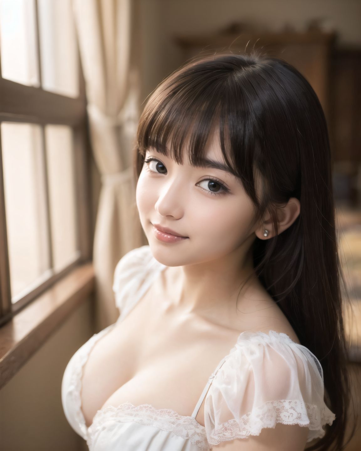 A 16-year-old fairy girl with an innocent and pure charm,
her innocent expression, gentle smile, shyness,
shy idol-like smile,
dark, deep blue-green eyes that radiate a pure brilliance,
silver hair, stylish short haircut, delicate hair flow,
a look into the camera, a look that meets the eye, embodying the wonder of a child,
close-up shots,
soft, natural poses, youthful and elegant shots,
a mischievous look, an ideal fusion of innocence and charm,
embodying the popular kawaii girl,
elements of Lolita fashion, fresh and pure poses, exuding natural charm,
emphasizing her cuteness from a low angle and bringing out the delicate texture of her hair and clothes.
Soft natural light casts a soft shadow, bringing out the contours of her youthful face.
making her stand out clearly.
The shallow depth of field of the 50mm f/1.2 lens creates beautiful depth of field blur with her face in focus.
High resolution, detailed graphics,
vibrant colors, professional quality,
ultra-high resolution, every detail is reproduced clearly, from the individual strands of hair to the intricate weave of the costume.
The vivid contrast of the professional-quality image brings the vivid colors to life.
BLAKE
A high detail illustration of a young Japanese girl with a **shy yet curious expression**.
Her expression should convey a sense of hesitant curiosity, as if she is trying to understand her own emotions of nervousness and excitement. Her cheeks should be flushed lightly, and her eyes should have a gentle sparkle, hinting at both her hesitation and her playful desire to show herself.
She wears a revealing summer dress with **lace details** that peek out, adding an element of innocent allure. Her hands should be placed near her neckline, **gently pulling the fabric aside as if to reveal more of her chest**, but with a sense of hesitation that conveys her mixed feelings. Her pose should be slightly twisted, suggesting vulnerability while also giving a hint of confidence as if she is trying to overcome her shyness.
The focus should be on her **facial expressions?soft, sparkling eyes, flushed cheeks, and a tiny, nervous smile** that shows her internal conflict between wanting to be daring and feeling hesitant. Her posture should feel both reserved and exploratory, making it appear that she is testing her own boundaries.
The illustration should be rendered in a **2.5D anime-inspired art style**, with bright and vibrant colors. The emphasis should be on capturing the moment of emotional conflict, balancing innocence with a daring, yet unsure charm. The setting should be simple, allowing the focus to remain on her actions and expressions, and ensuring that the sense of charm and playfulness is at the forefront.
BLAKE
(A girl with her large breasts),
(from front),
dynamic angle,(leaning forward),
moderately normal perky breasts, happiness, depth of field, bed, girl's room,
The room in the background is decorated in soft, girlish colors. The room has been enchanted, and a gentle light illuminates the many items in the room.
The girl is wearing a confident smile.
The whole screen is a scene where fantasy elements and her erotic-kawaii charm fuse together.
BLAKE
A high detail illustration of a young Japanese girl with a shy yet funy expression, She should look as if she is caught in an emotional mix of nervousness and excitement, her cheeks flushed deeply, and her eyes wide with a hint of tears welling up, reflecting her vulnerability and hesitation. reflecting her playful desire to show herself, but now with an added layer of innocence and reluctance.
She has long black hair that falls past her shoulders and wears a slightly revealing summer dress. Her hands should be positioned near her chest, as if holding her dress up to cover herself, creating a sense of both self-consciousness and wanting to reveal. She should also be lifting the hem of her dress just enough , adding to the tension between innocence and boldness. Her body language should emphasize a mix of defensiveness and thrill, similar to someone caught between wanting to hide and wanting to be seen.
The illustration should focus on her **facial expressions?wide eyes with tears, flushed cheeks, and a slightly trembling, unsure smile**, capturing the tension between her desires and her hesitation. The anime-inspired art style should use bright, vibrant tones, bringing out her emotional conflict while keeping the overall atmosphere charming and a bit playful.
