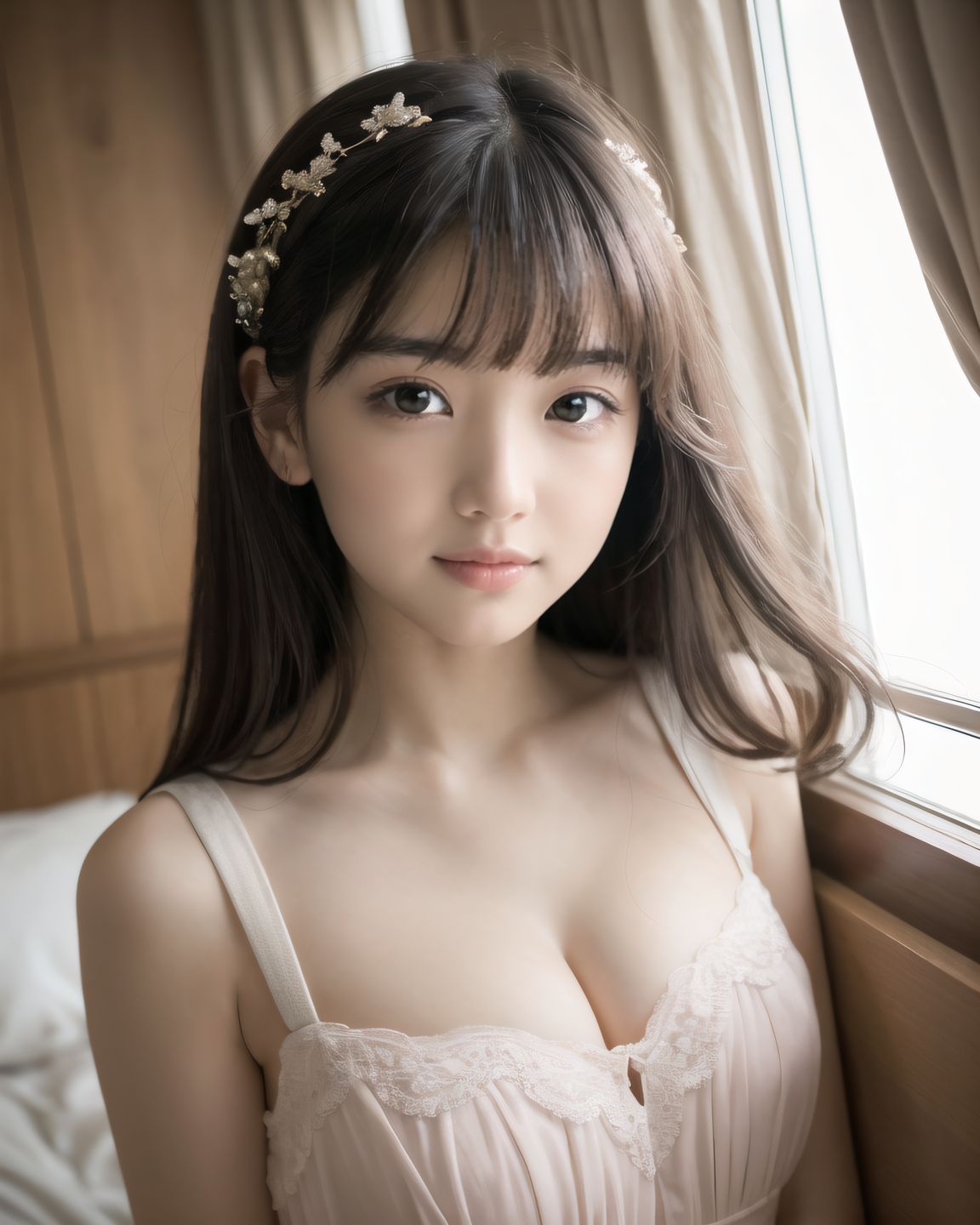 A 16-year-old fairy girl with an innocent and pure charm,
her innocent expression, gentle smile, shyness,

shy idol-like smile,

dark, deep blue-green eyes that radiate a pure brilliance,
silver hair, stylish short haircut, delicate hair flow,


a look into the camera, a look that meets the eye, embodying the wonder of a child,

close-up shots,
soft, natural poses, youthful and elegant shots,


a mischievous look, an ideal fusion of innocence and charm,
embodying the popular kawaii girl,
elements of Lolita fashion, fresh and pure poses, exuding natural charm,


emphasizing her cuteness from a low angle and bringing out the delicate texture of her hair and clothes.
Soft natural light casts a soft shadow, bringing out the contours of her youthful face.


making her stand out clearly.
The shallow depth of field of the 50mm f/1.2 lens creates beautiful depth of field blur with her face in focus.
High resolution, detailed graphics,
vibrant colors, professional quality,


ultra-high resolution, every detail is reproduced clearly, from the individual strands of hair to the intricate weave of the costume.
The vivid contrast of the professional-quality image brings the vivid colors to life.


BLAKE

A high detail illustration of a young Japanese girl with a **shy yet curious expression**.
Her expression should convey a sense of hesitant curiosity, as if she is trying to understand her own emotions of nervousness and excitement. Her cheeks should be flushed lightly, and her eyes should have a gentle sparkle, hinting at both her hesitation and her playful desire to show herself.

She wears a revealing summer dress with **lace details** that peek out, adding an element of innocent allure. Her hands should be placed near her neckline, **gently pulling the fabric aside as if to reveal more of her chest**, but with a sense of hesitation that conveys her mixed feelings. Her pose should be slightly twisted, suggesting vulnerability while also giving a hint of confidence as if she is trying to overcome her shyness.

The focus should be on her **facial expressions?soft, sparkling eyes, flushed cheeks, and a tiny, nervous smile** that shows her internal conflict between wanting to be daring and feeling hesitant. Her posture should feel both reserved and exploratory, making it appear that she is testing her own boundaries.

The illustration should be rendered in a **2.5D anime-inspired art style**, with bright and vibrant colors. The emphasis should be on capturing the moment of emotional conflict, balancing innocence with a daring, yet unsure charm. The setting should be simple, allowing the focus to remain on her actions and expressions, and ensuring that the sense of charm and playfulness is at the forefront.

BLAKE

(A girl with her large breasts),
(from front),
dynamic angle,(leaning forward),
moderately normal perky breasts, happiness, depth of field, bed, girl's room,


The room in the background is decorated in soft, girlish colors. The room has been enchanted, and a gentle light illuminates the many items in the room.
The girl is wearing a confident smile.
The whole screen is a scene where fantasy elements and her erotic-kawaii charm fuse together.

BLAKE

A high detail illustration of a young Japanese girl with a shy yet funy expression, She should look as if she is caught in an emotional mix of nervousness and excitement, her cheeks flushed deeply, and her eyes wide with a hint of tears welling up, reflecting her vulnerability and hesitation. reflecting her playful desire to show herself, but now with an added layer of innocence and reluctance.

She has long black hair that falls past her shoulders and wears a slightly revealing summer dress. Her hands should be positioned near her chest, as if holding her dress up to cover herself, creating a sense of both self-consciousness and wanting to reveal. She should also be lifting the hem of her dress just enough , adding to the tension between innocence and boldness. Her body language should emphasize a mix of defensiveness and thrill, similar to someone caught between wanting to hide and wanting to be seen.

The illustration should focus on her **facial expressions?wide eyes with tears, flushed cheeks, and a slightly trembling, unsure smile**, capturing the tension between her desires and her hesitation. The anime-inspired art style should use bright, vibrant tones, bringing out her emotional conflict while keeping the overall atmosphere charming and a bit playful.