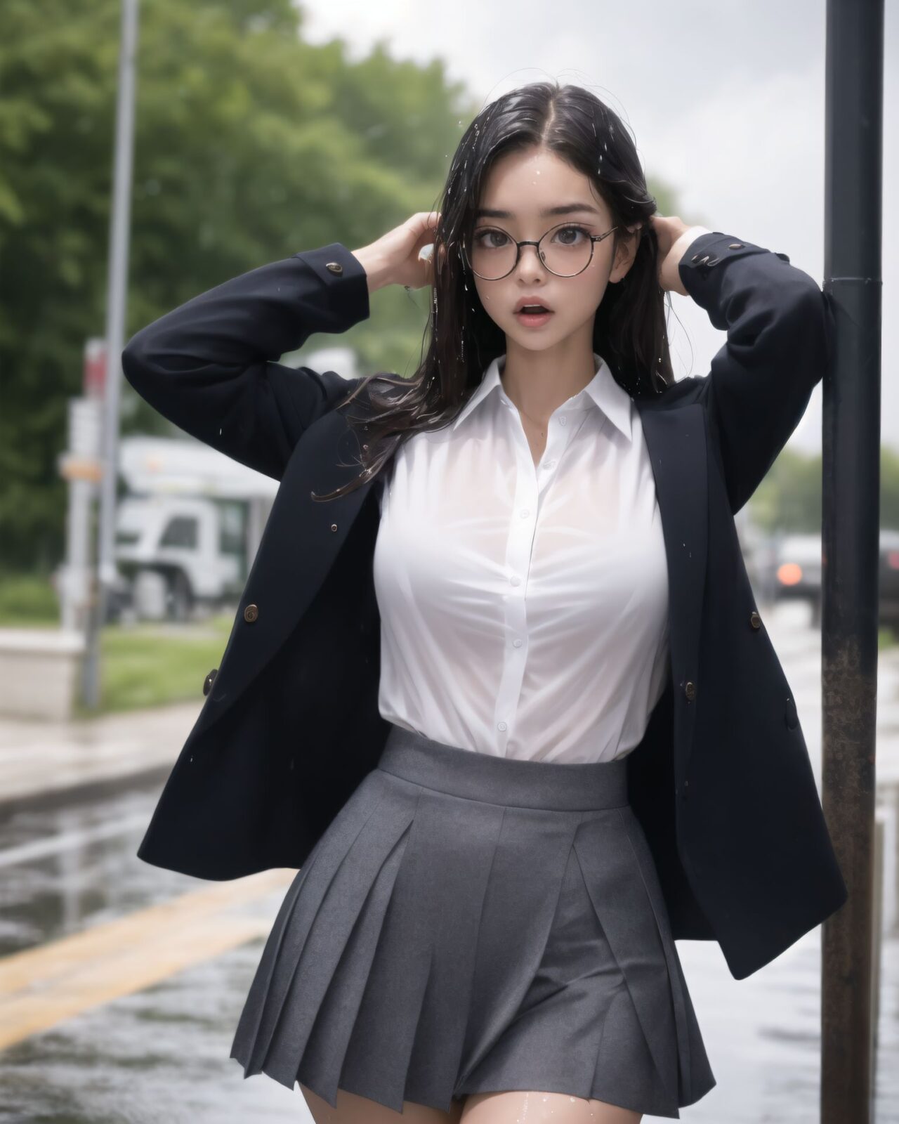 1girl,
underwear, sideways mouth, open mouth, dark-skinned male, shirt, brown eyes, speech bubble, wet shirt, shirt tucked in, standing, large breasts, embarrassed, rain, english text, dark skin, wet, white panties, blush, black hair, skindentation, long hair, wet clothes, short sleeves, panties, thighs, pleated skirt, shiny skin, thigh gap, see-through silhouette, outdoors, solo focus, breasts, white shirt, red eyewear, skirt,
After school, the sky suddenly darkened, and a thunderstorm broke out with heavy rain. Without an umbrella, she ran to the bus stop in her school uniform. Her wet shirt clung tightly to her skin, and the outline of her underwear was clearly visible. She tried to cover her chest by crossing her arms, but this only emphasized the outline even more. Her hair dripped with rain, her body shivering from the cold, and the embarrassment of being seen by someone else all mixed together. ??Sexy Points (What to Show:1.1)
The bare skin and wet underwear visible through the blouse
? The white shirt, tightly clinging to her body from the rain, accentuates her skin and underwear, faintly revealing the shape and color of her breasts. The curves emphasized by trying to cover her chest with her arms
? The gesture of trying to hide her chest instead highlights its contours, creating a natural cleavage. The soaked skirt clings to her thighs
? The fabric of the skirt adheres to her skin, clearly outlining the lines of her inner thighs and the shape of her hips. Dripping wet bare legs and shoulders trembling slightly from the cold
?
? A fetishistic expression blending the raw wetness and the sensory coldness. A shy, downcast expression + the gap when she unexpectedly looks up
? She wants to hide her face, but glances up due to someone's presence. The expression of ?surprise and shame? at that moment is the best moment.