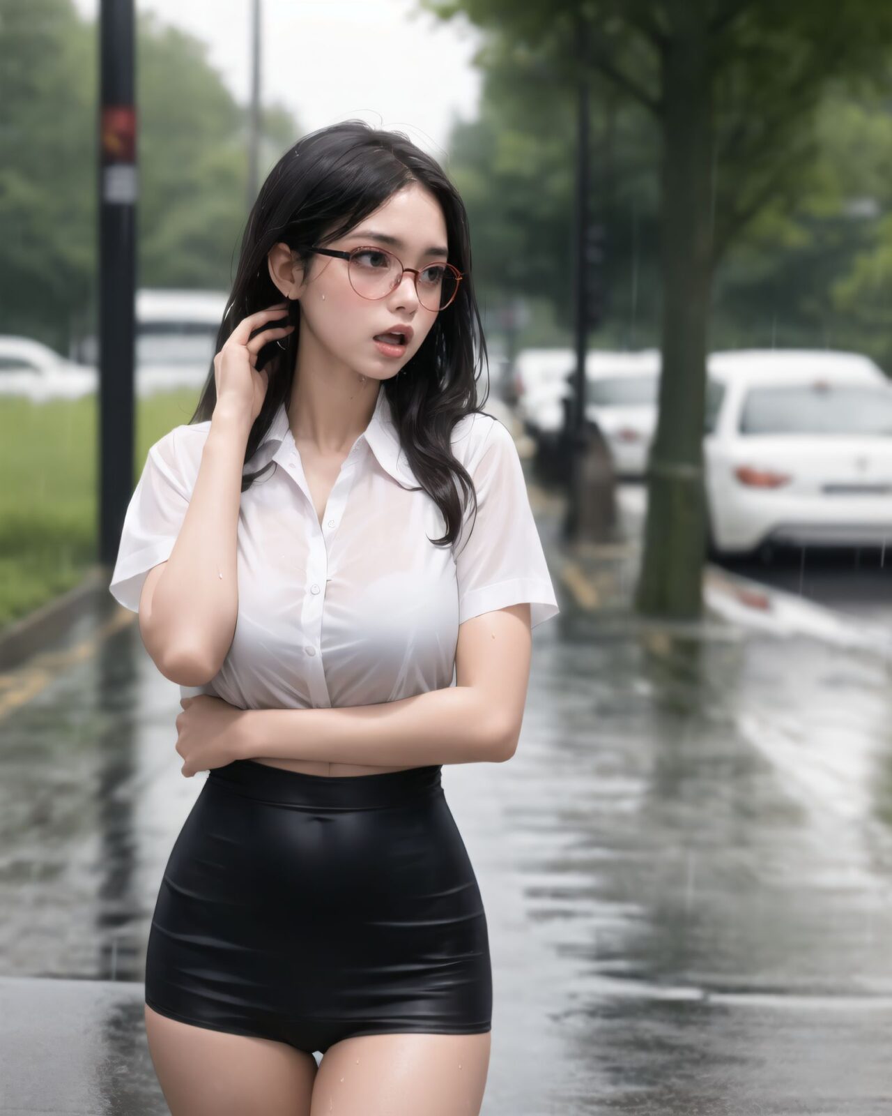 1girl,
underwear, sideways mouth, open mouth, dark-skinned male, shirt, brown eyes, speech bubble, wet shirt, shirt tucked in, standing, large breasts, embarrassed, rain, english text, dark skin, wet, white panties, blush, black hair, skindentation, long hair, wet clothes, short sleeves, panties, thighs, pleated skirt, shiny skin, thigh gap, see-through silhouette, outdoors, solo focus, breasts, white shirt, red eyewear, skirt,
After school, the sky suddenly darkened, and a thunderstorm broke out with heavy rain. Without an umbrella, she ran to the bus stop in her school uniform. Her wet shirt clung tightly to her skin, and the outline of her underwear was clearly visible. She tried to cover her chest by crossing her arms, but this only emphasized the outline even more. Her hair dripped with rain, her body shivering from the cold, and the embarrassment of being seen by someone else all mixed together. ??Sexy Points (What to Show:1.1)
The bare skin and wet underwear visible through the blouse
? The white shirt, tightly clinging to her body from the rain, accentuates her skin and underwear, faintly revealing the shape and color of her breasts. The curves emphasized by trying to cover her chest with her arms
? The gesture of trying to hide her chest instead highlights its contours, creating a natural cleavage. The soaked skirt clings to her thighs
? The fabric of the skirt adheres to her skin, clearly outlining the lines of her inner thighs and the shape of her hips. Dripping wet bare legs and shoulders trembling slightly from the cold
?
? A fetishistic expression blending the raw wetness and the sensory coldness. A shy, downcast expression + the gap when she unexpectedly looks up
? She wants to hide her face, but glances up due to someone's presence. The expression of ?surprise and shame? at that moment is the best moment.