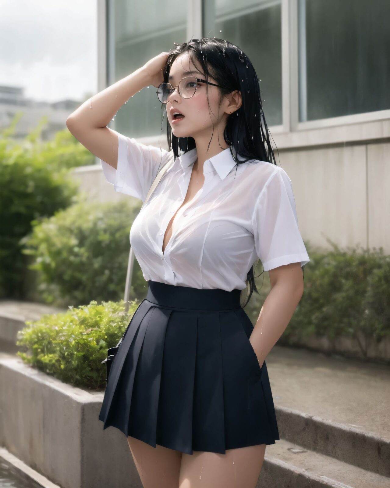 1girl,
underwear, sideways mouth, open mouth, dark-skinned male, shirt, brown eyes, speech bubble, wet shirt, shirt tucked in, standing, large breasts, embarrassed, rain, english text, dark skin, wet, white panties, blush, black hair, skindentation, long hair, wet clothes, short sleeves, panties, thighs, pleated skirt, shiny skin, thigh gap, see-through silhouette, outdoors, solo focus, breasts, white shirt, red eyewear, skirt,
After school, the sky suddenly darkened, and a thunderstorm broke out with heavy rain. Without an umbrella, she ran to the bus stop in her school uniform. Her wet shirt clung tightly to her skin, and the outline of her underwear was clearly visible. She tried to cover her chest by crossing her arms, but this only emphasized the outline even more. Her hair dripped with rain, her body shivering from the cold, and the embarrassment of being seen by someone else all mixed together. ??Sexy Points (What to Show:1.1)
The bare skin and wet underwear visible through the blouse
? The white shirt, tightly clinging to her body from the rain, accentuates her skin and underwear, faintly revealing the shape and color of her breasts. The curves emphasized by trying to cover her chest with her arms
? The gesture of trying to hide her chest instead highlights its contours, creating a natural cleavage. The soaked skirt clings to her thighs
? The fabric of the skirt adheres to her skin, clearly outlining the lines of her inner thighs and the shape of her hips. Dripping wet bare legs and shoulders trembling slightly from the cold
?
? A fetishistic expression blending the raw wetness and the sensory coldness. A shy, downcast expression + the gap when she unexpectedly looks up
? She wants to hide her face, but glances up due to someone's presence. The expression of ?surprise and shame? at that moment is the best moment.