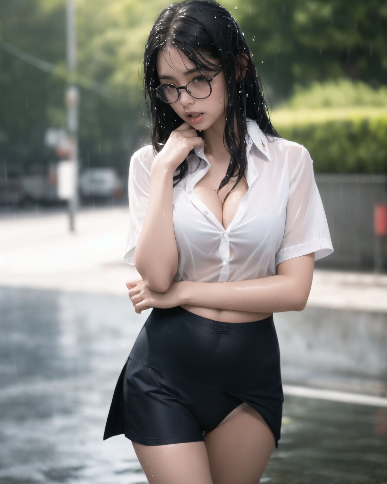 1girl,
underwear, sideways mouth, open mouth, dark-skinned male, shirt, brown eyes, speech bubble, wet shirt, shirt tucked in, standing, large breasts, embarrassed, rain, english text, dark skin, wet, white panties, blush, black hair, skindentation, long hair, wet clothes, short sleeves, panties, thighs, pleated skirt, shiny skin, thigh gap, see-through silhouette, outdoors, solo focus, breasts, white shirt, red eyewear, skirt,
After school, the sky suddenly darkened, and a thunderstorm broke out with heavy rain. Without an umbrella, she ran to the bus stop in her school uniform. Her wet shirt clung tightly to her skin, and the outline of her underwear was clearly visible. She tried to cover her chest by crossing her arms, but this only emphasized the outline even more. Her hair dripped with rain, her body shivering from the cold, and the embarrassment of being seen by someone else all mixed together. ??Sexy Points (What to Show:1.1)
The bare skin and wet underwear visible through the blouse
? The white shirt, tightly clinging to her body from the rain, accentuates her skin and underwear, faintly revealing the shape and color of her breasts. The curves emphasized by trying to cover her chest with her arms
? The gesture of trying to hide her chest instead highlights its contours, creating a natural cleavage. The soaked skirt clings to her thighs
? The fabric of the skirt adheres to her skin, clearly outlining the lines of her inner thighs and the shape of her hips. Dripping wet bare legs and shoulders trembling slightly from the cold
?
? A fetishistic expression blending the raw wetness and the sensory coldness. A shy, downcast expression + the gap when she unexpectedly looks up
? She wants to hide her face, but glances up due to someone's presence. The expression of ?surprise and shame? at that moment is the best moment.
