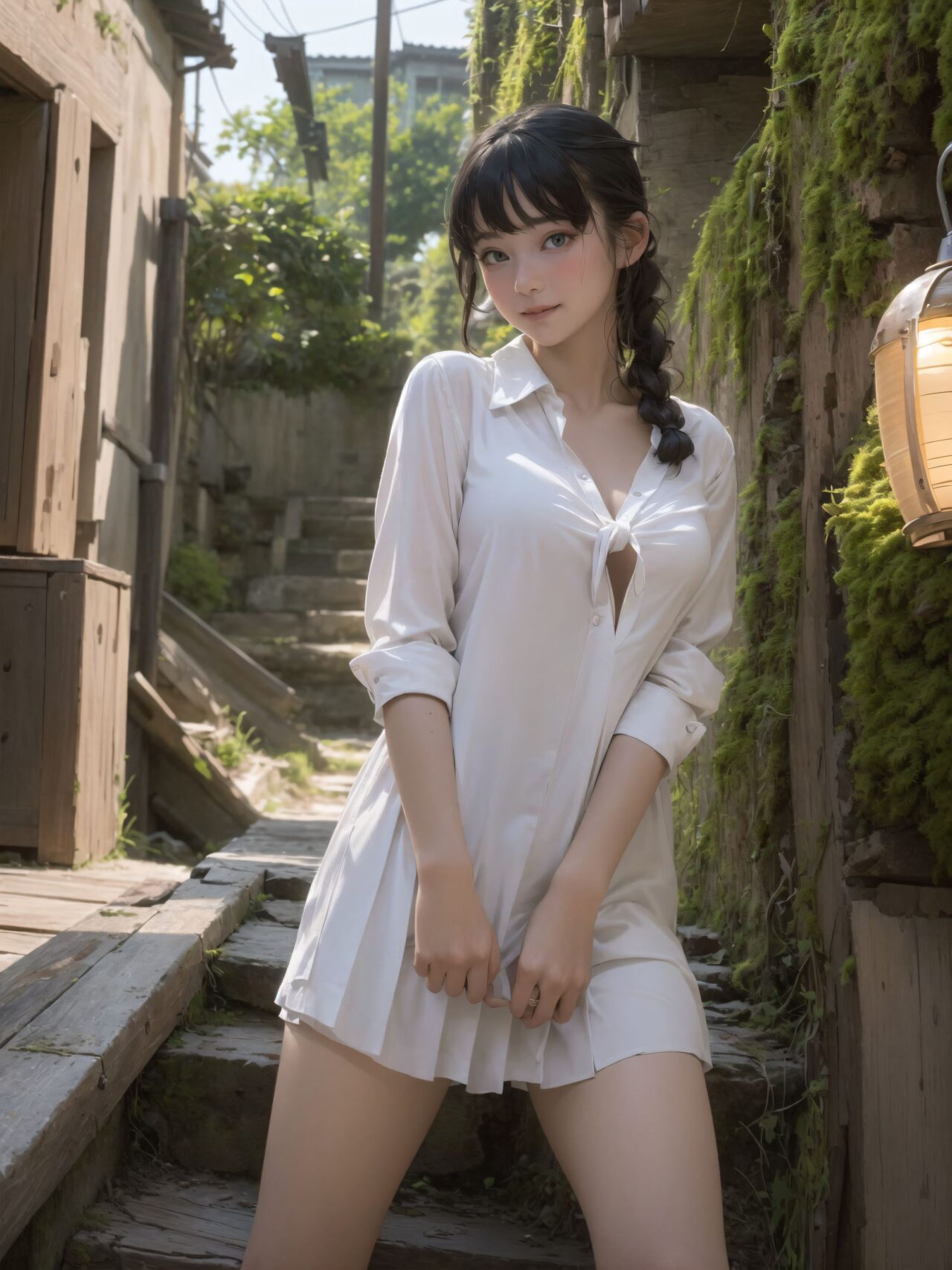 Her name is RUNA.
Her face is the cutest of all Japanese idols.
She has a natural, bewitching charm.
She has a look that is particularly popular with young male fans.
She has a child-like figure and is plump.
Her skin is beautiful, smooth and firm.
Her body is full and she has large breasts and buttocks.
She often wears see-through clothes, and you can always see part of her underwear through the see-through material.
Her clothes are loose-fitting, so they look like they could come off at any moment.
Her expression is innocent, and she looks like she's inviting men to look at her.
She seduces the hearts of the men who look at her.
She is in the middle of taking off her clothes.
She is touching her breasts.
From her appearance, it looks like she is fully prepared for sex.
In fact, in the image, her pussy is soaking wet, and even her inner thighs are wet with droplets.
Her expression shows that she is feeling embarrassed.
This image is a very erotic one that shows off her sexy appeal to the maximum.
If a man were to see it, he would probably ejaculate.

(masterpiece:1.3), (best quality:1.3),(photo-realistic:1.5),real person,
(cute girl:1.2),kawaii,idol face,(12 years old young girl:1.3),

BLAKE

Innocent pure and charming 16-year-old girl, 
Innocent, youthful expression, gentle smile, shy demeanour,

Embarrassed Idol smile,

dark deep Blue green eyes, shining with purity,
stylish short cut, delicate flow of hair, 

*
((

(masterpiece, best quality, ultra-detailed, hyper-realistic, photo-realistic, cinematic lighting, full body, solo, 4k resolution, perfect anatomy, beautifully detailed skin and fabric, soft shadows, ray tracing, intricate lighting reflections, cinematic depth of field, volumetric lighting),

A stunningly beautiful 16-year-old Japanese schoolgirl standing quietly at the aged wooden entrance of a secluded countryside school at dusk, surrounded by soft orange and pink hues of the fading sun. She wears a slightly oversized white sailor-style school uniform with a vivid red neckerchief that hangs loosely, its knot a little off-center as if hastily tied. The top of her blouse is partially unbuttoned, subtly revealing the curve of her collarbone and the top of her chest, with fabric gently pulling around her bust. Her pleated skirt is slightly ruffled and flutters lightly in the soft breeze, rising just enough to expose her smooth thighs above the hem of her white loose socks and worn brown leather loafers.

Her short black hair is glossy, layered with soft texture, and tousled slightly by the wind. Delicate bangs frame her youthful face, and a few damp strands cling subtly to her cheeks. Her eyes are deep and mysterious, dark grey with hints of melancholy violet, as if carrying unspoken emotions. She looks directly into the camera with a quiet intensity?her gaze both inviting and distant, like she?s waiting for someone but afraid they might never come. In one hand, she loosely holds an old-fashioned diary wrapped with a faded ribbon, tucked gently against her thigh, hinting at secret thoughts within.

Her body language is quiet yet suggestive: leaning lightly against the weathered doorframe with one foot up against the wood, her knees relaxed, her other hand brushing against the edge of her skirt absentmindedly. The surrounding scene is infused with nostalgic calm?moss-covered stone steps below, the edge of a rusted bicycle, and faintly glowing lanterns swinging gently from the wooden eaves above. Mist rises faintly from the fields in the distance, while soft rays from the setting sun spill through gaps in the clouds, illuminating dust motes in the air.

The camera captures her from a slightly low, diagonal angle?emphasizing her legs, the textures of her uniform, the vulnerability of the open collar, and the contemplative depth of her gaze. The entire composition evokes a delicate moment of transition: between day and night, between innocence and secret awareness, between being seen and remaining hidden. The air carries the stillness of anticipation.

(fantasy anime style, emotional storytelling composition, soft cinematic sunset color palette, ethereal yet grounded, rich background details, rural traditional school building, wooden textures, poetic mood)

BLAKE

A cinematic portrait of a young girl named RUNA standing in a narrow alleyway of a remote mountain village school area, with elements of traditional Japanese architecture. She is dressed in a slightly disheveled school uniform that clings softly to her body, the fabric slightly sheer under the golden-hour light. Her blouse is lightly wrinkled, untucked on one side, with a ribbon around her collar that has loosened naturally. Her pleated skirt catches a faint breeze, subtly lifting the hem to reveal delicate thigh-high socks and a glimpse of her bare leg.

Her expression is a mix of surprise and longing, captured as she half-turns toward the viewer with large, glistening eyes, her lips slightly parted. There's a hint of blush across her cheeks and the tip of her nose, as if caught in a moment of embarrassment or emotional confusion. A single bead of sweat glistens at her temple, catching the evening light. Her hair is short with slightly curled bangs, some strands sticking lightly to her skin, tousled by the humidity.

Her hands grip the hem of her skirt nervously, and her knees are slightly bent inward in a naturally shy stance. The viewer?s perspective is low angle, giving prominence to her face and expression, while highlighting the subtle textures of her clothing and exposed skin.

The background is enveloped in the magical twilight glow of a mountain village?aged wooden buildings with moss-covered eaves, a stone pathway damp from the afternoon mist, and distant warm light from paper lanterns hanging under the school roof's edge. Behind her, a glimpse of a closed shrine gate hints at hidden traditions. Shadows stretch softly across the alley, framing her in a quiet tension.

Soft cinematic lighting and shallow depth of field isolate her vividly from the dreamy background, while golden tones enhance the emotional contrast. Shot in hyper-realistic photographic quality, 8k detail, capturing delicate skin textures, fabric folds, the moist air and flickers of light through hanging mist. Every strand of her hair and thread of her uniform rendered with precision.

Photography notes: 50mm lens, f/1.2, soft backlight mixed with ambient side lighting. Cinematic tones. Slight chromatic aberration on background edges. Natural imperfection preserved.

High-res rendering, perfect anatomy, ultra-detailed skin, realistic facial expression, soft focus and dreamy atmosphere, professional photographic grade. Best quality, masterpiece, ultra-detailed, hyper-realistic, photo-realistic, cinematic shot, soft dreamy lighting.

Negative prompts: lowres, bad anatomy, extra limbs, blurry, watermark, signature, cartoonish, anime-style, poor quality textures, bad proportions, exaggerated anatomy, out-of-focus face, overexposed skin, distorted limbs.



):1.8),
*

Facing the camera, making eye contact, embodying childlike wonder, 

Soft, natural posture, youthful, graceful shot, 

flirtatious eyes expression,, an ideal blend of innocence and enchantment, 
Embodies the popular kawaii girl,
Elements of Lolita fashion, fresh and pure poses, exuding natural charm, 


The low angle emphasises her kawaii and highlights the fine textures of her hair and clothes, 
Natural light casts soft shadows and highlights the contours of her youthful face, 


Bringing her into sharp focus,
High resolution, detailed graphics, 
vivid colors, professional quality,


Ultra-high resolution, capturing every detail from individual strands of hair to the intricate fabrics of her costume,
Professional-grade clarity and contrast bring the vibrant colours to life,


(EasyNegativeV2:-1.5), (worst quality, low quality:-1.2),
(moles:-1.1),(spot on the skin:-1.2),(freckles:-1.3)
(bad-hands-5:-1.2), (negative_hand-neg:-1.1), 

BLAKE

beautiful detailed eyes,
(baby face:1.4),
(smile:1.4),blush,(soft and smooth skin:1.2),(oily skin:1.2),
(medium breasts:1.2),

(bangs cut, beautiful hair:1.6),braids,Headband Alice band,

concept art,
texture,Exquisite and beautiful backgrounds,
absolutely resolution, ultra detaile,intricate,
(8k:1.3),CG, unity , 2k wallpaper,absurdres,
