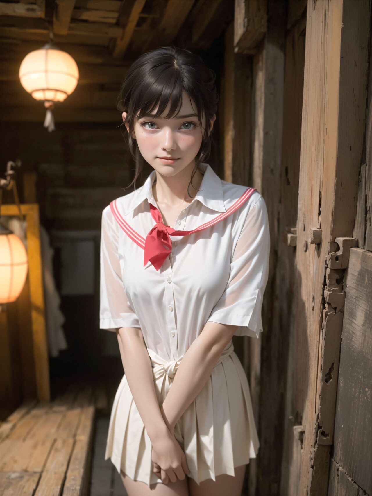 Her name is RUNA.
Her face is the cutest of all Japanese idols.
She has a natural, bewitching charm.
She has a look that is particularly popular with young male fans.
She has a child-like figure and is plump.
Her skin is beautiful, smooth and firm.
Her body is full and she has large breasts and buttocks.
She often wears see-through clothes, and you can always see part of her underwear through the see-through material.
Her clothes are loose-fitting, so they look like they could come off at any moment.
Her expression is innocent, and she looks like she's inviting men to look at her.
She seduces the hearts of the men who look at her.
She is in the middle of taking off her clothes.
She is touching her breasts.
From her appearance, it looks like she is fully prepared for sex.
In fact, in the image, her pussy is soaking wet, and even her inner thighs are wet with droplets.
Her expression shows that she is feeling embarrassed.
This image is a very erotic one that shows off her sexy appeal to the maximum.
If a man were to see it, he would probably ejaculate.

(masterpiece:1.3), (best quality:1.3),(photo-realistic:1.5),real person,
(cute girl:1.2),kawaii,idol face,(12 years old young girl:1.3),

BLAKE

Innocent pure and charming 16-year-old girl, 
Innocent, youthful expression, gentle smile, shy demeanour,

Embarrassed Idol smile,

dark deep Blue green eyes, shining with purity,
stylish short cut, delicate flow of hair, 

*
((

(masterpiece, best quality, ultra-detailed, hyper-realistic, photo-realistic, cinematic lighting, full body, solo, 4k resolution, perfect anatomy, beautifully detailed skin and fabric, soft shadows, ray tracing, intricate lighting reflections, cinematic depth of field, volumetric lighting),

A stunningly beautiful 16-year-old Japanese schoolgirl standing quietly at the aged wooden entrance of a secluded countryside school at dusk, surrounded by soft orange and pink hues of the fading sun. She wears a slightly oversized white sailor-style school uniform with a vivid red neckerchief that hangs loosely, its knot a little off-center as if hastily tied. The top of her blouse is partially unbuttoned, subtly revealing the curve of her collarbone and the top of her chest, with fabric gently pulling around her bust. Her pleated skirt is slightly ruffled and flutters lightly in the soft breeze, rising just enough to expose her smooth thighs above the hem of her white loose socks and worn brown leather loafers.

Her short black hair is glossy, layered with soft texture, and tousled slightly by the wind. Delicate bangs frame her youthful face, and a few damp strands cling subtly to her cheeks. Her eyes are deep and mysterious, dark grey with hints of melancholy violet, as if carrying unspoken emotions. She looks directly into the camera with a quiet intensity?her gaze both inviting and distant, like she?s waiting for someone but afraid they might never come. In one hand, she loosely holds an old-fashioned diary wrapped with a faded ribbon, tucked gently against her thigh, hinting at secret thoughts within.

Her body language is quiet yet suggestive: leaning lightly against the weathered doorframe with one foot up against the wood, her knees relaxed, her other hand brushing against the edge of her skirt absentmindedly. The surrounding scene is infused with nostalgic calm?moss-covered stone steps below, the edge of a rusted bicycle, and faintly glowing lanterns swinging gently from the wooden eaves above. Mist rises faintly from the fields in the distance, while soft rays from the setting sun spill through gaps in the clouds, illuminating dust motes in the air.

The camera captures her from a slightly low, diagonal angle?emphasizing her legs, the textures of her uniform, the vulnerability of the open collar, and the contemplative depth of her gaze. The entire composition evokes a delicate moment of transition: between day and night, between innocence and secret awareness, between being seen and remaining hidden. The air carries the stillness of anticipation.

(fantasy anime style, emotional storytelling composition, soft cinematic sunset color palette, ethereal yet grounded, rich background details, rural traditional school building, wooden textures, poetic mood)

BLAKE

A cinematic portrait of a young girl named RUNA standing in a narrow alleyway of a remote mountain village school area, with elements of traditional Japanese architecture. She is dressed in a slightly disheveled school uniform that clings softly to her body, the fabric slightly sheer under the golden-hour light. Her blouse is lightly wrinkled, untucked on one side, with a ribbon around her collar that has loosened naturally. Her pleated skirt catches a faint breeze, subtly lifting the hem to reveal delicate thigh-high socks and a glimpse of her bare leg.

Her expression is a mix of surprise and longing, captured as she half-turns toward the viewer with large, glistening eyes, her lips slightly parted. There's a hint of blush across her cheeks and the tip of her nose, as if caught in a moment of embarrassment or emotional confusion. A single bead of sweat glistens at her temple, catching the evening light. Her hair is short with slightly curled bangs, some strands sticking lightly to her skin, tousled by the humidity.

Her hands grip the hem of her skirt nervously, and her knees are slightly bent inward in a naturally shy stance. The viewer?s perspective is low angle, giving prominence to her face and expression, while highlighting the subtle textures of her clothing and exposed skin.

The background is enveloped in the magical twilight glow of a mountain village?aged wooden buildings with moss-covered eaves, a stone pathway damp from the afternoon mist, and distant warm light from paper lanterns hanging under the school roof's edge. Behind her, a glimpse of a closed shrine gate hints at hidden traditions. Shadows stretch softly across the alley, framing her in a quiet tension.

Soft cinematic lighting and shallow depth of field isolate her vividly from the dreamy background, while golden tones enhance the emotional contrast. Shot in hyper-realistic photographic quality, 8k detail, capturing delicate skin textures, fabric folds, the moist air and flickers of light through hanging mist. Every strand of her hair and thread of her uniform rendered with precision.

Photography notes: 50mm lens, f/1.2, soft backlight mixed with ambient side lighting. Cinematic tones. Slight chromatic aberration on background edges. Natural imperfection preserved.

High-res rendering, perfect anatomy, ultra-detailed skin, realistic facial expression, soft focus and dreamy atmosphere, professional photographic grade. Best quality, masterpiece, ultra-detailed, hyper-realistic, photo-realistic, cinematic shot, soft dreamy lighting.

Negative prompts: lowres, bad anatomy, extra limbs, blurry, watermark, signature, cartoonish, anime-style, poor quality textures, bad proportions, exaggerated anatomy, out-of-focus face, overexposed skin, distorted limbs.



):1.8),
*

Facing the camera, making eye contact, embodying childlike wonder, 

Soft, natural posture, youthful, graceful shot, 

flirtatious eyes expression,, an ideal blend of innocence and enchantment, 
Embodies the popular kawaii girl,
Elements of Lolita fashion, fresh and pure poses, exuding natural charm, 


The low angle emphasises her kawaii and highlights the fine textures of her hair and clothes, 
Natural light casts soft shadows and highlights the contours of her youthful face, 


Bringing her into sharp focus,
High resolution, detailed graphics, 
vivid colors, professional quality,


Ultra-high resolution, capturing every detail from individual strands of hair to the intricate fabrics of her costume,
Professional-grade clarity and contrast bring the vibrant colours to life,


(EasyNegativeV2:-1.5), (worst quality, low quality:-1.2),
(moles:-1.1),(spot on the skin:-1.2),(freckles:-1.3)
(bad-hands-5:-1.2), (negative_hand-neg:-1.1), 

BLAKE

beautiful detailed eyes,
(baby face:1.4),
(smile:1.4),blush,(soft and smooth skin:1.2),(oily skin:1.2),
(medium breasts:1.2),

(bangs cut, beautiful hair:1.6),braids,Headband Alice band,

concept art,
texture,Exquisite and beautiful backgrounds,
absolutely resolution, ultra detaile,intricate,
(8k:1.3),CG, unity , 2k wallpaper,absurdres,