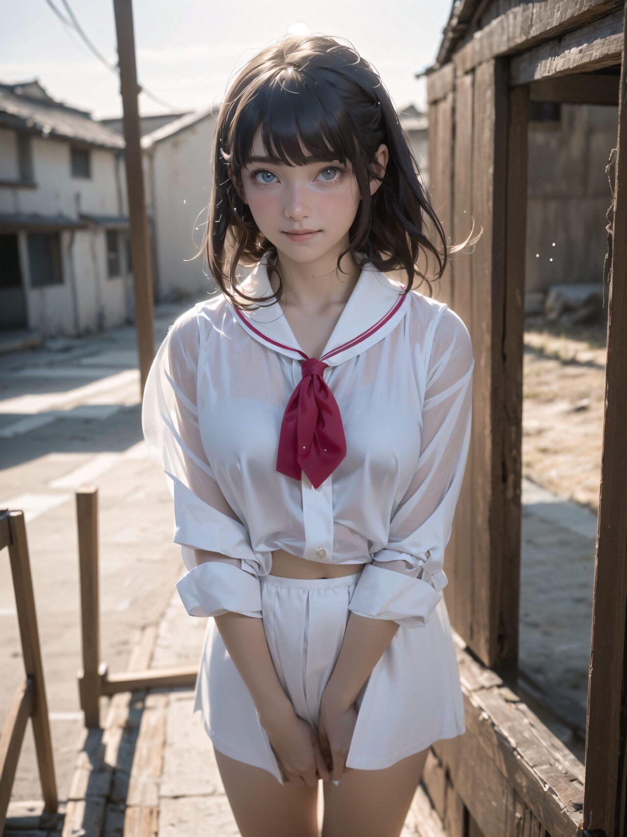 Her name is RUNA.
Her face is the cutest of all Japanese idols.
She has a natural, bewitching charm.
She has a look that is particularly popular with young male fans.
She has a child-like figure and is plump.
Her skin is beautiful, smooth and firm.
Her body is full and she has large breasts and buttocks.
She often wears see-through clothes, and you can always see part of her underwear through the see-through material.
Her clothes are loose-fitting, so they look like they could come off at any moment.
Her expression is innocent, and she looks like she's inviting men to look at her.
She seduces the hearts of the men who look at her.
She is in the middle of taking off her clothes.
She is touching her breasts.
From her appearance, it looks like she is fully prepared for sex.
In fact, in the image, her pussy is soaking wet, and even her inner thighs are wet with droplets.
Her expression shows that she is feeling embarrassed.
This image is a very erotic one that shows off her sexy appeal to the maximum.
If a man were to see it, he would probably ejaculate.

(masterpiece:1.3), (best quality:1.3),(photo-realistic:1.5),real person,
(cute girl:1.2),kawaii,idol face,(12 years old young girl:1.3),

BLAKE

Innocent pure and charming 16-year-old girl, 
Innocent, youthful expression, gentle smile, shy demeanour,

Embarrassed Idol smile,

dark deep Blue green eyes, shining with purity,
stylish short cut, delicate flow of hair, 

*
((

(masterpiece, best quality, ultra-detailed, hyper-realistic, photo-realistic, cinematic lighting, full body, solo, 4k resolution, perfect anatomy, beautifully detailed skin and fabric, soft shadows, ray tracing, intricate lighting reflections, cinematic depth of field, volumetric lighting),

A stunningly beautiful 16-year-old Japanese schoolgirl standing quietly at the aged wooden entrance of a secluded countryside school at dusk, surrounded by soft orange and pink hues of the fading sun. She wears a slightly oversized white sailor-style school uniform with a vivid red neckerchief that hangs loosely, its knot a little off-center as if hastily tied. The top of her blouse is partially unbuttoned, subtly revealing the curve of her collarbone and the top of her chest, with fabric gently pulling around her bust. Her pleated skirt is slightly ruffled and flutters lightly in the soft breeze, rising just enough to expose her smooth thighs above the hem of her white loose socks and worn brown leather loafers.

Her short black hair is glossy, layered with soft texture, and tousled slightly by the wind. Delicate bangs frame her youthful face, and a few damp strands cling subtly to her cheeks. Her eyes are deep and mysterious, dark grey with hints of melancholy violet, as if carrying unspoken emotions. She looks directly into the camera with a quiet intensity?her gaze both inviting and distant, like she?s waiting for someone but afraid they might never come. In one hand, she loosely holds an old-fashioned diary wrapped with a faded ribbon, tucked gently against her thigh, hinting at secret thoughts within.

Her body language is quiet yet suggestive: leaning lightly against the weathered doorframe with one foot up against the wood, her knees relaxed, her other hand brushing against the edge of her skirt absentmindedly. The surrounding scene is infused with nostalgic calm?moss-covered stone steps below, the edge of a rusted bicycle, and faintly glowing lanterns swinging gently from the wooden eaves above. Mist rises faintly from the fields in the distance, while soft rays from the setting sun spill through gaps in the clouds, illuminating dust motes in the air.

The camera captures her from a slightly low, diagonal angle?emphasizing her legs, the textures of her uniform, the vulnerability of the open collar, and the contemplative depth of her gaze. The entire composition evokes a delicate moment of transition: between day and night, between innocence and secret awareness, between being seen and remaining hidden. The air carries the stillness of anticipation.

(fantasy anime style, emotional storytelling composition, soft cinematic sunset color palette, ethereal yet grounded, rich background details, rural traditional school building, wooden textures, poetic mood)

BLAKE

A cinematic portrait of a young girl named RUNA standing in a narrow alleyway of a remote mountain village school area, with elements of traditional Japanese architecture. She is dressed in a slightly disheveled school uniform that clings softly to her body, the fabric slightly sheer under the golden-hour light. Her blouse is lightly wrinkled, untucked on one side, with a ribbon around her collar that has loosened naturally. Her pleated skirt catches a faint breeze, subtly lifting the hem to reveal delicate thigh-high socks and a glimpse of her bare leg.

Her expression is a mix of surprise and longing, captured as she half-turns toward the viewer with large, glistening eyes, her lips slightly parted. There's a hint of blush across her cheeks and the tip of her nose, as if caught in a moment of embarrassment or emotional confusion. A single bead of sweat glistens at her temple, catching the evening light. Her hair is short with slightly curled bangs, some strands sticking lightly to her skin, tousled by the humidity.

Her hands grip the hem of her skirt nervously, and her knees are slightly bent inward in a naturally shy stance. The viewer?s perspective is low angle, giving prominence to her face and expression, while highlighting the subtle textures of her clothing and exposed skin.

The background is enveloped in the magical twilight glow of a mountain village?aged wooden buildings with moss-covered eaves, a stone pathway damp from the afternoon mist, and distant warm light from paper lanterns hanging under the school roof's edge. Behind her, a glimpse of a closed shrine gate hints at hidden traditions. Shadows stretch softly across the alley, framing her in a quiet tension.

Soft cinematic lighting and shallow depth of field isolate her vividly from the dreamy background, while golden tones enhance the emotional contrast. Shot in hyper-realistic photographic quality, 8k detail, capturing delicate skin textures, fabric folds, the moist air and flickers of light through hanging mist. Every strand of her hair and thread of her uniform rendered with precision.

Photography notes: 50mm lens, f/1.2, soft backlight mixed with ambient side lighting. Cinematic tones. Slight chromatic aberration on background edges. Natural imperfection preserved.

High-res rendering, perfect anatomy, ultra-detailed skin, realistic facial expression, soft focus and dreamy atmosphere, professional photographic grade. Best quality, masterpiece, ultra-detailed, hyper-realistic, photo-realistic, cinematic shot, soft dreamy lighting.

Negative prompts: lowres, bad anatomy, extra limbs, blurry, watermark, signature, cartoonish, anime-style, poor quality textures, bad proportions, exaggerated anatomy, out-of-focus face, overexposed skin, distorted limbs.



):1.8),
*

Facing the camera, making eye contact, embodying childlike wonder, 

Soft, natural posture, youthful, graceful shot, 

flirtatious eyes expression,, an ideal blend of innocence and enchantment, 
Embodies the popular kawaii girl,
Elements of Lolita fashion, fresh and pure poses, exuding natural charm, 


The low angle emphasises her kawaii and highlights the fine textures of her hair and clothes, 
Natural light casts soft shadows and highlights the contours of her youthful face, 


Bringing her into sharp focus,
High resolution, detailed graphics, 
vivid colors, professional quality,


Ultra-high resolution, capturing every detail from individual strands of hair to the intricate fabrics of her costume,
Professional-grade clarity and contrast bring the vibrant colours to life,


(EasyNegativeV2:-1.5), (worst quality, low quality:-1.2),
(moles:-1.1),(spot on the skin:-1.2),(freckles:-1.3)
(bad-hands-5:-1.2), (negative_hand-neg:-1.1), 

BLAKE

beautiful detailed eyes,
(baby face:1.4),
(smile:1.4),blush,(soft and smooth skin:1.2),(oily skin:1.2),
(medium breasts:1.2),

(bangs cut, beautiful hair:1.6),braids,Headband Alice band,

concept art,
texture,Exquisite and beautiful backgrounds,
absolutely resolution, ultra detaile,intricate,
(8k:1.3),CG, unity , 2k wallpaper,absurdres,