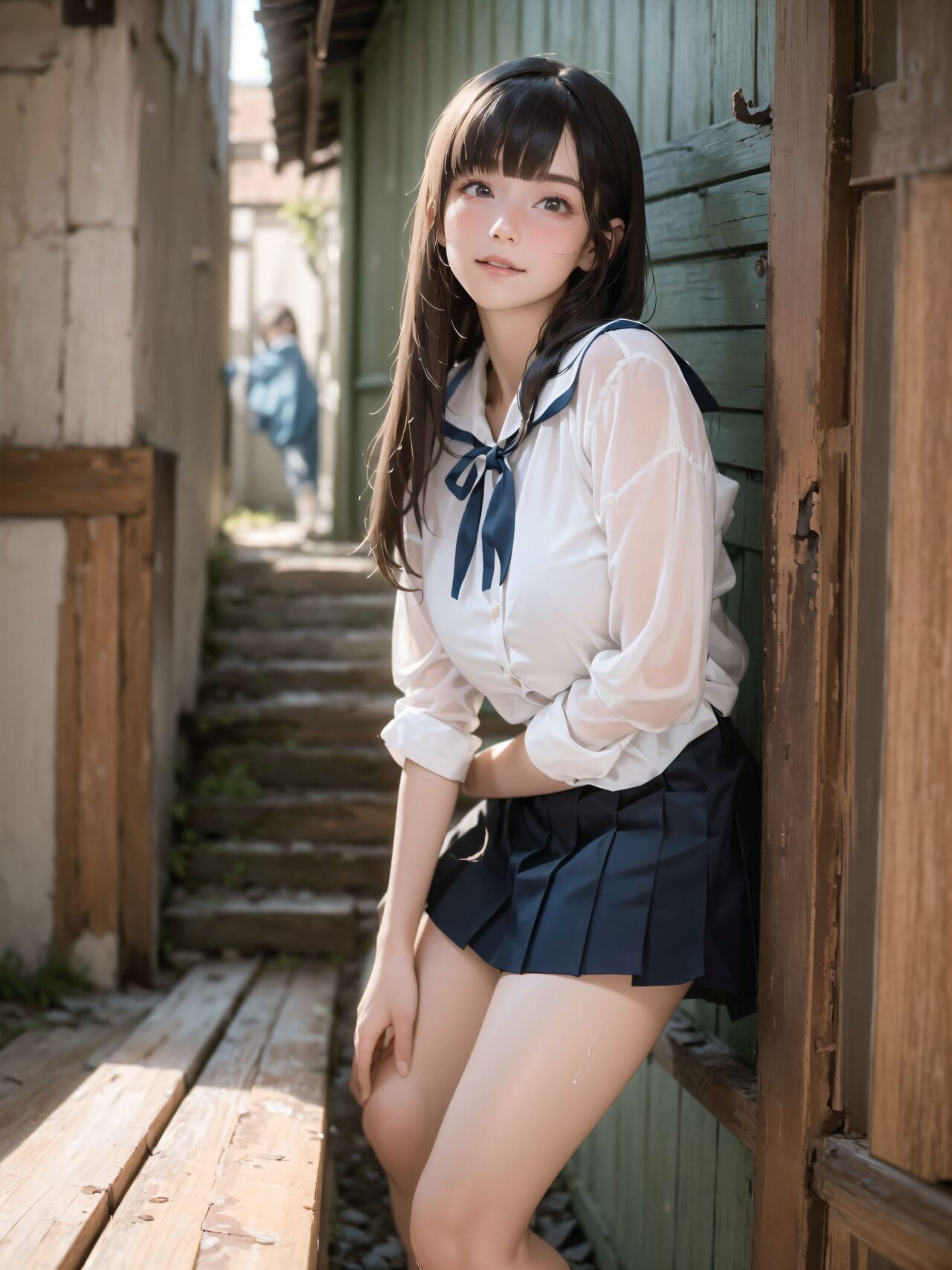 Her name is RUNA.
Her face is the cutest of all Japanese idols.
She has a natural, bewitching charm.
She has a look that is particularly popular with young male fans.
She has a child-like figure and is plump.
Her skin is beautiful, smooth and firm.
Her body is full and she has large breasts and buttocks.
She often wears see-through clothes, and you can always see part of her underwear through the see-through material.
Her clothes are loose-fitting, so they look like they could come off at any moment.
Her expression is innocent, and she looks like she's inviting men to look at her.
She seduces the hearts of the men who look at her.
She is in the middle of taking off her clothes.
She is touching her breasts.
From her appearance, it looks like she is fully prepared for sex.
In fact, in the image, her pussy is soaking wet, and even her inner thighs are wet with droplets.
Her expression shows that she is feeling embarrassed.
This image is a very erotic one that shows off her sexy appeal to the maximum.
If a man were to see it, he would probably ejaculate.

(masterpiece:1.3), (best quality:1.3),(photo-realistic:1.5),real person,
(cute girl:1.2),kawaii,idol face,(12 years old young girl:1.3),

BLAKE

Innocent pure and charming 16-year-old girl, 
Innocent, youthful expression, gentle smile, shy demeanour,

Embarrassed Idol smile,

dark deep Blue green eyes, shining with purity,
stylish short cut, delicate flow of hair, 

*
((

(masterpiece, best quality, ultra-detailed, hyper-realistic, photo-realistic, cinematic lighting, full body, solo, 4k resolution, perfect anatomy, beautifully detailed skin and fabric, soft shadows, ray tracing, intricate lighting reflections, cinematic depth of field, volumetric lighting),

A stunningly beautiful 16-year-old Japanese schoolgirl standing quietly at the aged wooden entrance of a secluded countryside school at dusk, surrounded by soft orange and pink hues of the fading sun. She wears a slightly oversized white sailor-style school uniform with a vivid red neckerchief that hangs loosely, its knot a little off-center as if hastily tied. The top of her blouse is partially unbuttoned, subtly revealing the curve of her collarbone and the top of her chest, with fabric gently pulling around her bust. Her pleated skirt is slightly ruffled and flutters lightly in the soft breeze, rising just enough to expose her smooth thighs above the hem of her white loose socks and worn brown leather loafers.

Her short black hair is glossy, layered with soft texture, and tousled slightly by the wind. Delicate bangs frame her youthful face, and a few damp strands cling subtly to her cheeks. Her eyes are deep and mysterious, dark grey with hints of melancholy violet, as if carrying unspoken emotions. She looks directly into the camera with a quiet intensity?her gaze both inviting and distant, like she?s waiting for someone but afraid they might never come. In one hand, she loosely holds an old-fashioned diary wrapped with a faded ribbon, tucked gently against her thigh, hinting at secret thoughts within.

Her body language is quiet yet suggestive: leaning lightly against the weathered doorframe with one foot up against the wood, her knees relaxed, her other hand brushing against the edge of her skirt absentmindedly. The surrounding scene is infused with nostalgic calm?moss-covered stone steps below, the edge of a rusted bicycle, and faintly glowing lanterns swinging gently from the wooden eaves above. Mist rises faintly from the fields in the distance, while soft rays from the setting sun spill through gaps in the clouds, illuminating dust motes in the air.

The camera captures her from a slightly low, diagonal angle?emphasizing her legs, the textures of her uniform, the vulnerability of the open collar, and the contemplative depth of her gaze. The entire composition evokes a delicate moment of transition: between day and night, between innocence and secret awareness, between being seen and remaining hidden. The air carries the stillness of anticipation.

(fantasy anime style, emotional storytelling composition, soft cinematic sunset color palette, ethereal yet grounded, rich background details, rural traditional school building, wooden textures, poetic mood)

BLAKE

A cinematic portrait of a young girl named RUNA standing in a narrow alleyway of a remote mountain village school area, with elements of traditional Japanese architecture. She is dressed in a slightly disheveled school uniform that clings softly to her body, the fabric slightly sheer under the golden-hour light. Her blouse is lightly wrinkled, untucked on one side, with a ribbon around her collar that has loosened naturally. Her pleated skirt catches a faint breeze, subtly lifting the hem to reveal delicate thigh-high socks and a glimpse of her bare leg.

Her expression is a mix of surprise and longing, captured as she half-turns toward the viewer with large, glistening eyes, her lips slightly parted. There's a hint of blush across her cheeks and the tip of her nose, as if caught in a moment of embarrassment or emotional confusion. A single bead of sweat glistens at her temple, catching the evening light. Her hair is short with slightly curled bangs, some strands sticking lightly to her skin, tousled by the humidity.

Her hands grip the hem of her skirt nervously, and her knees are slightly bent inward in a naturally shy stance. The viewer?s perspective is low angle, giving prominence to her face and expression, while highlighting the subtle textures of her clothing and exposed skin.

The background is enveloped in the magical twilight glow of a mountain village?aged wooden buildings with moss-covered eaves, a stone pathway damp from the afternoon mist, and distant warm light from paper lanterns hanging under the school roof's edge. Behind her, a glimpse of a closed shrine gate hints at hidden traditions. Shadows stretch softly across the alley, framing her in a quiet tension.

Soft cinematic lighting and shallow depth of field isolate her vividly from the dreamy background, while golden tones enhance the emotional contrast. Shot in hyper-realistic photographic quality, 8k detail, capturing delicate skin textures, fabric folds, the moist air and flickers of light through hanging mist. Every strand of her hair and thread of her uniform rendered with precision.

Photography notes: 50mm lens, f/1.2, soft backlight mixed with ambient side lighting. Cinematic tones. Slight chromatic aberration on background edges. Natural imperfection preserved.

High-res rendering, perfect anatomy, ultra-detailed skin, realistic facial expression, soft focus and dreamy atmosphere, professional photographic grade. Best quality, masterpiece, ultra-detailed, hyper-realistic, photo-realistic, cinematic shot, soft dreamy lighting.

Negative prompts: lowres, bad anatomy, extra limbs, blurry, watermark, signature, cartoonish, anime-style, poor quality textures, bad proportions, exaggerated anatomy, out-of-focus face, overexposed skin, distorted limbs.



):1.8),
*

Facing the camera, making eye contact, embodying childlike wonder, 

Soft, natural posture, youthful, graceful shot, 

flirtatious eyes expression,, an ideal blend of innocence and enchantment, 
Embodies the popular kawaii girl,
Elements of Lolita fashion, fresh and pure poses, exuding natural charm, 


The low angle emphasises her kawaii and highlights the fine textures of her hair and clothes, 
Natural light casts soft shadows and highlights the contours of her youthful face, 


Bringing her into sharp focus,
High resolution, detailed graphics, 
vivid colors, professional quality,


Ultra-high resolution, capturing every detail from individual strands of hair to the intricate fabrics of her costume,
Professional-grade clarity and contrast bring the vibrant colours to life,


(EasyNegativeV2:-1.5), (worst quality, low quality:-1.2),
(moles:-1.1),(spot on the skin:-1.2),(freckles:-1.3)
(bad-hands-5:-1.2), (negative_hand-neg:-1.1), 

BLAKE

beautiful detailed eyes,
(baby face:1.4),
(smile:1.4),blush,(soft and smooth skin:1.2),(oily skin:1.2),
(medium breasts:1.2),

(bangs cut, beautiful hair:1.6),braids,Headband Alice band,

concept art,
texture,Exquisite and beautiful backgrounds,
absolutely resolution, ultra detaile,intricate,
(8k:1.3),CG, unity , 2k wallpaper,absurdres,