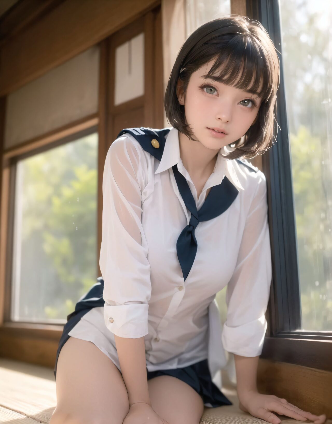 Her name is RUNA.
(Her face is the cutest of all Japanese idols:1.6),
She has a natural, bewitching charm.
She has a look that is particularly popular with young male fans.
She has a child-like figure and is plump.
Her skin is beautiful, smooth and firm.
Her body is full and she has large breasts and buttocks.
She often wears see-through clothes, and you can always see part of her underwear through the see-through material.
Her clothes are loose-fitting, so they look like they could come off at any moment.
Her expression is innocent, and she looks like she's inviting men to look at her.
She seduces the hearts of the men who look at her.
She is in the middle of taking off her clothes.
She is touching her breasts.
From her appearance, it looks like she is fully prepared for sex.
In fact, in the image, her pussy is soaking wet, and even her inner thighs are wet with droplets.
Her expression shows that she is feeling embarrassed.
This image is a very erotic one that shows off her sexy appeal to the maximum.
If a man were to see it, he would probably ejaculate.

(masterpiece:1.9), (best quality:1.8),(photo-realistic:1.7),real person,
(cute girl:1.2),(kawaii, japanese idol face:1.6),(12 years old young girl:1.3),
Beautiful skin, clear skin, fresh young skin, 


Innocent pure and charming 16-year-old girl,
Innocent, youthful expression, gentle smile, shy demeanour,

Embarrassed Idol smile,

dark deep Blue green eyes, shining with purity,
stylish short cut, delicate flow of hair,



*
((

(masterpiece, best quality, ultra-detailed, photo-realistic, soft lighting, cinematic atmosphere:1.4),
(A 16-year-old beautiful Japanese schoolgirl, short black hair with blunt bangs, soft shy smile, expressive eyes full of warmth and hesitation, school uniform neatly worn with blazer removed and folded on desk, long eyelashes, gentle natural blush, delicate fingers holding chopsticks),
(sitting by the window in a quiet classroom during lunchtime, wooden desk with an open bento box, simple but carefully packed lunch with rice and vegetables, warm sunlight filtering through the classroom window, soft shadows cast on the tatami-colored floor, mountain greenery and blue sky visible through the glass, leaves swaying in gentle wind, tranquil rural school scenery),
(the girl turns slightly toward the viewer, surprised yet accepting expression, soft eye contact, subtle emotional connection, cheeks faintly pink from the moment, light reflecting in her eyes, capturing a warm yet hesitant interaction),
(wide-angle cinematic shot from a slightly elevated angle, soft depth of field, gentle ambient occlusion, focus on the emotion between two people, framed as a serene memory from youth, beautiful harmony between character and background),

(vibrant colors, ultra-high resolution, lifelike skin texture, soft fabric folds in uniform, atmospheric lighting with warm tones, pastel background palette, professional lens quality, shallow depth of field:1.3)




):1.2),
*