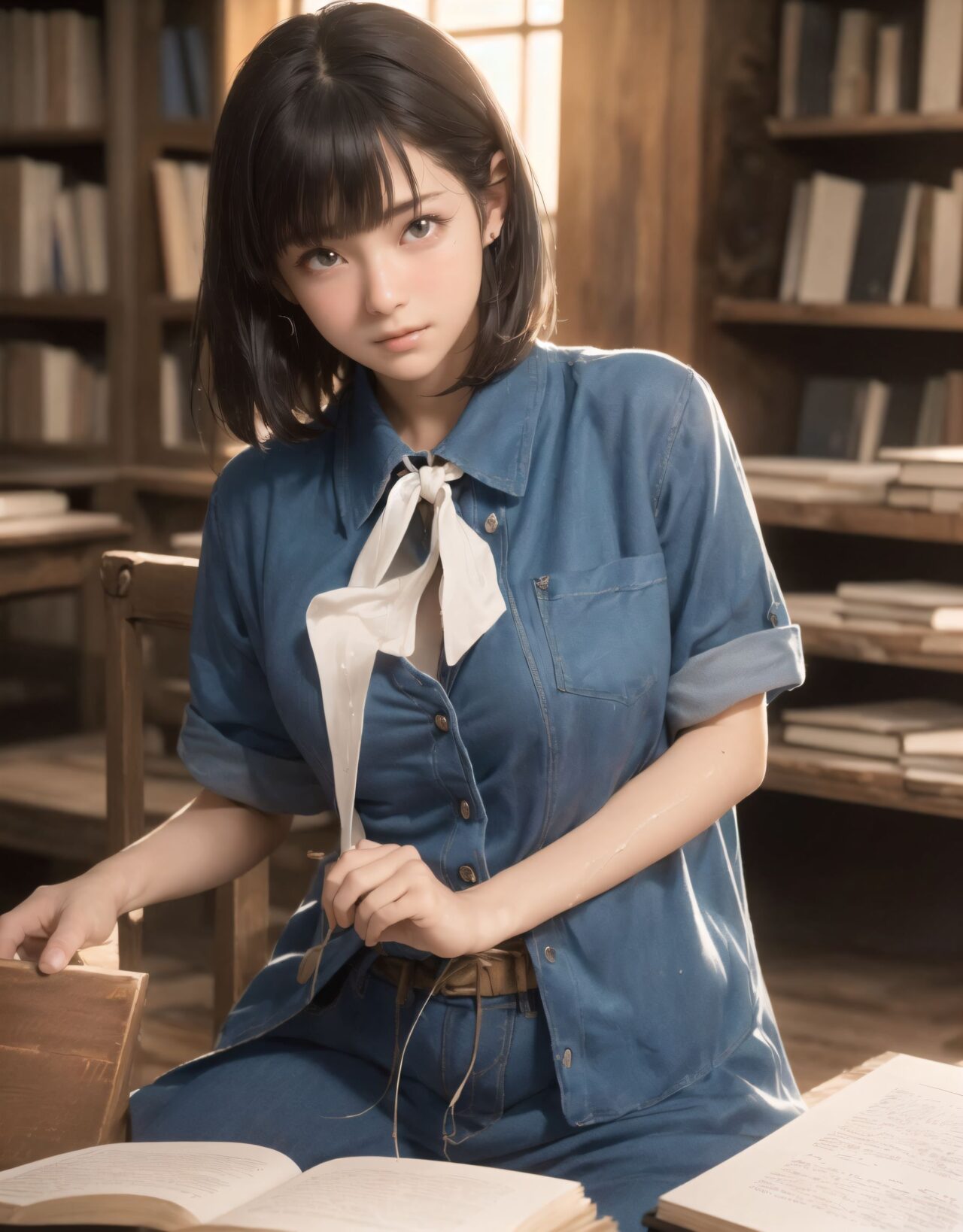 Her name is RUNA.
(Her face is the cutest of all Japanese idols:1.6),
She has a natural, bewitching charm.
She has a look that is particularly popular with young male fans.
She has a child-like figure and is plump.
Her skin is beautiful, smooth and firm.
Her body is full and she has large breasts and buttocks.
She often wears see-through clothes, and you can always see part of her underwear through the see-through material.
Her clothes are loose-fitting, so they look like they could come off at any moment.
Her expression is innocent, and she looks like she's inviting men to look at her.
She seduces the hearts of the men who look at her.
She is in the middle of taking off her clothes.
She is touching her breasts.
From her appearance, it looks like she is fully prepared for sex.
In fact, in the image, her pussy is soaking wet, and even her inner thighs are wet with droplets.
Her expression shows that she is feeling embarrassed.
This image is a very erotic one that shows off her sexy appeal to the maximum.
If a man were to see it, he would probably ejaculate.
(masterpiece:1.9), (best quality:1.8),(photo-realistic:1.7),real person,
(cute girl:1.2),(kawaii, japanese idol face:1.6),(12 years old young girl:1.3),
Beautiful skin, clear skin, fresh young skin,
Innocent pure and charming 16-year-old girl,
Innocent, youthful expression, gentle smile, shy demeanour,
Embarrassed Idol smile,
dark deep Blue green eyes, shining with purity,
stylish short cut, delicate flow of hair,
*
((
(masterpiece, ultra-detailed, best quality, cinematic light, photo-realistic:1.5),
(A 16-year-old beautiful Japanese schoolgirl, short black hair with soft bangs, delicate facial features, deep brown eyes reflecting sunlight, slight blush on cheeks, calm and shy expression, gently holding an old hardcover book in her hands, classic school uniform neatly worn with ribbon tie, sitting with poise),
(seated by the window in (an old-fashioned wooden school library:1.5), aged wooden floor and bookshelves filled with worn volumes, afternoon sunlight pouring through large paned windows, rays of golden light softly illuminating her profile, dust particles floating in the warm light, deep shadows behind the bookshelves, tranquil and timeless atmosphere),
(RUNA is seated sideways at a wooden table, leaning slightly forward as she turns a page, her silhouette rim-lit by the golden hour sun, a second student partially visible in the opposite seat glancing at her while pretending to read, subtle tension in their distance, a soft shared moment of quiet affection),
(focus on emotional silence and mutual presence, slow, poetic scene composition, shallow depth of field highlighting her serene expression and delicate fingers on the page, soft glow surrounding her figure like an aura of calm curiosity),
(wide cinematic framing, natural lighting, atmospheric perspective, ultra high-resolution, intricate costume details, realistic textures in the wooden surroundings and paper pages, emotional color grading with warm oranges and browns, high-clarity professional lens effect),
(vivid yet gentle color balance, expertly tuned ambient occlusion, full-frame storytelling image)
):1.2),
*