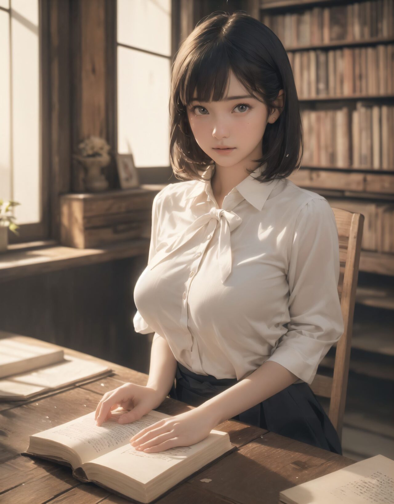 Her name is RUNA.
(Her face is the cutest of all Japanese idols:1.6),
She has a natural, bewitching charm.
She has a look that is particularly popular with young male fans.
She has a child-like figure and is plump.
Her skin is beautiful, smooth and firm.
Her body is full and she has large breasts and buttocks.
She often wears see-through clothes, and you can always see part of her underwear through the see-through material.
Her clothes are loose-fitting, so they look like they could come off at any moment.
Her expression is innocent, and she looks like she's inviting men to look at her.
She seduces the hearts of the men who look at her.
She is in the middle of taking off her clothes.
She is touching her breasts.
From her appearance, it looks like she is fully prepared for sex.
In fact, in the image, her pussy is soaking wet, and even her inner thighs are wet with droplets.
Her expression shows that she is feeling embarrassed.
This image is a very erotic one that shows off her sexy appeal to the maximum.
If a man were to see it, he would probably ejaculate.
(masterpiece:1.9), (best quality:1.8),(photo-realistic:1.7),real person,
(cute girl:1.2),(kawaii, japanese idol face:1.6),(12 years old young girl:1.3),
Beautiful skin, clear skin, fresh young skin,
Innocent pure and charming 16-year-old girl,
Innocent, youthful expression, gentle smile, shy demeanour,
Embarrassed Idol smile,
dark deep Blue green eyes, shining with purity,
stylish short cut, delicate flow of hair,
*
((
(masterpiece, ultra-detailed, best quality, cinematic light, photo-realistic:1.5),
(A 16-year-old beautiful Japanese schoolgirl, short black hair with soft bangs, delicate facial features, deep brown eyes reflecting sunlight, slight blush on cheeks, calm and shy expression, gently holding an old hardcover book in her hands, classic school uniform neatly worn with ribbon tie, sitting with poise),
(seated by the window in (an old-fashioned wooden school library:1.5), aged wooden floor and bookshelves filled with worn volumes, afternoon sunlight pouring through large paned windows, rays of golden light softly illuminating her profile, dust particles floating in the warm light, deep shadows behind the bookshelves, tranquil and timeless atmosphere),
(RUNA is seated sideways at a wooden table, leaning slightly forward as she turns a page, her silhouette rim-lit by the golden hour sun, a second student partially visible in the opposite seat glancing at her while pretending to read, subtle tension in their distance, a soft shared moment of quiet affection),
(focus on emotional silence and mutual presence, slow, poetic scene composition, shallow depth of field highlighting her serene expression and delicate fingers on the page, soft glow surrounding her figure like an aura of calm curiosity),
(wide cinematic framing, natural lighting, atmospheric perspective, ultra high-resolution, intricate costume details, realistic textures in the wooden surroundings and paper pages, emotional color grading with warm oranges and browns, high-clarity professional lens effect),
(vivid yet gentle color balance, expertly tuned ambient occlusion, full-frame storytelling image)
):1.2),
*