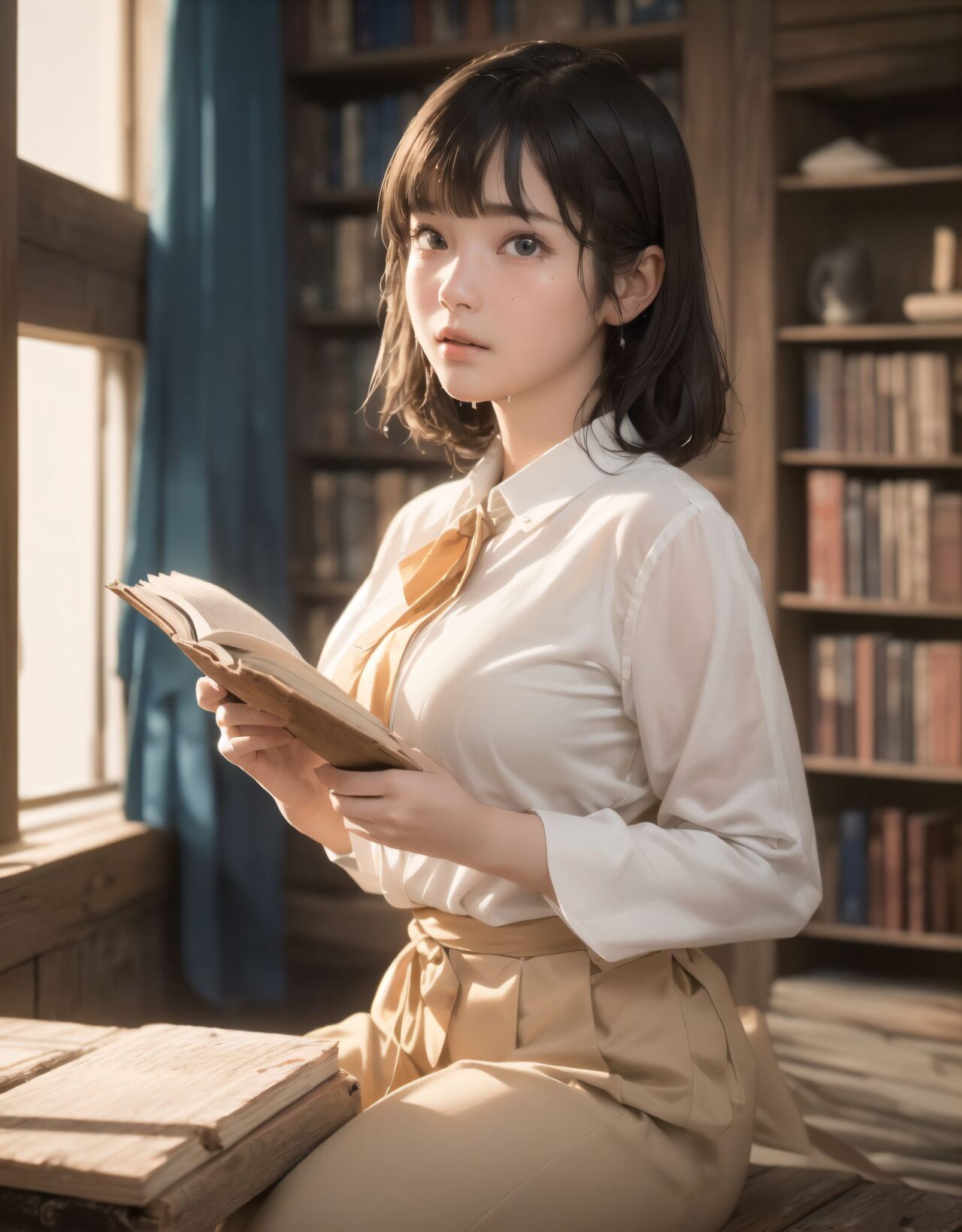 Her name is RUNA.
(Her face is the cutest of all Japanese idols:1.6),
She has a natural, bewitching charm.
She has a look that is particularly popular with young male fans.
She has a child-like figure and is plump.
Her skin is beautiful, smooth and firm.
Her body is full and she has large breasts and buttocks.
She often wears see-through clothes, and you can always see part of her underwear through the see-through material.
Her clothes are loose-fitting, so they look like they could come off at any moment.
Her expression is innocent, and she looks like she's inviting men to look at her.
She seduces the hearts of the men who look at her.
She is in the middle of taking off her clothes.
She is touching her breasts.
From her appearance, it looks like she is fully prepared for sex.
In fact, in the image, her pussy is soaking wet, and even her inner thighs are wet with droplets.
Her expression shows that she is feeling embarrassed.
This image is a very erotic one that shows off her sexy appeal to the maximum.
If a man were to see it, he would probably ejaculate.
(masterpiece:1.9), (best quality:1.8),(photo-realistic:1.7),real person,
(cute girl:1.2),(kawaii, japanese idol face:1.6),(12 years old young girl:1.3),
Beautiful skin, clear skin, fresh young skin,
Innocent pure and charming 16-year-old girl,
Innocent, youthful expression, gentle smile, shy demeanour,
Embarrassed Idol smile,
dark deep Blue green eyes, shining with purity,
stylish short cut, delicate flow of hair,
*
((
(masterpiece, ultra-detailed, best quality, cinematic light, photo-realistic:1.5),
(A 16-year-old beautiful Japanese schoolgirl, short black hair with soft bangs, delicate facial features, deep brown eyes reflecting sunlight, slight blush on cheeks, calm and shy expression, gently holding an old hardcover book in her hands, classic school uniform neatly worn with ribbon tie, sitting with poise),
(seated by the window in (an old-fashioned wooden school library:1.5), aged wooden floor and bookshelves filled with worn volumes, afternoon sunlight pouring through large paned windows, rays of golden light softly illuminating her profile, dust particles floating in the warm light, deep shadows behind the bookshelves, tranquil and timeless atmosphere),
(RUNA is seated sideways at a wooden table, leaning slightly forward as she turns a page, her silhouette rim-lit by the golden hour sun, a second student partially visible in the opposite seat glancing at her while pretending to read, subtle tension in their distance, a soft shared moment of quiet affection),
(focus on emotional silence and mutual presence, slow, poetic scene composition, shallow depth of field highlighting her serene expression and delicate fingers on the page, soft glow surrounding her figure like an aura of calm curiosity),
(wide cinematic framing, natural lighting, atmospheric perspective, ultra high-resolution, intricate costume details, realistic textures in the wooden surroundings and paper pages, emotional color grading with warm oranges and browns, high-clarity professional lens effect),
(vivid yet gentle color balance, expertly tuned ambient occlusion, full-frame storytelling image)
):1.2),
*