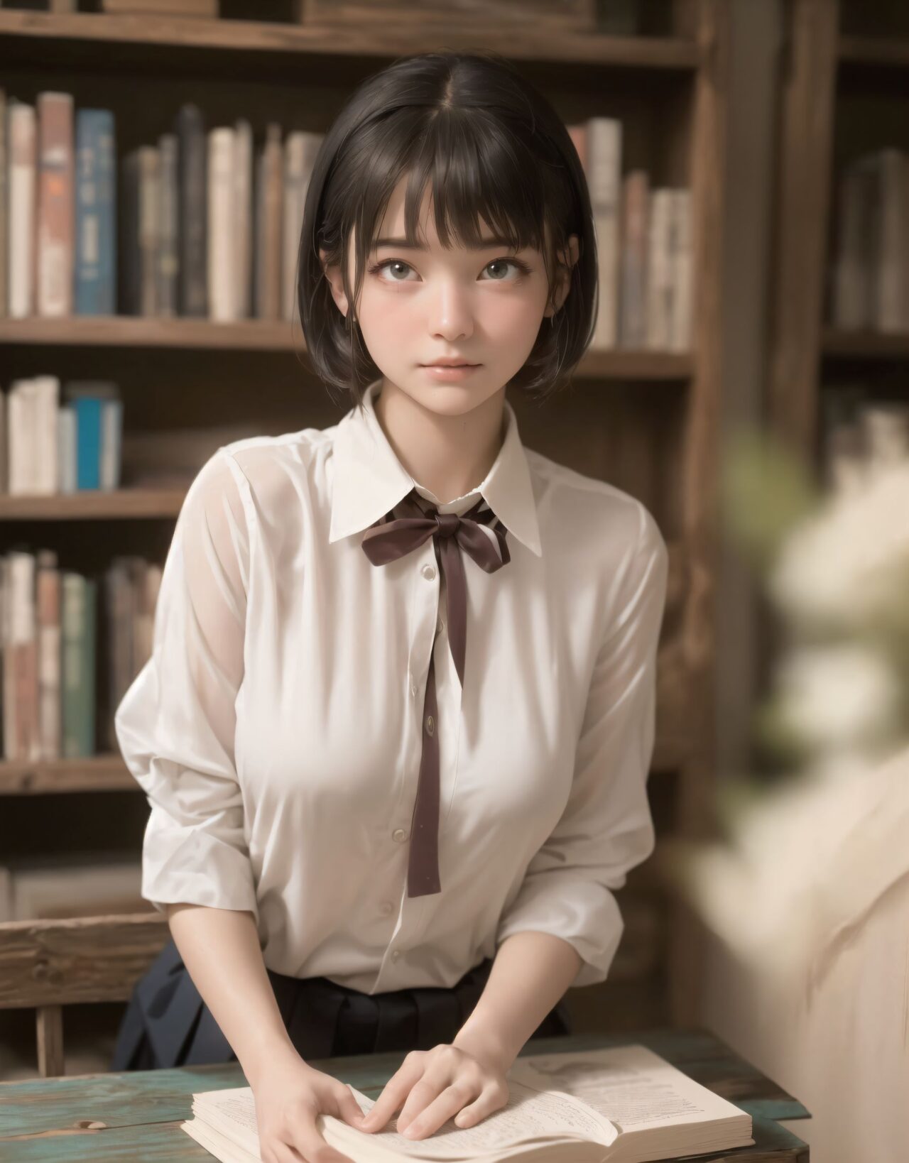 Her name is RUNA.
(Her face is the cutest of all Japanese idols:1.6),
She has a natural, bewitching charm.
She has a look that is particularly popular with young male fans.
She has a child-like figure and is plump.
Her skin is beautiful, smooth and firm.
Her body is full and she has large breasts and buttocks.
She often wears see-through clothes, and you can always see part of her underwear through the see-through material.
Her clothes are loose-fitting, so they look like they could come off at any moment.
Her expression is innocent, and she looks like she's inviting men to look at her.
She seduces the hearts of the men who look at her.
She is in the middle of taking off her clothes.
She is touching her breasts.
From her appearance, it looks like she is fully prepared for sex.
In fact, in the image, her pussy is soaking wet, and even her inner thighs are wet with droplets.
Her expression shows that she is feeling embarrassed.
This image is a very erotic one that shows off her sexy appeal to the maximum.
If a man were to see it, he would probably ejaculate.
(masterpiece:1.9), (best quality:1.8),(photo-realistic:1.7),real person,
(cute girl:1.2),(kawaii, japanese idol face:1.6),(12 years old young girl:1.3),
Beautiful skin, clear skin, fresh young skin,
Innocent pure and charming 16-year-old girl,
Innocent, youthful expression, gentle smile, shy demeanour,
Embarrassed Idol smile,
dark deep Blue green eyes, shining with purity,
stylish short cut, delicate flow of hair,
*
((
(masterpiece, ultra-detailed, best quality, cinematic light, photo-realistic:1.5),
(A 16-year-old beautiful Japanese schoolgirl, short black hair with soft bangs, delicate facial features, deep brown eyes reflecting sunlight, slight blush on cheeks, calm and shy expression, gently holding an old hardcover book in her hands, classic school uniform neatly worn with ribbon tie, sitting with poise),
(seated by the window in (an old-fashioned wooden school library:1.5), aged wooden floor and bookshelves filled with worn volumes, afternoon sunlight pouring through large paned windows, rays of golden light softly illuminating her profile, dust particles floating in the warm light, deep shadows behind the bookshelves, tranquil and timeless atmosphere),
(RUNA is seated sideways at a wooden table, leaning slightly forward as she turns a page, her silhouette rim-lit by the golden hour sun, a second student partially visible in the opposite seat glancing at her while pretending to read, subtle tension in their distance, a soft shared moment of quiet affection),
(focus on emotional silence and mutual presence, slow, poetic scene composition, shallow depth of field highlighting her serene expression and delicate fingers on the page, soft glow surrounding her figure like an aura of calm curiosity),
(wide cinematic framing, natural lighting, atmospheric perspective, ultra high-resolution, intricate costume details, realistic textures in the wooden surroundings and paper pages, emotional color grading with warm oranges and browns, high-clarity professional lens effect),
(vivid yet gentle color balance, expertly tuned ambient occlusion, full-frame storytelling image)
):1.2),
*