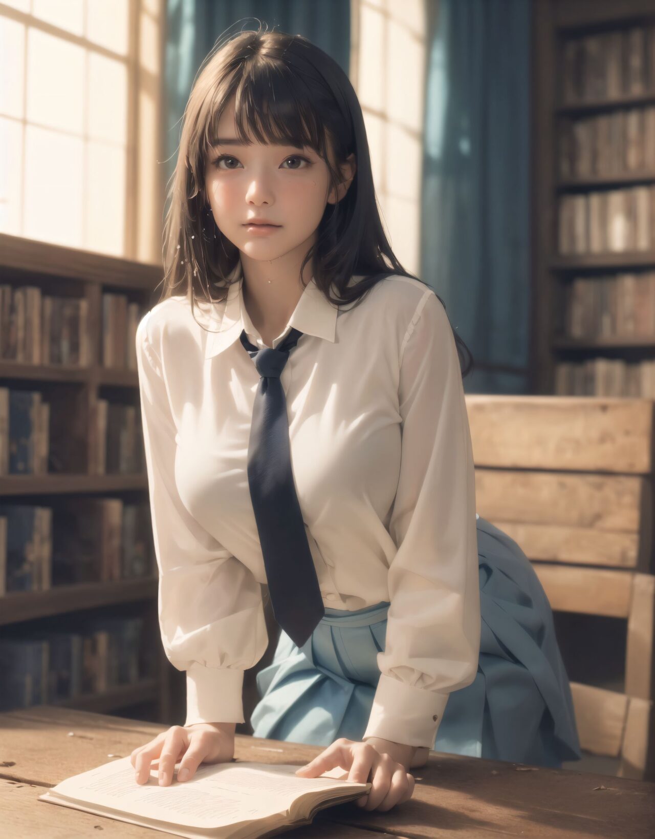 Her name is RUNA.
(Her face is the cutest of all Japanese idols:1.6),
She has a natural, bewitching charm.
She has a look that is particularly popular with young male fans.
She has a child-like figure and is plump.
Her skin is beautiful, smooth and firm.
Her body is full and she has large breasts and buttocks.
She often wears see-through clothes, and you can always see part of her underwear through the see-through material.
Her clothes are loose-fitting, so they look like they could come off at any moment.
Her expression is innocent, and she looks like she's inviting men to look at her.
She seduces the hearts of the men who look at her.
She is in the middle of taking off her clothes.
She is touching her breasts.
From her appearance, it looks like she is fully prepared for sex.
In fact, in the image, her pussy is soaking wet, and even her inner thighs are wet with droplets.
Her expression shows that she is feeling embarrassed.
This image is a very erotic one that shows off her sexy appeal to the maximum.
If a man were to see it, he would probably ejaculate.
(masterpiece:1.9), (best quality:1.8),(photo-realistic:1.7),real person,
(cute girl:1.2),(kawaii, japanese idol face:1.6),(12 years old young girl:1.3),
Beautiful skin, clear skin, fresh young skin,
Innocent pure and charming 16-year-old girl,
Innocent, youthful expression, gentle smile, shy demeanour,
Embarrassed Idol smile,
dark deep Blue green eyes, shining with purity,
stylish short cut, delicate flow of hair,
*
((
(masterpiece, ultra-detailed, best quality, cinematic light, photo-realistic:1.5),
(A 16-year-old beautiful Japanese schoolgirl, short black hair with soft bangs, delicate facial features, deep brown eyes reflecting sunlight, slight blush on cheeks, calm and shy expression, gently holding an old hardcover book in her hands, classic school uniform neatly worn with ribbon tie, sitting with poise),
(seated by the window in (an old-fashioned wooden school library:1.5), aged wooden floor and bookshelves filled with worn volumes, afternoon sunlight pouring through large paned windows, rays of golden light softly illuminating her profile, dust particles floating in the warm light, deep shadows behind the bookshelves, tranquil and timeless atmosphere),
(RUNA is seated sideways at a wooden table, leaning slightly forward as she turns a page, her silhouette rim-lit by the golden hour sun, a second student partially visible in the opposite seat glancing at her while pretending to read, subtle tension in their distance, a soft shared moment of quiet affection),
(focus on emotional silence and mutual presence, slow, poetic scene composition, shallow depth of field highlighting her serene expression and delicate fingers on the page, soft glow surrounding her figure like an aura of calm curiosity),
(wide cinematic framing, natural lighting, atmospheric perspective, ultra high-resolution, intricate costume details, realistic textures in the wooden surroundings and paper pages, emotional color grading with warm oranges and browns, high-clarity professional lens effect),
(vivid yet gentle color balance, expertly tuned ambient occlusion, full-frame storytelling image)
):1.2),
*