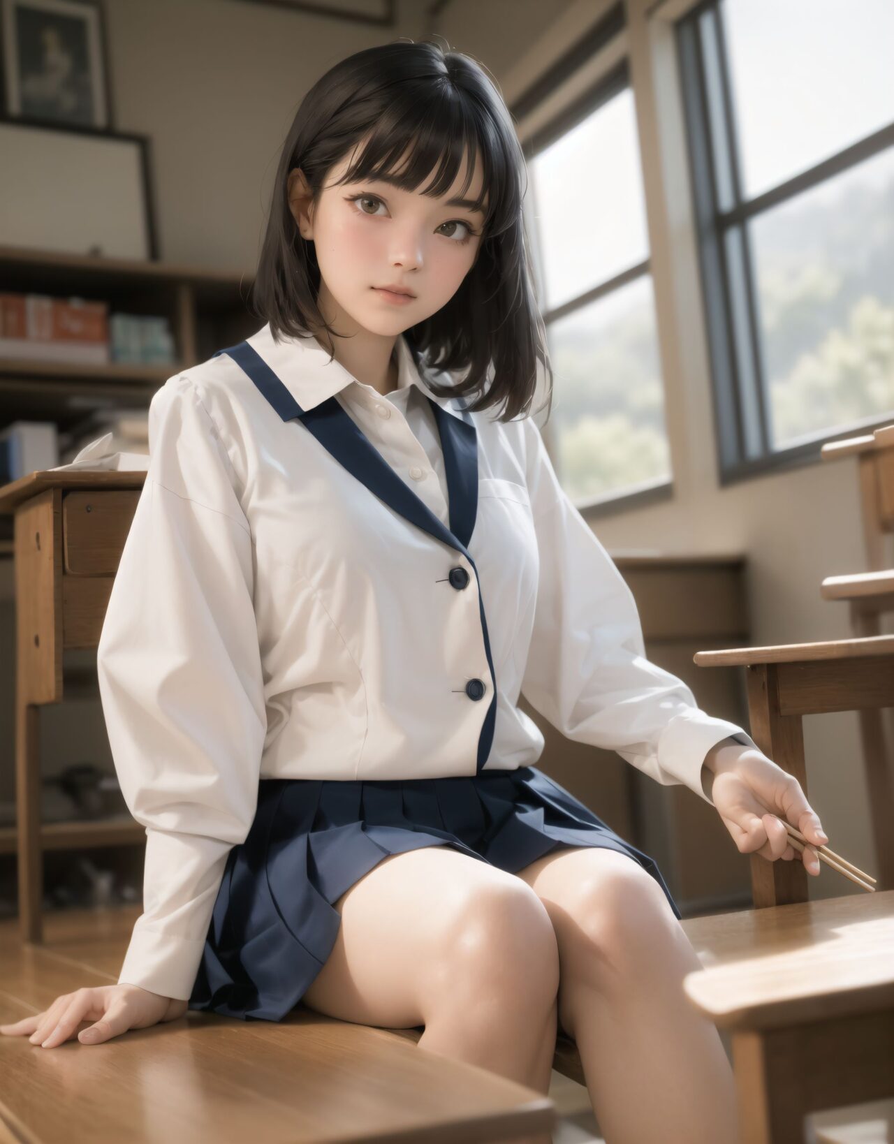 Her name is RUNA.
I will draw an illustration that depicts her face as beautifully and cutely as possible.

?2????????????

(masterpiece, best quality:1.5), ultra-detailed, 8k, photorealistic, cinematic lighting, HDR, RAW color, full body, wide shot, dynamic composition, (depth of field:1.4), soft blur in the background, gentle ambient occlusion, golden hour,

A beautiful 16-year-old Japanese schoolgirl named RUNA, with short, silky black hair cut in a neat bob with blunt bangs framing her delicate face, long natural eyelashes, and expressive, almond-shaped eyes filled with warmth, curiosity, and a hint of hesitation. Her skin is luminous, with a gentle natural blush on her cheeks, lips soft pink and slightly parted in a shy, gentle smile. She wears a classic Japanese school uniform: a crisp white blouse with subtle fabric texture, navy pleated skirt falling just above her knees, dark knee-high socks, and her blazer neatly folded on the desk beside her. The uniform is immaculately clean, with soft fabric folds visible at the sleeves and waist, and the collar slightly open for comfort.

She sits gracefully by the large classroom window during a peaceful lunchtime, her posture reserved yet relaxed, knees together and feet neatly aligned under the desk. Her delicate fingers hold a pair of wooden chopsticks, poised above an open bento box arranged with care: fluffy white rice sprinkled with sesame, colorful vegetables, a small rolled omelet, and a single cherry tomato. The wooden desk is polished and slightly worn, reflecting the soft sunlight that streams through the wide windowpanes.

The classroom is empty and tranquil, filled with warm, golden sunlight that casts soft, elongated shadows across the tatami-colored floor. Dust motes float gently in the air, illuminated by the sunbeams. Outside the window, lush mountain greenery and a vivid blue sky stretch into the distance, with leaves swaying gently in the breeze and the faint outline of distant peaks visible. The rural school setting is serene and nostalgic, evoking a sense of peaceful solitude.

RUNA turns slightly toward the viewer, her eyes meeting theirs with a mix of surprise and acceptance, her cheeks faintly pink from the moment. The light reflects in her eyes, capturing a subtle emotional connection and the gentle tension of a new friendship. Her expression is soft, vulnerable, and hopeful, as if savoring the warmth of the moment. The scene is framed as a wide-angle cinematic shot from a slightly elevated angle, focusing on the delicate interaction and emotional resonance between the two students.

The overall color palette is vibrant yet gentle, with pastel tones and natural gradients. The image is rendered in ultra-high resolution, with lifelike skin texture, realistic fabric folds, and atmospheric lighting that bathes the scene in warm, inviting tones. Professional lens quality, shallow depth of field, and delicate bokeh in the background create a dreamy, harmonious memory of youth and new beginnings.