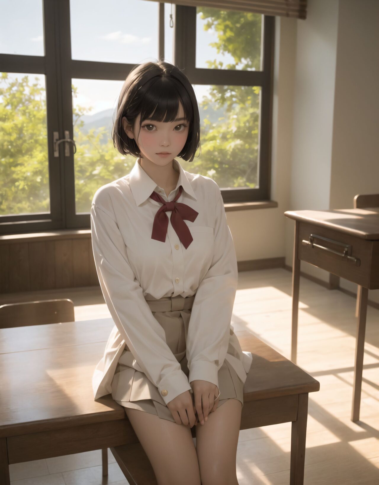 Her name is RUNA.
I will draw an illustration that depicts her face as beautifully and cutely as possible.

?2????????????

(masterpiece, best quality:1.5), ultra-detailed, 8k, photorealistic, cinematic lighting, HDR, RAW color, full body, wide shot, dynamic composition, (depth of field:1.4), soft blur in the background, gentle ambient occlusion, golden hour,

A beautiful 16-year-old Japanese schoolgirl named RUNA, with short, silky black hair cut in a neat bob with blunt bangs framing her delicate face, long natural eyelashes, and expressive, almond-shaped eyes filled with warmth, curiosity, and a hint of hesitation. Her skin is luminous, with a gentle natural blush on her cheeks, lips soft pink and slightly parted in a shy, gentle smile. She wears a classic Japanese school uniform: a crisp white blouse with subtle fabric texture, navy pleated skirt falling just above her knees, dark knee-high socks, and her blazer neatly folded on the desk beside her. The uniform is immaculately clean, with soft fabric folds visible at the sleeves and waist, and the collar slightly open for comfort.

She sits gracefully by the large classroom window during a peaceful lunchtime, her posture reserved yet relaxed, knees together and feet neatly aligned under the desk. Her delicate fingers hold a pair of wooden chopsticks, poised above an open bento box arranged with care: fluffy white rice sprinkled with sesame, colorful vegetables, a small rolled omelet, and a single cherry tomato. The wooden desk is polished and slightly worn, reflecting the soft sunlight that streams through the wide windowpanes.

The classroom is empty and tranquil, filled with warm, golden sunlight that casts soft, elongated shadows across the tatami-colored floor. Dust motes float gently in the air, illuminated by the sunbeams. Outside the window, lush mountain greenery and a vivid blue sky stretch into the distance, with leaves swaying gently in the breeze and the faint outline of distant peaks visible. The rural school setting is serene and nostalgic, evoking a sense of peaceful solitude.

RUNA turns slightly toward the viewer, her eyes meeting theirs with a mix of surprise and acceptance, her cheeks faintly pink from the moment. The light reflects in her eyes, capturing a subtle emotional connection and the gentle tension of a new friendship. Her expression is soft, vulnerable, and hopeful, as if savoring the warmth of the moment. The scene is framed as a wide-angle cinematic shot from a slightly elevated angle, focusing on the delicate interaction and emotional resonance between the two students.

The overall color palette is vibrant yet gentle, with pastel tones and natural gradients. The image is rendered in ultra-high resolution, with lifelike skin texture, realistic fabric folds, and atmospheric lighting that bathes the scene in warm, inviting tones. Professional lens quality, shallow depth of field, and delicate bokeh in the background create a dreamy, harmonious memory of youth and new beginnings.