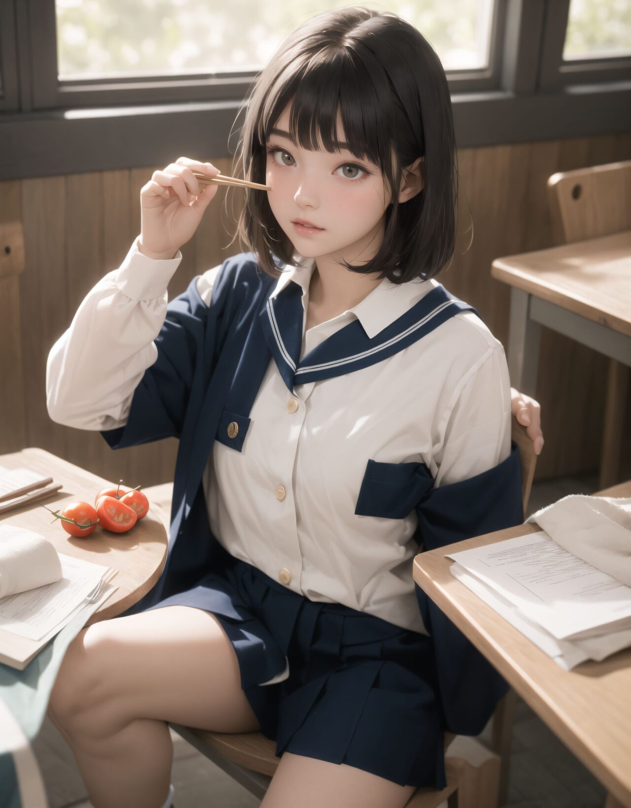 Her name is RUNA.
I will draw an illustration that depicts her face as beautifully and cutely as possible.

?2????????????

(masterpiece, best quality:1.5), ultra-detailed, 8k, photorealistic, cinematic lighting, HDR, RAW color, full body, wide shot, dynamic composition, (depth of field:1.4), soft blur in the background, gentle ambient occlusion, golden hour,

A beautiful 16-year-old Japanese schoolgirl named RUNA, with short, silky black hair cut in a neat bob with blunt bangs framing her delicate face, long natural eyelashes, and expressive, almond-shaped eyes filled with warmth, curiosity, and a hint of hesitation. Her skin is luminous, with a gentle natural blush on her cheeks, lips soft pink and slightly parted in a shy, gentle smile. She wears a classic Japanese school uniform: a crisp white blouse with subtle fabric texture, navy pleated skirt falling just above her knees, dark knee-high socks, and her blazer neatly folded on the desk beside her. The uniform is immaculately clean, with soft fabric folds visible at the sleeves and waist, and the collar slightly open for comfort.

She sits gracefully by the large classroom window during a peaceful lunchtime, her posture reserved yet relaxed, knees together and feet neatly aligned under the desk. Her delicate fingers hold a pair of wooden chopsticks, poised above an open bento box arranged with care: fluffy white rice sprinkled with sesame, colorful vegetables, a small rolled omelet, and a single cherry tomato. The wooden desk is polished and slightly worn, reflecting the soft sunlight that streams through the wide windowpanes.

The classroom is empty and tranquil, filled with warm, golden sunlight that casts soft, elongated shadows across the tatami-colored floor. Dust motes float gently in the air, illuminated by the sunbeams. Outside the window, lush mountain greenery and a vivid blue sky stretch into the distance, with leaves swaying gently in the breeze and the faint outline of distant peaks visible. The rural school setting is serene and nostalgic, evoking a sense of peaceful solitude.

RUNA turns slightly toward the viewer, her eyes meeting theirs with a mix of surprise and acceptance, her cheeks faintly pink from the moment. The light reflects in her eyes, capturing a subtle emotional connection and the gentle tension of a new friendship. Her expression is soft, vulnerable, and hopeful, as if savoring the warmth of the moment. The scene is framed as a wide-angle cinematic shot from a slightly elevated angle, focusing on the delicate interaction and emotional resonance between the two students.

The overall color palette is vibrant yet gentle, with pastel tones and natural gradients. The image is rendered in ultra-high resolution, with lifelike skin texture, realistic fabric folds, and atmospheric lighting that bathes the scene in warm, inviting tones. Professional lens quality, shallow depth of field, and delicate bokeh in the background create a dreamy, harmonious memory of youth and new beginnings.