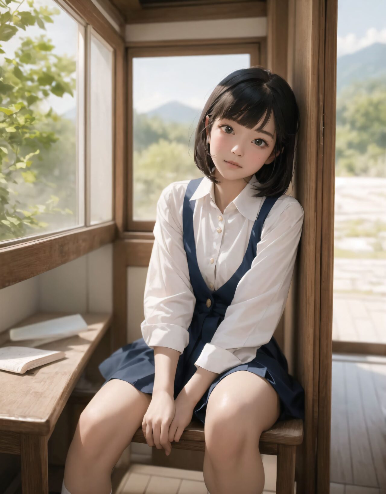Her name is RUNA.
I will draw an illustration that depicts her face as beautifully and cutely as possible.

?2????????????

(masterpiece, best quality:1.5), ultra-detailed, 8k, photorealistic, cinematic lighting, HDR, RAW color, full body, wide shot, dynamic composition, (depth of field:1.4), soft blur in the background, gentle ambient occlusion, golden hour,

A beautiful 16-year-old Japanese schoolgirl named RUNA, with short, silky black hair cut in a neat bob with blunt bangs framing her delicate face, long natural eyelashes, and expressive, almond-shaped eyes filled with warmth, curiosity, and a hint of hesitation. Her skin is luminous, with a gentle natural blush on her cheeks, lips soft pink and slightly parted in a shy, gentle smile. She wears a classic Japanese school uniform: a crisp white blouse with subtle fabric texture, navy pleated skirt falling just above her knees, dark knee-high socks, and her blazer neatly folded on the desk beside her. The uniform is immaculately clean, with soft fabric folds visible at the sleeves and waist, and the collar slightly open for comfort.

She sits gracefully by the large classroom window during a peaceful lunchtime, her posture reserved yet relaxed, knees together and feet neatly aligned under the desk. Her delicate fingers hold a pair of wooden chopsticks, poised above an open bento box arranged with care: fluffy white rice sprinkled with sesame, colorful vegetables, a small rolled omelet, and a single cherry tomato. The wooden desk is polished and slightly worn, reflecting the soft sunlight that streams through the wide windowpanes.

The classroom is empty and tranquil, filled with warm, golden sunlight that casts soft, elongated shadows across the tatami-colored floor. Dust motes float gently in the air, illuminated by the sunbeams. Outside the window, lush mountain greenery and a vivid blue sky stretch into the distance, with leaves swaying gently in the breeze and the faint outline of distant peaks visible. The rural school setting is serene and nostalgic, evoking a sense of peaceful solitude.

RUNA turns slightly toward the viewer, her eyes meeting theirs with a mix of surprise and acceptance, her cheeks faintly pink from the moment. The light reflects in her eyes, capturing a subtle emotional connection and the gentle tension of a new friendship. Her expression is soft, vulnerable, and hopeful, as if savoring the warmth of the moment. The scene is framed as a wide-angle cinematic shot from a slightly elevated angle, focusing on the delicate interaction and emotional resonance between the two students.

The overall color palette is vibrant yet gentle, with pastel tones and natural gradients. The image is rendered in ultra-high resolution, with lifelike skin texture, realistic fabric folds, and atmospheric lighting that bathes the scene in warm, inviting tones. Professional lens quality, shallow depth of field, and delicate bokeh in the background create a dreamy, harmonious memory of youth and new beginnings.