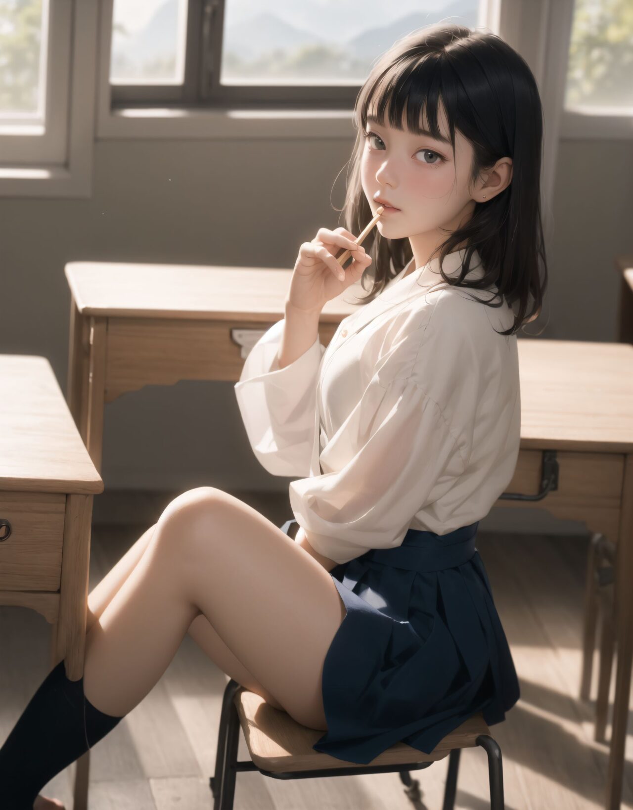 Her name is RUNA.
I will draw an illustration that depicts her face as beautifully and cutely as possible.

?2????????????

(masterpiece, best quality:1.5), ultra-detailed, 8k, photorealistic, cinematic lighting, HDR, RAW color, full body, wide shot, dynamic composition, (depth of field:1.4), soft blur in the background, gentle ambient occlusion, golden hour,

A beautiful 16-year-old Japanese schoolgirl named RUNA, with short, silky black hair cut in a neat bob with blunt bangs framing her delicate face, long natural eyelashes, and expressive, almond-shaped eyes filled with warmth, curiosity, and a hint of hesitation. Her skin is luminous, with a gentle natural blush on her cheeks, lips soft pink and slightly parted in a shy, gentle smile. She wears a classic Japanese school uniform: a crisp white blouse with subtle fabric texture, navy pleated skirt falling just above her knees, dark knee-high socks, and her blazer neatly folded on the desk beside her. The uniform is immaculately clean, with soft fabric folds visible at the sleeves and waist, and the collar slightly open for comfort.

She sits gracefully by the large classroom window during a peaceful lunchtime, her posture reserved yet relaxed, knees together and feet neatly aligned under the desk. Her delicate fingers hold a pair of wooden chopsticks, poised above an open bento box arranged with care: fluffy white rice sprinkled with sesame, colorful vegetables, a small rolled omelet, and a single cherry tomato. The wooden desk is polished and slightly worn, reflecting the soft sunlight that streams through the wide windowpanes.

The classroom is empty and tranquil, filled with warm, golden sunlight that casts soft, elongated shadows across the tatami-colored floor. Dust motes float gently in the air, illuminated by the sunbeams. Outside the window, lush mountain greenery and a vivid blue sky stretch into the distance, with leaves swaying gently in the breeze and the faint outline of distant peaks visible. The rural school setting is serene and nostalgic, evoking a sense of peaceful solitude.

RUNA turns slightly toward the viewer, her eyes meeting theirs with a mix of surprise and acceptance, her cheeks faintly pink from the moment. The light reflects in her eyes, capturing a subtle emotional connection and the gentle tension of a new friendship. Her expression is soft, vulnerable, and hopeful, as if savoring the warmth of the moment. The scene is framed as a wide-angle cinematic shot from a slightly elevated angle, focusing on the delicate interaction and emotional resonance between the two students.

The overall color palette is vibrant yet gentle, with pastel tones and natural gradients. The image is rendered in ultra-high resolution, with lifelike skin texture, realistic fabric folds, and atmospheric lighting that bathes the scene in warm, inviting tones. Professional lens quality, shallow depth of field, and delicate bokeh in the background create a dreamy, harmonious memory of youth and new beginnings.