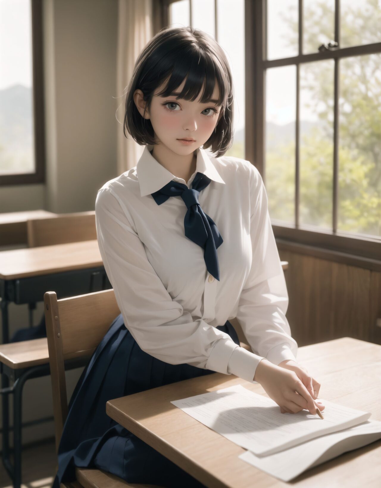 Her name is RUNA.
I will draw an illustration that depicts her face as beautifully and cutely as possible.

?2????????????

(masterpiece, best quality:1.5), ultra-detailed, 8k, photorealistic, cinematic lighting, HDR, RAW color, full body, wide shot, dynamic composition, (depth of field:1.4), soft blur in the background, gentle ambient occlusion, golden hour,

A beautiful 16-year-old Japanese schoolgirl named RUNA, with short, silky black hair cut in a neat bob with blunt bangs framing her delicate face, long natural eyelashes, and expressive, almond-shaped eyes filled with warmth, curiosity, and a hint of hesitation. Her skin is luminous, with a gentle natural blush on her cheeks, lips soft pink and slightly parted in a shy, gentle smile. She wears a classic Japanese school uniform: a crisp white blouse with subtle fabric texture, navy pleated skirt falling just above her knees, dark knee-high socks, and her blazer neatly folded on the desk beside her. The uniform is immaculately clean, with soft fabric folds visible at the sleeves and waist, and the collar slightly open for comfort.

She sits gracefully by the large classroom window during a peaceful lunchtime, her posture reserved yet relaxed, knees together and feet neatly aligned under the desk. Her delicate fingers hold a pair of wooden chopsticks, poised above an open bento box arranged with care: fluffy white rice sprinkled with sesame, colorful vegetables, a small rolled omelet, and a single cherry tomato. The wooden desk is polished and slightly worn, reflecting the soft sunlight that streams through the wide windowpanes.

The classroom is empty and tranquil, filled with warm, golden sunlight that casts soft, elongated shadows across the tatami-colored floor. Dust motes float gently in the air, illuminated by the sunbeams. Outside the window, lush mountain greenery and a vivid blue sky stretch into the distance, with leaves swaying gently in the breeze and the faint outline of distant peaks visible. The rural school setting is serene and nostalgic, evoking a sense of peaceful solitude.

RUNA turns slightly toward the viewer, her eyes meeting theirs with a mix of surprise and acceptance, her cheeks faintly pink from the moment. The light reflects in her eyes, capturing a subtle emotional connection and the gentle tension of a new friendship. Her expression is soft, vulnerable, and hopeful, as if savoring the warmth of the moment. The scene is framed as a wide-angle cinematic shot from a slightly elevated angle, focusing on the delicate interaction and emotional resonance between the two students.

The overall color palette is vibrant yet gentle, with pastel tones and natural gradients. The image is rendered in ultra-high resolution, with lifelike skin texture, realistic fabric folds, and atmospheric lighting that bathes the scene in warm, inviting tones. Professional lens quality, shallow depth of field, and delicate bokeh in the background create a dreamy, harmonious memory of youth and new beginnings.