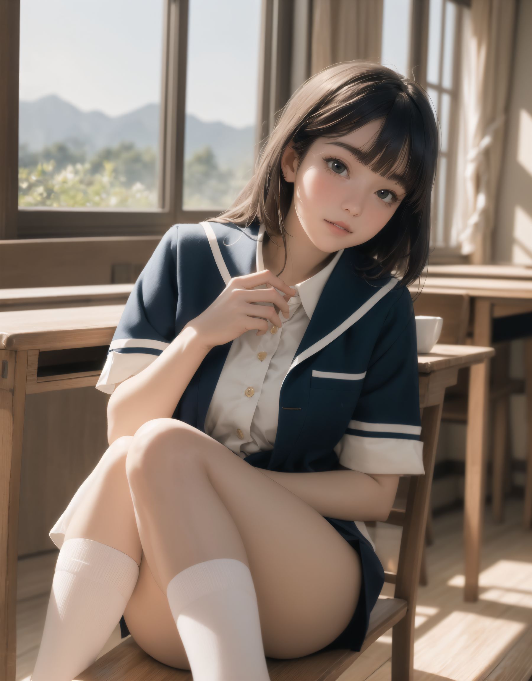 Her name is RUNA.
I will draw an illustration that depicts her face as beautifully and cutely as possible.

?2????????????

(masterpiece, best quality:1.5), ultra-detailed, 8k, photorealistic, cinematic lighting, HDR, RAW color, full body, wide shot, dynamic composition, (depth of field:1.4), soft blur in the background, gentle ambient occlusion, golden hour,

A beautiful 16-year-old Japanese schoolgirl named RUNA, with short, silky black hair cut in a neat bob with blunt bangs framing her delicate face, long natural eyelashes, and expressive, almond-shaped eyes filled with warmth, curiosity, and a hint of hesitation. Her skin is luminous, with a gentle natural blush on her cheeks, lips soft pink and slightly parted in a shy, gentle smile. She wears a classic Japanese school uniform: a crisp white blouse with subtle fabric texture, navy pleated skirt falling just above her knees, dark knee-high socks, and her blazer neatly folded on the desk beside her. The uniform is immaculately clean, with soft fabric folds visible at the sleeves and waist, and the collar slightly open for comfort.

She sits gracefully by the large classroom window during a peaceful lunchtime, her posture reserved yet relaxed, knees together and feet neatly aligned under the desk. Her delicate fingers hold a pair of wooden chopsticks, poised above an open bento box arranged with care: fluffy white rice sprinkled with sesame, colorful vegetables, a small rolled omelet, and a single cherry tomato. The wooden desk is polished and slightly worn, reflecting the soft sunlight that streams through the wide windowpanes.

The classroom is empty and tranquil, filled with warm, golden sunlight that casts soft, elongated shadows across the tatami-colored floor. Dust motes float gently in the air, illuminated by the sunbeams. Outside the window, lush mountain greenery and a vivid blue sky stretch into the distance, with leaves swaying gently in the breeze and the faint outline of distant peaks visible. The rural school setting is serene and nostalgic, evoking a sense of peaceful solitude.

RUNA turns slightly toward the viewer, her eyes meeting theirs with a mix of surprise and acceptance, her cheeks faintly pink from the moment. The light reflects in her eyes, capturing a subtle emotional connection and the gentle tension of a new friendship. Her expression is soft, vulnerable, and hopeful, as if savoring the warmth of the moment. The scene is framed as a wide-angle cinematic shot from a slightly elevated angle, focusing on the delicate interaction and emotional resonance between the two students.

The overall color palette is vibrant yet gentle, with pastel tones and natural gradients. The image is rendered in ultra-high resolution, with lifelike skin texture, realistic fabric folds, and atmospheric lighting that bathes the scene in warm, inviting tones. Professional lens quality, shallow depth of field, and delicate bokeh in the background create a dreamy, harmonious memory of youth and new beginnings.