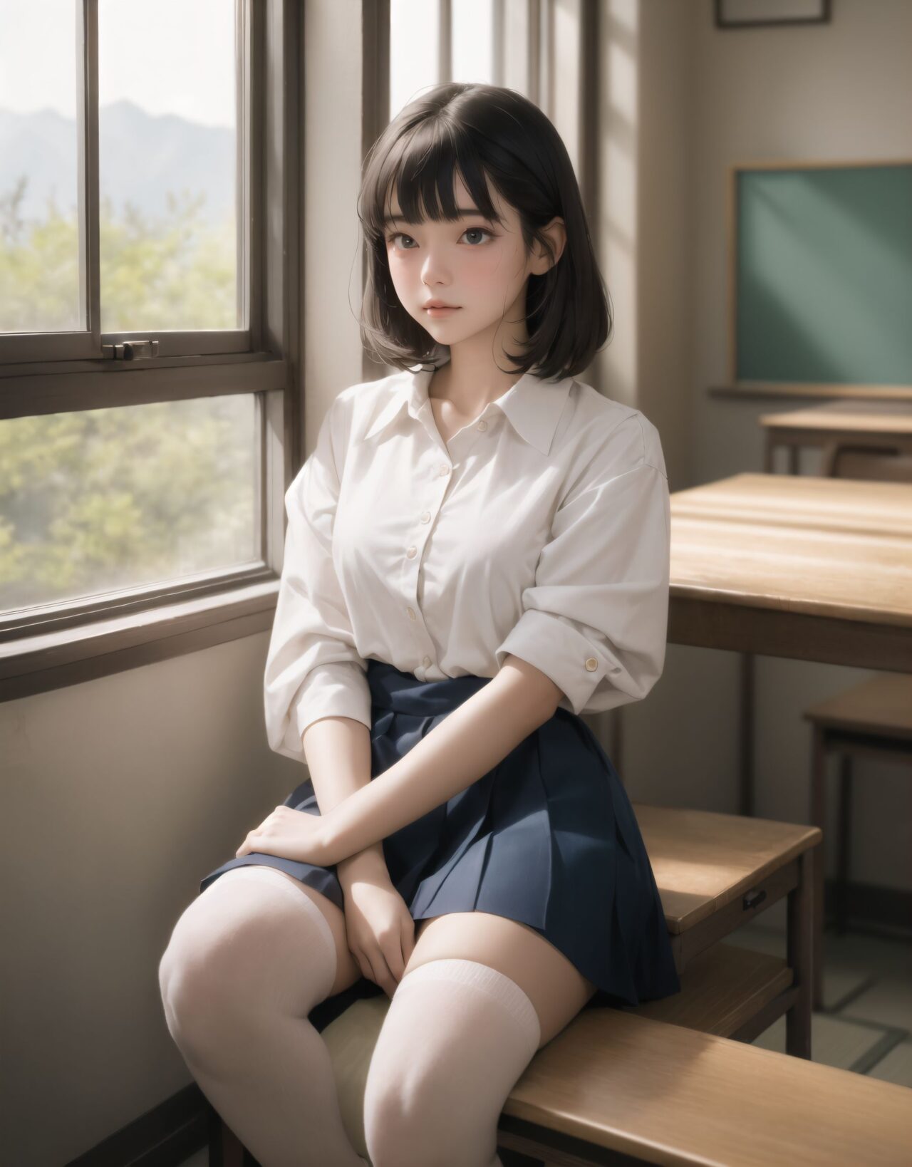 Her name is RUNA.
I will draw an illustration that depicts her face as beautifully and cutely as possible.

?2????????????

(masterpiece, best quality:1.5), ultra-detailed, 8k, photorealistic, cinematic lighting, HDR, RAW color, full body, wide shot, dynamic composition, (depth of field:1.4), soft blur in the background, gentle ambient occlusion, golden hour,

A beautiful 16-year-old Japanese schoolgirl named RUNA, with short, silky black hair cut in a neat bob with blunt bangs framing her delicate face, long natural eyelashes, and expressive, almond-shaped eyes filled with warmth, curiosity, and a hint of hesitation. Her skin is luminous, with a gentle natural blush on her cheeks, lips soft pink and slightly parted in a shy, gentle smile. She wears a classic Japanese school uniform: a crisp white blouse with subtle fabric texture, navy pleated skirt falling just above her knees, dark knee-high socks, and her blazer neatly folded on the desk beside her. The uniform is immaculately clean, with soft fabric folds visible at the sleeves and waist, and the collar slightly open for comfort.

She sits gracefully by the large classroom window during a peaceful lunchtime, her posture reserved yet relaxed, knees together and feet neatly aligned under the desk. Her delicate fingers hold a pair of wooden chopsticks, poised above an open bento box arranged with care: fluffy white rice sprinkled with sesame, colorful vegetables, a small rolled omelet, and a single cherry tomato. The wooden desk is polished and slightly worn, reflecting the soft sunlight that streams through the wide windowpanes.

The classroom is empty and tranquil, filled with warm, golden sunlight that casts soft, elongated shadows across the tatami-colored floor. Dust motes float gently in the air, illuminated by the sunbeams. Outside the window, lush mountain greenery and a vivid blue sky stretch into the distance, with leaves swaying gently in the breeze and the faint outline of distant peaks visible. The rural school setting is serene and nostalgic, evoking a sense of peaceful solitude.

RUNA turns slightly toward the viewer, her eyes meeting theirs with a mix of surprise and acceptance, her cheeks faintly pink from the moment. The light reflects in her eyes, capturing a subtle emotional connection and the gentle tension of a new friendship. Her expression is soft, vulnerable, and hopeful, as if savoring the warmth of the moment. The scene is framed as a wide-angle cinematic shot from a slightly elevated angle, focusing on the delicate interaction and emotional resonance between the two students.

The overall color palette is vibrant yet gentle, with pastel tones and natural gradients. The image is rendered in ultra-high resolution, with lifelike skin texture, realistic fabric folds, and atmospheric lighting that bathes the scene in warm, inviting tones. Professional lens quality, shallow depth of field, and delicate bokeh in the background create a dreamy, harmonious memory of youth and new beginnings.