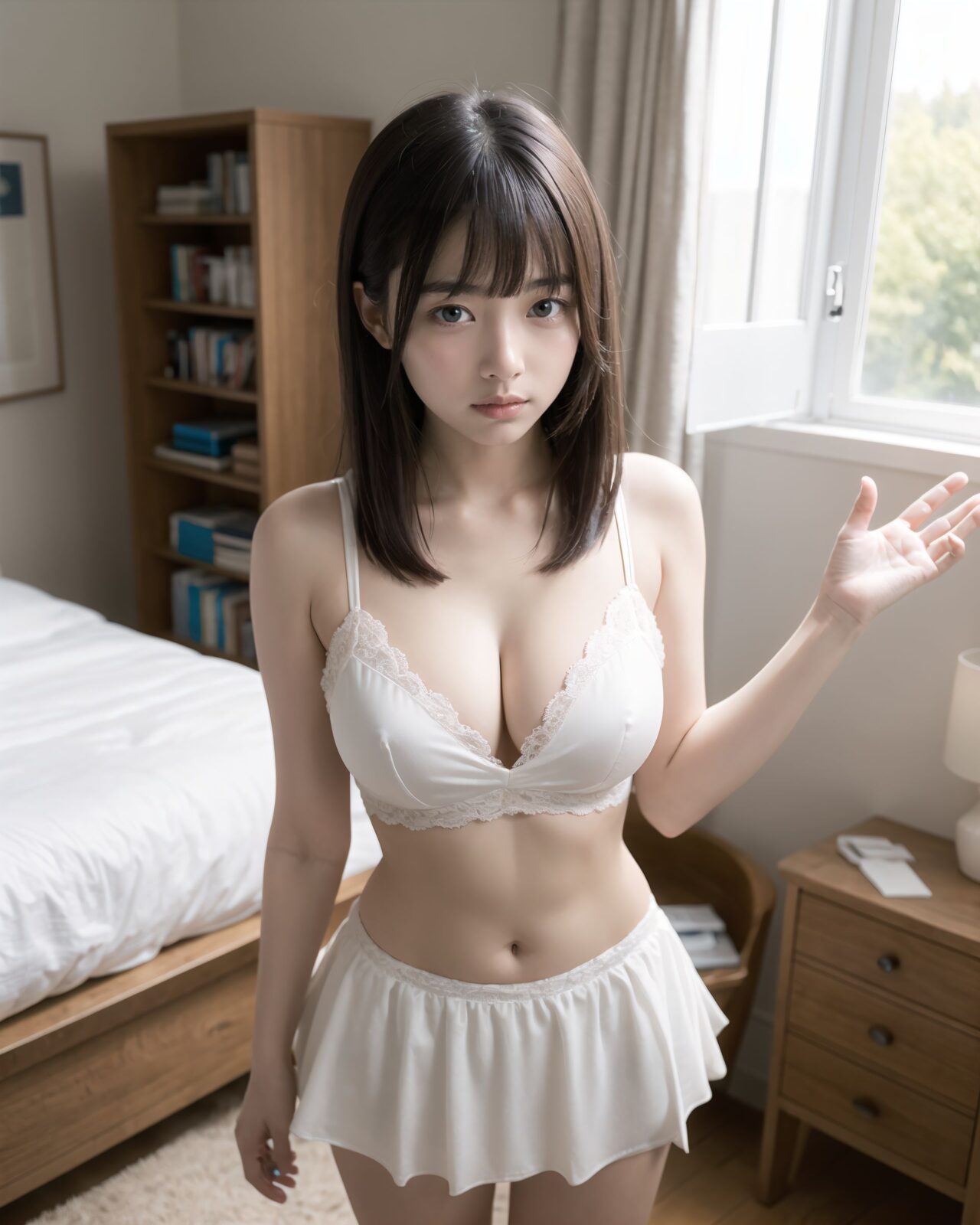 (masterpiece:1.9), (best quality of face:1.8), (super impressive beauty:1.5), (drawing everything in great detail:1.5), (extremely detailed skin:1.5), high-resolution, Raw Photo, 4k, 8k, charm of a young girl, Her name is YUKI, she has a fairy-like atmosphere, (a beautiful, attractive, clear-skinned, cute 20-year-old girl:1.65), (healing:1.37), an innocent expression, a gentle smile, shyness, an embarrassed smile like an idol, embodying the wonder of childhood, a quiet personality, cute. Shy, natural charm, (gentle expression:1.35), (child-like kawaii face:1.8), (embarrassed smile:1.2), (face like a Japanese idol:1.66), (straight nose:1.22), (high nose:1.25), looking into the camera, eye contact, the ideal fusion of innocence and charm, a cute girl popular with boys, Her facial expression is one that makes you feel like she is trying to understand her own feelings of tension and excitement, and it gives off a sense of hesitant curiosity. Her soft, shining eyes, her flushed cheeks, and her small, nervous smile, which shows that she is struggling between the desire to be bold and the hesitation to do so, are all worth noting. Her posture is modest, but it also gives the impression of being inquisitive, and it seems as if she is testing her own limits. Her cheeks are slightly red, her eyes shine gently, she is hesitant, playful and curious, and wants to show herself, Her hair is neat and tidy, her eyes are a deep grey that radiate a pure light, she has black hair, stylish short hair, and delicate hair movement, (see-through clothing:1.74), (clothing that opens at the chest and shows cleavage:1.79), elements of Lolita fashion, (beautiful breasts:1.75), (big breasts), (standing posture of a young girl:1.57), (childlike body:1.54), Soft, natural pose, youthful and elegant, fresh and pure pose, (relaxed:1.56), (sexy pose with knees open:1.55), her hands are near her cleavage, pose that shows more of her breasts by pulling them together, She is wearing a see-through material, sheer clothing, lace, thin fabric, and a revealing summer dress with detailed details, adding an element of innocent charm. There is a sense of hesitation in her pose, which conveys her complex emotions. Her pose is slightly twisted, suggesting weakness, but also showing signs of confidence as if she is trying to overcome her shyness, (4K:1.26), (Ultra High Resolution:1.28), (Studio Lighting:1.17), very detailed RAW color photo, professional-quality photo, (Toddler's Hobby Photo:1.58), (At-Home Atmosphere Screen:1.15), emphasize cuteness from a low angle, bring out the delicate texture of the hair and clothes Focus on her face, depth of field blur, shallow depth of field, Soft natural light for soft shadows, highlighting the youthful contours of her face. Illuminate her face to make it stand out clearly, dark background, High resolution, detailed graphics, vivid colors, professional quality, ultra-high resolution, clearly depicts every detail, surreal, reality, live-action, bright and vibrant colors, the emphasis should be on capturing the moment of emotional conflict, with a balance of bold but unsure charm and innocence. The focus should be on her actions and facial expressions, with a priority on conveying charm and playfulness.her room, in YUKI?s cozy and softly lit bedroom, a private space filled with gentle pastel colors and natural light. The room features a low, fluffy bed with frilled bedding and plush animal cushions, a small wooden desk with scattered notebooks and colorful gel pens, a laptop with anime stickers, and a neatly organized bookshelf with romance manga and photo albums. The vanity table is adorned with lace doilies, a floral mirror, and a few cosmetics left slightly open. On the wall, there are fairy lights, photos with friends, and an anime tapestry. A soft rug covers the wooden floor, and a light scent of shampoo and sweetness lingers in the air. A round window lets in warm sunlight, casting a dreamy glow across the space,silk panties,Pulling a jacket off one shoulder to expose a bra strap.,sitting on bed hugging knees, (puffed cheeks pretending to pout:1.78), homewear tank top with no bra, watching anime in pajamas, through frosted glass perspective, (panties visible from seated angle:1.3), visible bra under light shirt, (stepping back while waving hands:1.68), lotion bottle on desk, (dresser with mirror and perfume:1.95), (masterpiece:1.3), (best quality:1.2), photorealistic, shallow depth of field, soft lighting,(room_base:1.85),(Reaches for book on top shelf, mini skirt tightens and reveals thighs:1.95),(T-shirt lifts while cuddling cushion, stomach exposed:1.75),?????