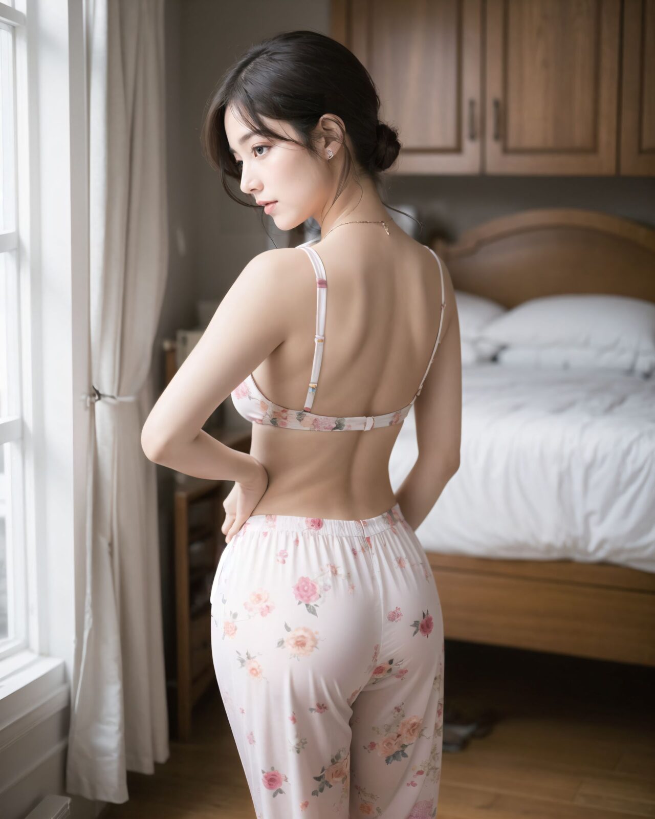 (masterpiece:1.9), (best quality of face:1.8), (super impressive beauty:1.5), (drawing everything in great detail:1.5), (extremely detailed skin:1.5), high-resolution, Raw Photo, 4k, 8k, charm of a young girl, Her name is YUKI, she has a fairy-like atmosphere, (a beautiful, attractive, clear-skinned, cute 20-year-old girl:1.65), (healing:1.37), an innocent expression, a gentle smile, shyness, an embarrassed smile like an idol, embodying the wonder of childhood, a quiet personality, cute. Shy, natural charm, (gentle expression:1.35), (child-like face:1.8), (embarrassed smile:1.2), (face like a Japanese idol:1.66), (straight nose:1.22), (high nose:1.25), looking into the camera, eye contact, the ideal fusion of innocence and charm, a cute girl popular with boys, Her facial expression is one that makes you feel like she is trying to understand her own feelings of tension and excitement, and it gives off a sense of hesitant curiosity. Her soft, shining eyes, her flushed cheeks, and her small, nervous smile, which shows that she is struggling between the desire to be bold and the hesitation to do so, are all worth noting. Her posture is modest, but it also gives the impression of being inquisitive, and it seems as if she is testing her own limits. Her cheeks are slightly red, her eyes shine gently, she is hesitant, playful and curious, and wants to show herself, Her hair is neat and tidy, her eyes are a deep grey that radiate a pure light, she has black hair, stylish short hair, and delicate hair movement, (see-through clothing:1.74), (clothing that opens at the chest and shows cleavage:1.79), elements of Lolita fashion, (beautiful breasts:1.75), (big breasts), (standing posture of a young girl:1.57), (childlike body:1.54), Soft, natural pose, youthful and elegant, fresh and pure pose, (relaxed:1.56), (sexy pose with knees open:1.55), her hands are near her cleavage, pose that shows more of her breasts by pulling them together, She is wearing a see-through material, sheer clothing, lace, thin fabric, and a revealing summer dress with detailed details, adding an element of innocent charm. There is a sense of hesitation in her pose, which conveys her complex emotions. Her pose is slightly twisted, suggesting weakness, but also showing signs of confidence as if she is trying to overcome her shyness, (4K:1.26), (Ultra High Resolution:1.28), (Studio Lighting:1.17), very detailed RAW color photo, professional-quality photo, (Toddler's Hobby Photo:1.58), (At-Home Atmosphere Screen:1.15), emphasize cuteness from a low angle, bring out the delicate texture of the hair and clothes Focus on her face, depth of field blur, shallow depth of field, Soft natural light for soft shadows, highlighting the youthful contours of her face. Illuminate her face to make it stand out clearly, dark background, High resolution, detailed graphics, vivid colors, professional quality, ultra-high resolution, clearly depicts every detail, surreal, reality, live-action, bright and vibrant colors, the emphasis should be on capturing the moment of emotional conflict, with a balance of bold but unsure charm and innocence. The focus should be on her actions and facial expressions, with a priority on conveying charm and playfulness,,????,(show your butt hole:1.8), in YUKI?s cozy and softly lit bedroom, a private space filled with gentle pastel colors and natural light. The room features a low, fluffy bed with frilled bedding and plush animal cushions, a small wooden desk with scattered notebooks and colorful gel pens, a laptop with anime stickers, and a neatly organized bookshelf with romance manga and photo albums. The vanity table is adorned with lace doilies, a floral mirror, and a few cosmetics left slightly open. On the wall, there are fairy lights, photos with friends, and an anime tapestry. A soft rug covers the wooden floor, and a light scent of shampoo and sweetness lingers in the air. A round window lets in warm sunlight, casting a dreamy glow across the space.,??,(Pajamas backwards, open slit hanging loose from nape to lower back:1.77),??,soft backlight outlining silhouette, leaning forward whispering "don?t look?",floor cushion near window, (masterpiece:1.3), (best quality:1.2), photorealistic, shallow depth of field, soft lighting,?????