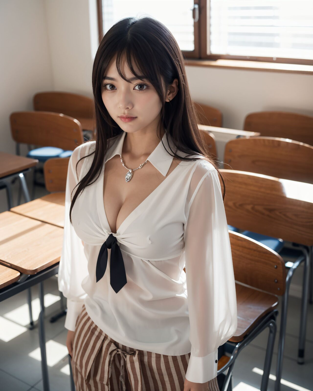 ((High school classroom in the late afternoon, soft orange sunset light streaming in through the window. A girl in a school uniform lies facedown on the desk, her skirt flipped up, revealing beige seamless panties. Warm glow highlights her thighs. Soft shadows, detailed fabric texture. soft lace pastel panties, subtly visible, lying face down with hips slightly raised, slightly surprised with parted lips.)1.72),A quiet high school classroom bathed in warm, amber light as the sun sets. Dust particles float gently in the still air, and the wooden desks cast long, melancholic shadows across the tiled floor. The window glass glows with orange hues, reflecting a peaceful, end-of-day calm,((Jumper dress, white blouse, striped tie, loafers):1.82),pajama top falling off shoulder,??,(masterpiece:1.9), (best quality of face:1.8), (super impressive beauty:1.5), (drawing everything in great detail:1.5), (extremely detailed skin:1.5), high-resolution, Raw Photo, 4k, 8k, charm of a young girl, Her name is YUKI, she has a fairy-like atmosphere, (a beautiful, attractive, clear-skinned, cute 20-year-old girl:1.65), (healing:1.37), an innocent expression, a gentle smile, shyness, an embarrassed smile like an idol, embodying the wonder of childhood, a quiet personality, cute. Shy, natural charm, (gentle expression:1.35), (child-like face:1.8), (embarrassed smile:1.2), (face like a Japanese idol:1.66), (straight nose:1.22), (high nose:1.25), looking into the camera, eye contact, the ideal fusion of innocence and charm, a cute girl popular with boys, Her facial expression is one that makes you feel like she is trying to understand her own feelings of tension and excitement, and it gives off a sense of hesitant curiosity. Her soft, shining eyes, her flushed cheeks, and her small, nervous smile, which shows that she is struggling between the desire to be bold and the hesitation to do so, are all worth noting. Her posture is modest, but it also gives the impression of being inquisitive, and it seems as if she is testing her own limits. Her cheeks are slightly red, her eyes shine gently, she is hesitant, playful and curious, and wants to show herself, Her hair is neat and tidy, her eyes are a deep grey that radiate a pure light, she has black hair, stylish short hair, and delicate hair movement, (see-through clothing:1.74), (clothing that opens at the chest and shows cleavage:1.79), elements of Lolita fashion, (beautiful breasts:1.75), (big breasts), (standing posture of a young girl:1.57), (childlike body:1.54), Soft, natural pose, youthful and elegant, fresh and pure pose, (relaxed:1.56), (sexy pose with knees open:1.55), her hands are near her cleavage, pose that shows more of her breasts by pulling them together, She is wearing a see-through material, sheer clothing, lace, thin fabric, and a revealing summer dress with detailed details, adding an element of innocent charm. There is a sense of hesitation in her pose, which conveys her complex emotions. Her pose is slightly twisted, suggesting weakness, but also showing signs of confidence as if she is trying to overcome her shyness, (4K:1.26), (Ultra High Resolution:1.28), (Studio Lighting:1.17), very detailed RAW color photo, professional-quality photo, (Toddler's Hobby Photo:1.58), (At-Home Atmosphere Screen:1.15), emphasize cuteness from a low angle, bring out the delicate texture of the hair and clothes Focus on her face, depth of field blur, shallow depth of field, Soft natural light for soft shadows, highlighting the youthful contours of her face. Illuminate her face to make it stand out clearly, dark background, High resolution, detailed graphics, vivid colors, professional quality, ultra-high resolution, clearly depicts every detail, surreal, reality, live-action, bright and vibrant colors, the emphasis should be on capturing the moment of emotional conflict, with a balance of bold but unsure charm and innocence. The focus should be on her actions and facial expressions, with a priority on conveying charm and playfulness,,????,((A shy and innocent 20-year-old university student named YUKI, soft medium-length black hair, gentle brown eyes, wearing a modern Japanese school uniform, often blushing, delicate and curious, photo-realistic, natural lighting,):1.62),??,((puffed cheeks pretending to pout):1.52), mesh,strapless ,sports bra,uniform top removed, night, moonlight through window, humid, ??, (masterpiece:1.3), (best quality:1.2), photorealistic, ?????