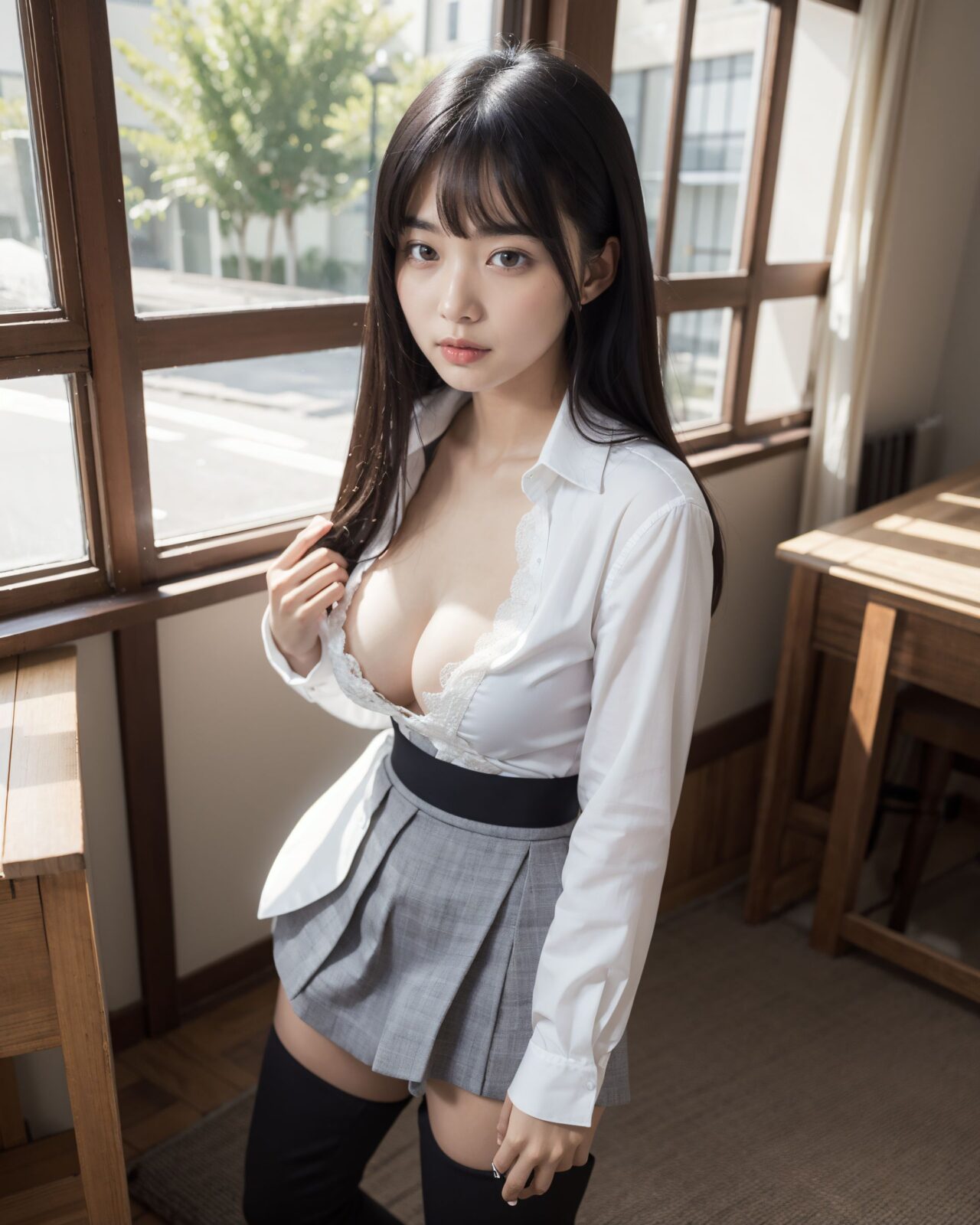 ((High school classroom in the late afternoon, soft orange sunset light streaming in through the window. A girl in a school uniform lies facedown on the desk, her skirt flipped up, revealing beige seamless panties. Warm glow highlights her thighs. Soft shadows, detailed fabric texture. soft lace pastel panties, subtly visible, lying face down with hips slightly raised, slightly surprised with parted lips.)1.72),A quiet high school classroom bathed in warm, amber light as the sun sets. Dust particles float gently in the still air, and the wooden desks cast long, melancholic shadows across the tiled floor. The window glass glows with orange hues, reflecting a peaceful, end-of-day calm,((Long-sleeve shirt, black tie, gray skirt, knee-high boots):1.82),tight-knit top and leggings,??,(masterpiece:1.9), (best quality of face:1.8), (super impressive beauty:1.5), (drawing everything in great detail:1.5), (extremely detailed skin:1.5), high-resolution, Raw Photo, 4k, 8k, charm of a young girl, Her name is YUKI, she has a fairy-like atmosphere, (a beautiful, attractive, clear-skinned, cute 20-year-old girl:1.65), (healing:1.37), an innocent expression, a gentle smile, shyness, an embarrassed smile like an idol, embodying the wonder of childhood, a quiet personality, cute. Shy, natural charm, (gentle expression:1.35), (child-like face:1.8), (embarrassed smile:1.2), (face like a Japanese idol:1.66), (straight nose:1.22), (high nose:1.25), looking into the camera, eye contact, the ideal fusion of innocence and charm, a cute girl popular with boys, Her facial expression is one that makes you feel like she is trying to understand her own feelings of tension and excitement, and it gives off a sense of hesitant curiosity. Her soft, shining eyes, her flushed cheeks, and her small, nervous smile, which shows that she is struggling between the desire to be bold and the hesitation to do so, are all worth noting. Her posture is modest, but it also gives the impression of being inquisitive, and it seems as if she is testing her own limits. Her cheeks are slightly red, her eyes shine gently, she is hesitant, playful and curious, and wants to show herself, Her hair is neat and tidy, her eyes are a deep grey that radiate a pure light, she has black hair, stylish short hair, and delicate hair movement, (see-through clothing:1.74), (clothing that opens at the chest and shows cleavage:1.79), elements of Lolita fashion, (beautiful breasts:1.75), (big breasts), (standing posture of a young girl:1.57), (childlike body:1.54), Soft, natural pose, youthful and elegant, fresh and pure pose, (relaxed:1.56), (sexy pose with knees open:1.55), her hands are near her cleavage, pose that shows more of her breasts by pulling them together, She is wearing a see-through material, sheer clothing, lace, thin fabric, and a revealing summer dress with detailed details, adding an element of innocent charm. There is a sense of hesitation in her pose, which conveys her complex emotions. Her pose is slightly twisted, suggesting weakness, but also showing signs of confidence as if she is trying to overcome her shyness, (4K:1.26), (Ultra High Resolution:1.28), (Studio Lighting:1.17), very detailed RAW color photo, professional-quality photo, (Toddler's Hobby Photo:1.58), (At-Home Atmosphere Screen:1.15), emphasize cuteness from a low angle, bring out the delicate texture of the hair and clothes Focus on her face, depth of field blur, shallow depth of field, Soft natural light for soft shadows, highlighting the youthful contours of her face. Illuminate her face to make it stand out clearly, dark background, High resolution, detailed graphics, vivid colors, professional quality, ultra-high resolution, clearly depicts every detail, surreal, reality, live-action, bright and vibrant colors, the emphasis should be on capturing the moment of emotional conflict, with a balance of bold but unsure charm and innocence. The focus should be on her actions and facial expressions, with a priority on conveying charm and playfulness,,????,((A shy and innocent 20-year-old university student named YUKI, soft medium-length black hair, gentle brown eyes, wearing a modern Japanese school uniform, often blushing, delicate and curious, photo-realistic, natural lighting,):1.62),??,((startled eyes and parted lips):1.52), sheer fabric,high-cut ,lingerie set,uniform top removed, afternoon, moonlight through window, still, ??, (masterpiece:1.3), (best quality:1.2), photorealistic, ?????