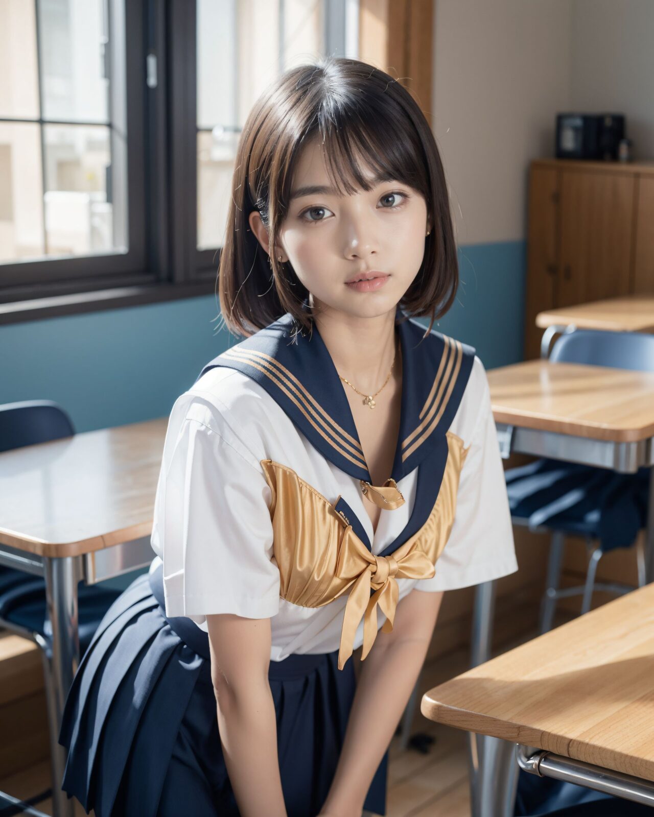 ((High school classroom in the late afternoon, soft orange sunset light streaming in through the window. A girl in a school uniform lies facedown on the desk, her skirt flipped up, revealing beige seamless panties. Warm glow highlights her thighs. Soft shadows, detailed fabric texture. soft lace pastel panties, subtly visible, lying face down with hips slightly raised, slightly surprised with parted lips.)1.72),A quiet high school classroom bathed in warm, amber light as the sun sets. Dust particles float gently in the still air, and the wooden desks cast long, melancholic shadows across the tiled floor. The window glass glows with orange hues, reflecting a peaceful, end-of-day calm,((Traditional sailor uniform, pleated skirt, necktie):1.82),cotton bralette under sheer top,??,(masterpiece:1.9), (best quality of face:1.8), (super impressive beauty:1.5), (drawing everything in great detail:1.5), (extremely detailed skin:1.5), high-resolution, Raw Photo, 4k, 8k, charm of a young girl, Her name is YUKI, she has a fairy-like atmosphere, (a beautiful, attractive, clear-skinned, cute 20-year-old girl:1.65), (healing:1.37), an innocent expression, a gentle smile, shyness, an embarrassed smile like an idol, embodying the wonder of childhood, a quiet personality, cute. Shy, natural charm, (gentle expression:1.35), (child-like face:1.8), (embarrassed smile:1.2), (face like a Japanese idol:1.66), (straight nose:1.22), (high nose:1.25), looking into the camera, eye contact, the ideal fusion of innocence and charm, a cute girl popular with boys, Her facial expression is one that makes you feel like she is trying to understand her own feelings of tension and excitement, and it gives off a sense of hesitant curiosity. Her soft, shining eyes, her flushed cheeks, and her small, nervous smile, which shows that she is struggling between the desire to be bold and the hesitation to do so, are all worth noting. Her posture is modest, but it also gives the impression of being inquisitive, and it seems as if she is testing her own limits. Her cheeks are slightly red, her eyes shine gently, she is hesitant, playful and curious, and wants to show herself, Her hair is neat and tidy, her eyes are a deep grey that radiate a pure light, she has black hair, stylish short hair, and delicate hair movement, (see-through clothing:1.74), (clothing that opens at the chest and shows cleavage:1.79), elements of Lolita fashion, (beautiful breasts:1.75), (big breasts), (standing posture of a young girl:1.57), (childlike body:1.54), Soft, natural pose, youthful and elegant, fresh and pure pose, (relaxed:1.56), (sexy pose with knees open:1.55), her hands are near her cleavage, pose that shows more of her breasts by pulling them together, She is wearing a see-through material, sheer clothing, lace, thin fabric, and a revealing summer dress with detailed details, adding an element of innocent charm. There is a sense of hesitation in her pose, which conveys her complex emotions. Her pose is slightly twisted, suggesting weakness, but also showing signs of confidence as if she is trying to overcome her shyness, (4K:1.26), (Ultra High Resolution:1.28), (Studio Lighting:1.17), very detailed RAW color photo, professional-quality photo, (Toddler's Hobby Photo:1.58), (At-Home Atmosphere Screen:1.15), emphasize cuteness from a low angle, bring out the delicate texture of the hair and clothes Focus on her face, depth of field blur, shallow depth of field, Soft natural light for soft shadows, highlighting the youthful contours of her face. Illuminate her face to make it stand out clearly, dark background, High resolution, detailed graphics, vivid colors, professional quality, ultra-high resolution, clearly depicts every detail, surreal, reality, live-action, bright and vibrant colors, the emphasis should be on capturing the moment of emotional conflict, with a balance of bold but unsure charm and innocence. The focus should be on her actions and facial expressions, with a priority on conveying charm and playfulness,,????,((A shy and innocent 20-year-old university student named YUKI, soft medium-length black hair, gentle brown eyes, wearing a modern Japanese school uniform, often blushing, delicate and curious, photo-realistic, natural lighting,):1.62),??,((blinking rapidly in confusion):1.52), lace,high-cut ,sports bra,open collar, morning, fluorescent light, tense, ??, (masterpiece:1.3), (best quality:1.2), photorealistic, ?????