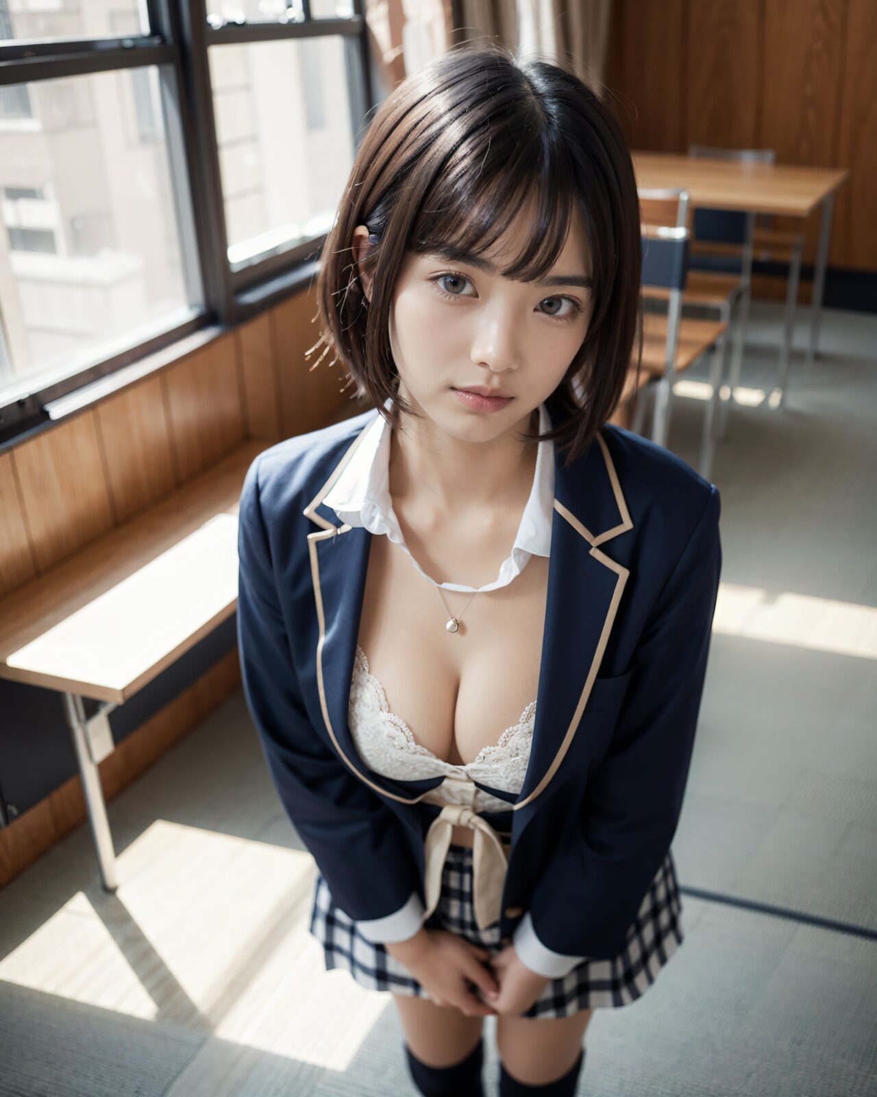 ((High school classroom in the late afternoon, soft orange sunset light streaming in through the window. A girl in a school uniform lies facedown on the desk, her skirt flipped up, revealing beige seamless panties. Warm glow highlights her thighs. Soft shadows, detailed fabric texture. soft lace pastel panties, subtly visible, lying face down with hips slightly raised, slightly surprised with parted lips.)1.72),A quiet high school classroom bathed in warm, amber light as the sun sets. Dust particles float gently in the still air, and the wooden desks cast long, melancholic shadows across the tiled floor. The window glass glows with orange hues, reflecting a peaceful, end-of-day calm,((Black blazer, navy skirt, striped tie, short socks):1.82),cotton bralette under sheer top,??,(masterpiece:1.9), (best quality of face:1.8), (super impressive beauty:1.5), (drawing everything in great detail:1.5), (extremely detailed skin:1.5), high-resolution, Raw Photo, 4k, 8k, charm of a young girl, Her name is YUKI, she has a fairy-like atmosphere, (a beautiful, attractive, clear-skinned, cute 20-year-old girl:1.65), (healing:1.37), an innocent expression, a gentle smile, shyness, an embarrassed smile like an idol, embodying the wonder of childhood, a quiet personality, cute. Shy, natural charm, (gentle expression:1.35), (child-like face:1.8), (embarrassed smile:1.2), (face like a Japanese idol:1.66), (straight nose:1.22), (high nose:1.25), looking into the camera, eye contact, the ideal fusion of innocence and charm, a cute girl popular with boys, Her facial expression is one that makes you feel like she is trying to understand her own feelings of tension and excitement, and it gives off a sense of hesitant curiosity. Her soft, shining eyes, her flushed cheeks, and her small, nervous smile, which shows that she is struggling between the desire to be bold and the hesitation to do so, are all worth noting. Her posture is modest, but it also gives the impression of being inquisitive, and it seems as if she is testing her own limits. Her cheeks are slightly red, her eyes shine gently, she is hesitant, playful and curious, and wants to show herself, Her hair is neat and tidy, her eyes are a deep grey that radiate a pure light, she has black hair, stylish short hair, and delicate hair movement, (see-through clothing:1.74), (clothing that opens at the chest and shows cleavage:1.79), elements of Lolita fashion, (beautiful breasts:1.75), (big breasts), (standing posture of a young girl:1.57), (childlike body:1.54), Soft, natural pose, youthful and elegant, fresh and pure pose, (relaxed:1.56), (sexy pose with knees open:1.55), her hands are near her cleavage, pose that shows more of her breasts by pulling them together, She is wearing a see-through material, sheer clothing, lace, thin fabric, and a revealing summer dress with detailed details, adding an element of innocent charm. There is a sense of hesitation in her pose, which conveys her complex emotions. Her pose is slightly twisted, suggesting weakness, but also showing signs of confidence as if she is trying to overcome her shyness, (4K:1.26), (Ultra High Resolution:1.28), (Studio Lighting:1.17), very detailed RAW color photo, professional-quality photo, (Toddler's Hobby Photo:1.58), (At-Home Atmosphere Screen:1.15), emphasize cuteness from a low angle, bring out the delicate texture of the hair and clothes Focus on her face, depth of field blur, shallow depth of field, Soft natural light for soft shadows, highlighting the youthful contours of her face. Illuminate her face to make it stand out clearly, dark background, High resolution, detailed graphics, vivid colors, professional quality, ultra-high resolution, clearly depicts every detail, surreal, reality, live-action, bright and vibrant colors, the emphasis should be on capturing the moment of emotional conflict, with a balance of bold but unsure charm and innocence. The focus should be on her actions and facial expressions, with a priority on conveying charm and playfulness,,????,((A shy and innocent 20-year-old university student named YUKI, soft medium-length black hair, gentle brown eyes, wearing a modern Japanese school uniform, often blushing, delicate and curious, photo-realistic, natural lighting,):1.62),??,((holding breath in anticipation):1.52), satin,embroidered ,lingerie set,school sweater pulled up, night, dim ambient light, quiet, ??, (masterpiece:1.3), (best quality:1.2), photorealistic, ?????