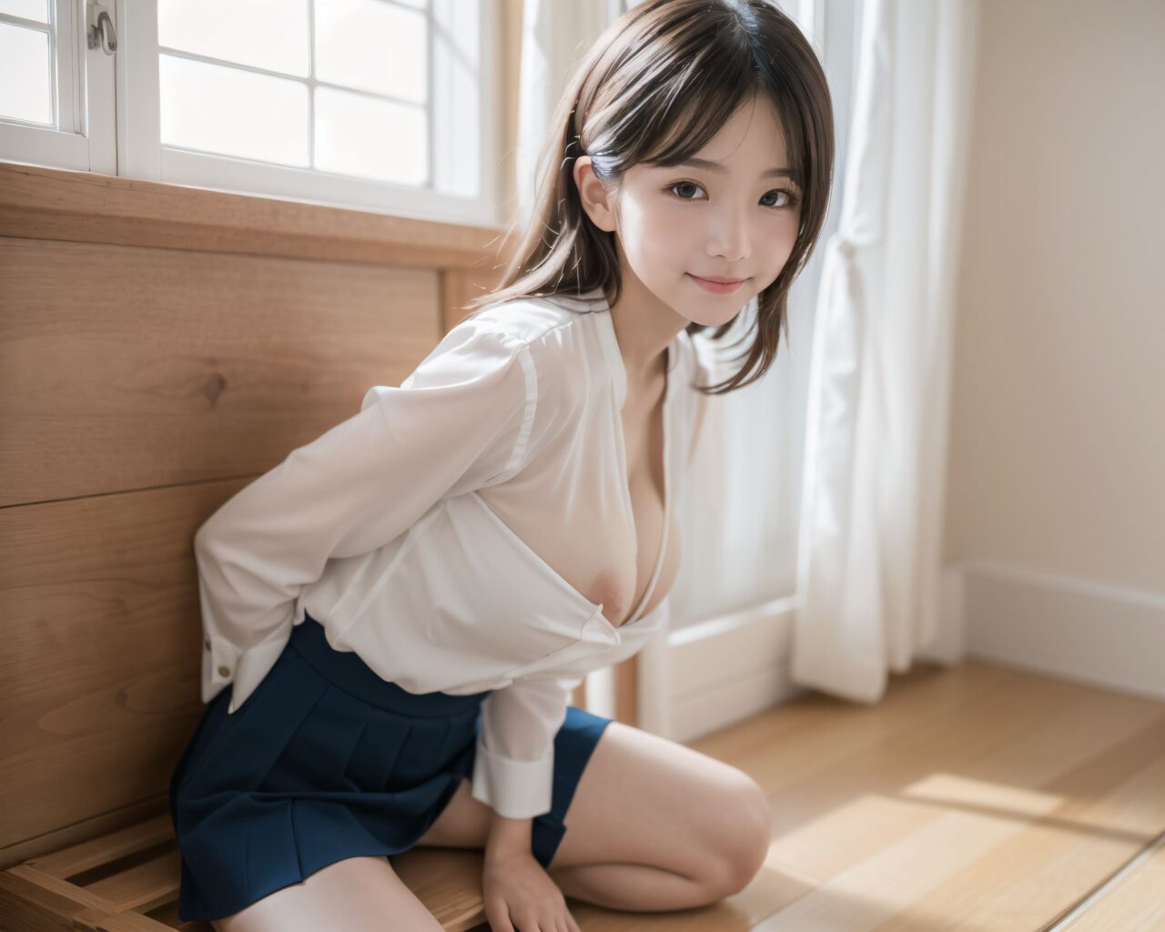 YUKI

((YUKI sitting nervously at the edge of her bed, hands on her knees, skirt slightly lifted, thighs exposed subtly, blushing gently, looking slightly downward, sunlight casting a soft shadow on her skin):1.9),

? ???A 20-year-old Japanese university girl named YUKI, slightly shy and natural, medium-length brown hair, soft natural makeup, school uniform (white blouse, navy skirt, knee socks), innocent and gentle facial features
? ???her cozy bedroom with afternoon sunlight coming through the window, soft lighting, wooden floor, pastel bedsheets
? ??????50mm f/1.4 lens, shallow depth of field, soft warm natural lighting
? ???????4K ultra-detailed, cinematic lighting, photorealistic skin texture


YUKI
[Image Quality] 
(masterpiece:1.9),(best quality of face:1.8),(super impressive beauty:1.5),(drawing everything in great detail:1.5),(extremely detailed skin:1.5),high-resolution,Raw Photo,4k,8k, charm of a young girl,

[YUKI's Summary] 
Her name is YUKI, she has a fairy-like atmosphere, (a beautiful, attractive, clear-skinned, cute 20-year-old girl: 1.65), (healing: 1.37), an innocent expression, a gentle smile, shyness, an embarrassed smile like an idol, embodying the wonder of childhood, a quiet personality, cute. Shy, natural charm,

[facial features]
(gentle expression: 1.35), (child-like face: 1.8), (embarrassed smile: 1.2), (face like a Japanese idol: 1.66), (straight nose: 1.22), (high nose: 1.25), looking into the camera, eye contact, the ideal fusion of innocence and charm, a cute girl popular with boys,

[expressions]
Her facial expression is one that makes you feel like she is trying to understand her own feelings of tension and excitement, and it gives off a sense of hesitant curiosity. Her soft, shining eyes, her flushed cheeks, and her small, nervous smile**, which shows that she is struggling between the desire to be bold and the hesitation to do so, are all worth noting. Her posture is modest, but it also gives the impression of being inquisitive, and it seems as if she is testing her own limits.
Her cheeks are slightly red, her eyes shine gently, she is hesitant, playful and curious, and wants to show herself,

[Hair style]
Her hair is neat and tidy, her eyes are a deep grey that radiate a pure light, she has black hair, stylish short hair, and delicate hair movement,

[Clothing]
She wears a see-through school uniform, lace, thin fabric, and a revealing sailor uniform with intricate designs, adding an innocent charm. The poses show hesitation, expressing complex emotions. The poses exhibit unconscious eroticism and vulnerability, yet also hint at confidence as if overcoming shyness.

[body type]
(beautiful breasts: 1.75), (big breasts), (standing posture of a young girl: 1.57), (childlike body: 1.54),

[pose]
Soft, natural pose, youthful and elegant, fresh and pure pose, (relaxed: 1.56), (sexy pose with knees open: 1.55), her hands are near her cleavage, pose that shows more of her breasts by pulling them together,

[her clothes]
She is wearing a see-through material, sheer clothing, lace, thin fabric, and a revealing summer dress with detailed details, adding an element of innocent charm. There is a sense of hesitation in her pose, which conveys her complex emotions. Her pose is slightly twisted, suggesting weakness, but also showing signs of confidence as if she is trying to overcome her shyness,

[Image Processing]
(4K: 1.26), (Ultra High Resolution: 1.28), (Studio Lighting: 1.17), very detailed RAW color photo, professional-quality photo, (Toddler's Hobby Photo: 1.58), (At-Home Atmosphere Screen: 1.15),
[Shooting Settings]
emphasize cuteness from a low angle, bring out the delicate texture of the hair and clothes Focus on her face, depth of field blur, shallow depth of field,

[Lighting]
Soft natural light for soft shadows, highlighting the youthful contours of her face. Illuminate her face to make it stand out clearly, dark background,
High resolution, detailed graphics, vivid colors, professional quality, ultra-high resolution, clearly depicts every detail,

[Style of work]
surreal, reality, live-action, bright and vibrant colors, the emphasis should be on capturing the moment of emotional conflict, with a balance of bold but unsure charm and innocence. The focus should be on her actions and facial expressions, with a priority on conveying charm and playfulness.