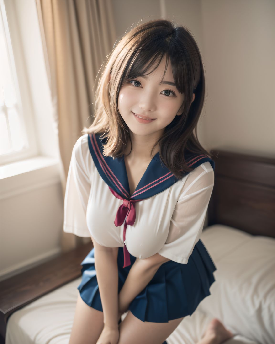 YUKI

((YUKI sitting nervously at the edge of her bed, hands on her knees, skirt slightly lifted, thighs exposed subtly, blushing gently, looking slightly downward, sunlight casting a soft shadow on her skin):1.9),

? ???A 20-year-old Japanese university girl named YUKI, slightly shy and natural, medium-length brown hair, soft natural makeup, school uniform (white blouse, navy skirt, knee socks), innocent and gentle facial features
? ???her cozy bedroom with afternoon sunlight coming through the window, soft lighting, wooden floor, pastel bedsheets
? ??????50mm f/1.4 lens, shallow depth of field, soft warm natural lighting
? ???????4K ultra-detailed, cinematic lighting, photorealistic skin texture


YUKI
[Image Quality] 
(masterpiece:1.9),(best quality of face:1.8),(super impressive beauty:1.5),(drawing everything in great detail:1.5),(extremely detailed skin:1.5),high-resolution,Raw Photo,4k,8k, charm of a young girl,

[YUKI's Summary] 
Her name is YUKI, she has a fairy-like atmosphere, (a beautiful, attractive, clear-skinned, cute 20-year-old girl: 1.65), (healing: 1.37), an innocent expression, a gentle smile, shyness, an embarrassed smile like an idol, embodying the wonder of childhood, a quiet personality, cute. Shy, natural charm,

[facial features]
(gentle expression: 1.35), (child-like face: 1.8), (embarrassed smile: 1.2), (face like a Japanese idol: 1.66), (straight nose: 1.22), (high nose: 1.25), looking into the camera, eye contact, the ideal fusion of innocence and charm, a cute girl popular with boys,

[expressions]
Her facial expression is one that makes you feel like she is trying to understand her own feelings of tension and excitement, and it gives off a sense of hesitant curiosity. Her soft, shining eyes, her flushed cheeks, and her small, nervous smile**, which shows that she is struggling between the desire to be bold and the hesitation to do so, are all worth noting. Her posture is modest, but it also gives the impression of being inquisitive, and it seems as if she is testing her own limits.
Her cheeks are slightly red, her eyes shine gently, she is hesitant, playful and curious, and wants to show herself,

[Hair style]
Her hair is neat and tidy, her eyes are a deep grey that radiate a pure light, she has black hair, stylish short hair, and delicate hair movement,

[Clothing]
She wears a see-through school uniform, lace, thin fabric, and a revealing sailor uniform with intricate designs, adding an innocent charm. The poses show hesitation, expressing complex emotions. The poses exhibit unconscious eroticism and vulnerability, yet also hint at confidence as if overcoming shyness.

[body type]
(beautiful breasts: 1.75), (big breasts), (standing posture of a young girl: 1.57), (childlike body: 1.54),

[pose]
Soft, natural pose, youthful and elegant, fresh and pure pose, (relaxed: 1.56), (sexy pose with knees open: 1.55), her hands are near her cleavage, pose that shows more of her breasts by pulling them together,