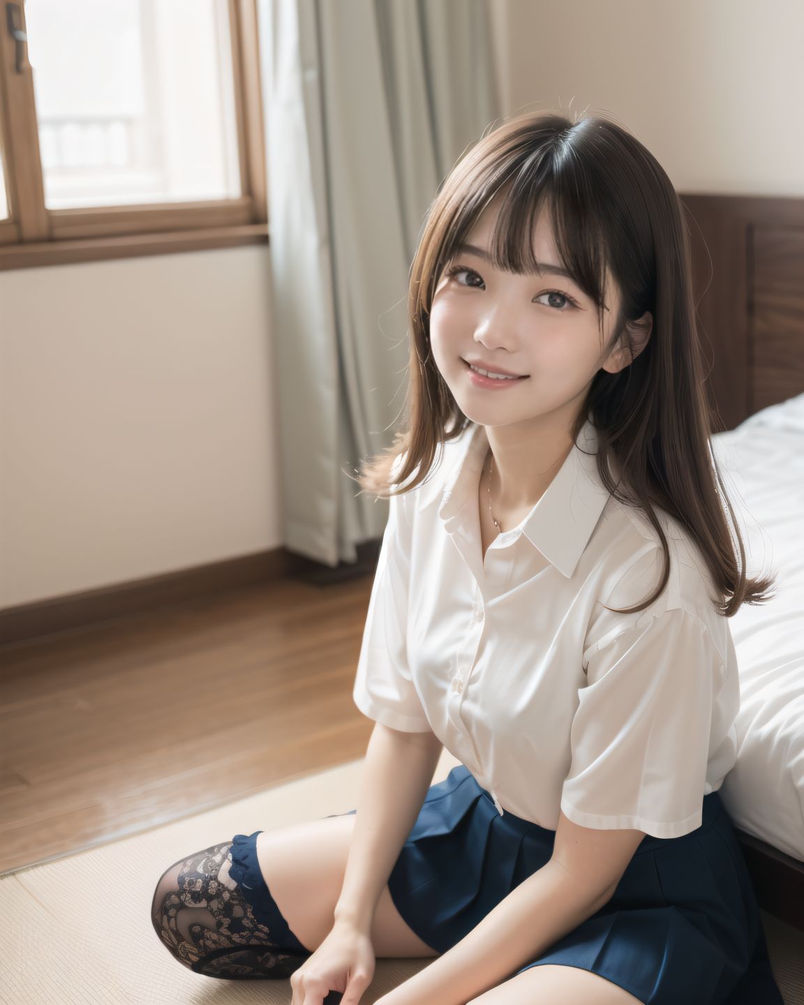 YUKI

((YUKI sitting nervously at the edge of her bed, hands on her knees, skirt slightly lifted, thighs exposed subtly, blushing gently, looking slightly downward, sunlight casting a soft shadow on her skin):1.9),

? ???A 20-year-old Japanese university girl named YUKI, slightly shy and natural, medium-length brown hair, soft natural makeup, school uniform (white blouse, navy skirt, knee socks), innocent and gentle facial features
? ???her cozy bedroom with afternoon sunlight coming through the window, soft lighting, wooden floor, pastel bedsheets
? ??????50mm f/1.4 lens, shallow depth of field, soft warm natural lighting
? ???????4K ultra-detailed, cinematic lighting, photorealistic skin texture


YUKI
[Image Quality] 
(masterpiece:1.9),(best quality of face:1.8),(super impressive beauty:1.5),(drawing everything in great detail:1.5),(extremely detailed skin:1.5),high-resolution,Raw Photo,4k,8k, charm of a young girl,

[YUKI's Summary] 
Her name is YUKI, she has a fairy-like atmosphere, (a beautiful, attractive, clear-skinned, cute 20-year-old girl: 1.65), (healing: 1.37), an innocent expression, a gentle smile, shyness, an embarrassed smile like an idol, embodying the wonder of childhood, a quiet personality, cute. Shy, natural charm,

[facial features]
(gentle expression: 1.35), (child-like face: 1.8), (embarrassed smile: 1.2), (face like a Japanese idol: 1.66), (straight nose: 1.22), (high nose: 1.25), looking into the camera, eye contact, the ideal fusion of innocence and charm, a cute girl popular with boys,

[expressions]
Her facial expression is one that makes you feel like she is trying to understand her own feelings of tension and excitement, and it gives off a sense of hesitant curiosity. Her soft, shining eyes, her flushed cheeks, and her small, nervous smile**, which shows that she is struggling between the desire to be bold and the hesitation to do so, are all worth noting. Her posture is modest, but it also gives the impression of being inquisitive, and it seems as if she is testing her own limits.
Her cheeks are slightly red, her eyes shine gently, she is hesitant, playful and curious, and wants to show herself,

[Hair style]
Her hair is neat and tidy, her eyes are a deep grey that radiate a pure light, she has black hair, stylish short hair, and delicate hair movement,

[Clothing]
She wears a see-through school uniform, lace, thin fabric, and a revealing sailor uniform with intricate designs, adding an innocent charm. The poses show hesitation, expressing complex emotions. The poses exhibit unconscious eroticism and vulnerability, yet also hint at confidence as if overcoming shyness.