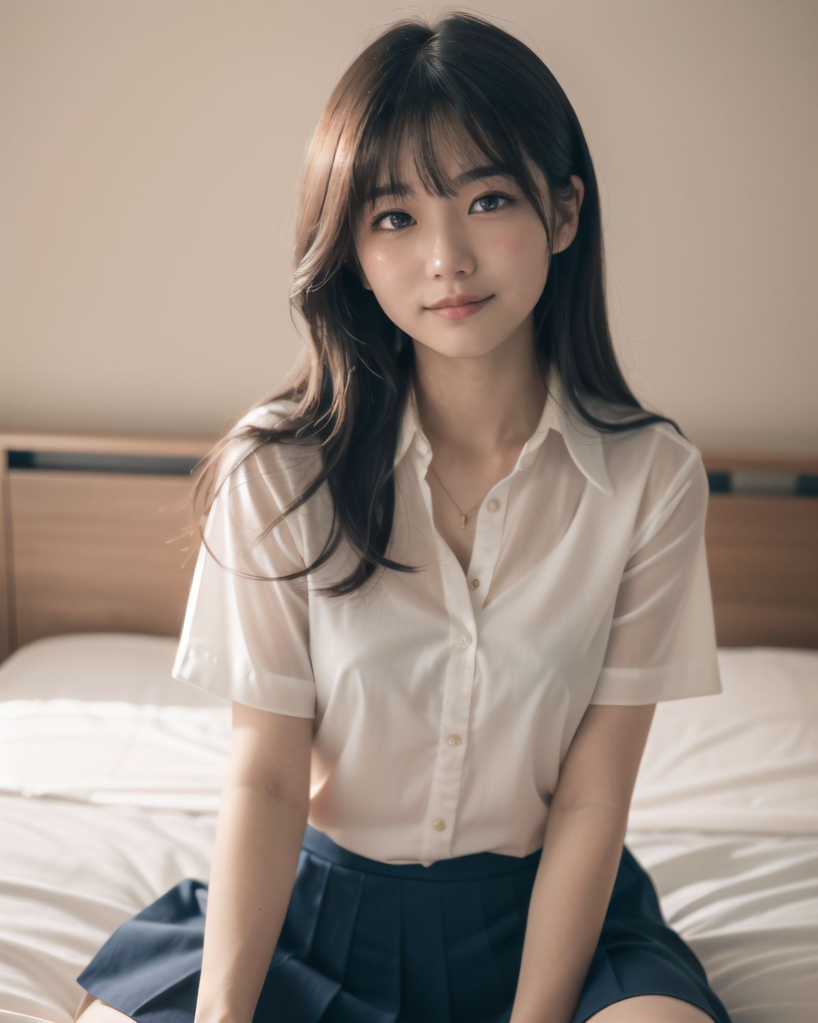 YUKI

((YUKI sitting nervously at the edge of her bed, hands on her knees, skirt slightly lifted, thighs exposed subtly, blushing gently, looking slightly downward, sunlight casting a soft shadow on her skin):1.9),

? ???A 20-year-old Japanese university girl named YUKI, slightly shy and natural, medium-length brown hair, soft natural makeup, school uniform (white blouse, navy skirt, knee socks), innocent and gentle facial features
? ???her cozy bedroom with afternoon sunlight coming through the window, soft lighting, wooden floor, pastel bedsheets
? ??????50mm f/1.4 lens, shallow depth of field, soft warm natural lighting
? ???????4K ultra-detailed, cinematic lighting, photorealistic skin texture


YUKI
[Image Quality] 
(masterpiece:1.9),(best quality of face:1.8),(super impressive beauty:1.5),(drawing everything in great detail:1.5),(extremely detailed skin:1.5),high-resolution,Raw Photo,4k,8k, charm of a young girl,

[YUKI's Summary] 
Her name is YUKI, she has a fairy-like atmosphere, (a beautiful, attractive, clear-skinned, cute 20-year-old girl: 1.65), (healing: 1.37), an innocent expression, a gentle smile, shyness, an embarrassed smile like an idol, embodying the wonder of childhood, a quiet personality, cute. Shy, natural charm,