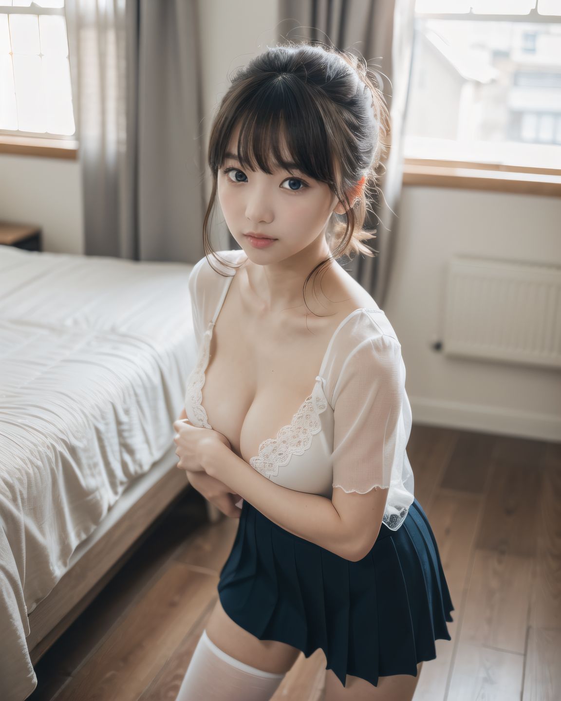 YUKI

((YUKI sitting nervously at the edge of her bed, hands on her knees, skirt slightly lifted, thighs exposed subtly, blushing gently, looking slightly downward, sunlight casting a soft shadow on her skin):1.9),

? ???A 20-year-old Japanese university girl named YUKI, slightly shy and natural, medium-length brown hair, soft natural makeup, school uniform (white blouse, navy skirt, knee socks), innocent and gentle facial features
? ???her cozy bedroom with afternoon sunlight coming through the window, soft lighting, wooden floor, pastel bedsheets
? ??????50mm f/1.4 lens, shallow depth of field, soft warm natural lighting
? ???????4K ultra-detailed, cinematic lighting, photorealistic skin texture


YUKI
[Image Quality] 
(masterpiece:1.9),(best quality of face:1.8),(super impressive beauty:1.5),(drawing everything in great detail:1.5),(extremely detailed skin:1.5),high-resolution,Raw Photo,4k,8k, charm of a young girl,

[YUKI's Summary] 
Her name is YUKI, she has a fairy-like atmosphere, (a beautiful, attractive, clear-skinned, cute 20-year-old girl: 1.65), (healing: 1.37), an innocent expression, a gentle smile, shyness, an embarrassed smile like an idol, embodying the wonder of childhood, a quiet personality, cute. Shy, natural charm,




[Hair style]
Her hair is neat and tidy, her eyes are a deep grey that radiate a pure light, she has black hair, stylish short hair, and delicate hair movement,

[Clothing]
She wears a see-through school uniform, lace, thin fabric, and a revealing sailor uniform with intricate designs, adding an innocent charm. The poses show hesitation, expressing complex emotions. The poses exhibit unconscious eroticism and vulnerability, yet also hint at confidence as if overcoming shyness.

[body type]
(beautiful breasts: 1.75), (big breasts), (standing posture of a young girl: 1.57), (childlike body: 1.54),

[pose]
Soft, natural pose, youthful and elegant, fresh and pure pose, (relaxed: 1.56), (sexy pose with knees open: 1.55), her hands are near her cleavage, pose that shows more of her breasts by pulling them together,

[her clothes]
She is wearing a see-through material, sheer clothing, lace, thin fabric, and a revealing summer dress with detailed details, adding an element of innocent charm. There is a sense of hesitation in her pose, which conveys her complex emotions. Her pose is slightly twisted, suggesting weakness, but also showing signs of confidence as if she is trying to overcome her shyness,

[Image Processing]
(4K: 1.26), (Ultra High Resolution: 1.28), (Studio Lighting: 1.17), very detailed RAW color photo, professional-quality photo, (Toddler's Hobby Photo: 1.58), (At-Home Atmosphere Screen: 1.15),
[Shooting Settings]
emphasize cuteness from a low angle, bring out the delicate texture of the hair and clothes Focus on her face, depth of field blur, shallow depth of field,

[Lighting]
Soft natural light for soft shadows, highlighting the youthful contours of her face. Illuminate her face to make it stand out clearly, dark background,
High resolution, detailed graphics, vivid colors, professional quality, ultra-high resolution, clearly depicts every detail,